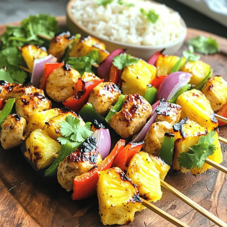 - 1 lb chicken breast - 1 fresh pineapple - 1 red bell pepper - 1 green bell pepper - 1 small red onion - 3 tablespoons soy sauce - 2 tablespoons honey - 2 tablespoons olive oil - 2 cloves garlic - 1 teaspoon freshly grated ginger - 1 teaspoon ground black pepper - Skewers The main ingredients for Pineapple Chicken Kabobs are simple yet flavorful. First, you need one pound of chicken breast. Cut it into bite-sized cubes. This will help it cook evenly on the grill. Next, grab a fresh pineapple. Peel, core, and cut it into chunks, just like the chicken. The sweetness of the pineapple balances the savory chicken perfectly. You’ll also need colorful bell peppers. I suggest using one red and one green bell pepper. Cut them into pieces that match the size of the chicken and pineapple. A small red onion adds great flavor. Cut it into wedges for grilling. Now, let’s talk about the marinade. Combine soy sauce, honey, olive oil, minced garlic, freshly grated ginger, and ground black pepper in a bowl. This mix brings out the best in your kabobs. - Additional seasonings - Coconut rice or a green salad You might want to add extra seasonings to personalize your kabobs. Things like chili flakes or cumin can add a nice kick. For serving, consider pairing your kabobs with coconut rice or a crisp green salad. These sides add freshness to your meal and make it more filling. For the full recipe, check out the details above! Start by whisking together the marinade ingredients. In a large bowl, mix soy sauce, honey, olive oil, garlic, ginger, and black pepper. Make sure everything blends well. This marinade adds flavor to the chicken. Letting the chicken soak in it makes a big difference. The longer you marinate, the more flavor the chicken gets. Aim for at least 30 minutes, but two hours is even better. Next, add the cubed chicken breast to the marinade. Stir it well to coat each piece evenly. You want each cube to soak in that tasty mix. Cover the bowl tightly with plastic wrap or a lid. Place it in the fridge to chill. This helps the flavors blend into the chicken. For best results, let it marinate for up to two hours. Now it's time to fire up the grill. Preheat your grill to medium-high heat. This ensures the kabobs cook quickly and evenly. While the grill heats up, prepare your skewers. Thread the marinated chicken, pineapple, bell peppers, and red onion onto the skewers. Alternate the ingredients for a colorful look. Once the grill is ready, place the kabobs on it. Cook for about 10 to 15 minutes. Remember to turn them occasionally. This helps them cook evenly and gives nice grill marks. The chicken needs to reach an internal temperature of 165°F (75°C) to be safe to eat. Check out the Full Recipe for a complete cooking guide. To get the best grill marks on your kabobs, turn them carefully. Use tongs instead of a fork to avoid piercing the meat. This helps keep the juices inside. Grill the kabobs for about 10-15 minutes. Turn them every few minutes for even cooking. Watch closely to avoid overcooking. The chicken should be tender and juicy, not dry. For sides, consider coconut rice or a fresh green salad. These add a nice balance to the kabobs. When serving, place the kabobs on a large platter. Surround them with extra pineapple and colorful peppers. This makes the dish pop! Garnish with fresh herbs like cilantro or parsley. It adds a bright touch that enhances the dish's look. Feel free to get creative with your marinade. Add spices like cumin or paprika for a twist. Fresh herbs such as basil or thyme also work well. For sweetness, try maple syrup or agave nectar instead of honey. Each choice changes the flavor profile, keeping it fresh and exciting. You can find the full recipe for these tasty kabobs to explore all the options! {{image_4}} You can switch up the protein in your kabobs. Shrimp and beef work great. Shrimp cooks fast and adds a nice ocean taste. Beef gives a hearty bite that pairs well with pineapple. For a vegetarian option, use firm tofu or mushrooms. Both soak up the marinade well and taste fantastic. Herbs and spices can change the kabob's flavor. Fresh cilantro or basil adds a bright touch. You can also use a dash of cayenne for heat. For dips, try a sweet chili sauce or a zesty yogurt sauce. Both enhance the overall taste and keep things interesting. If you cannot grill, you can bake these kabobs. Preheat your oven to 400°F (200°C). Place the kabobs on a baking sheet and cook for about 20 minutes. Flip them halfway for even cooking. You can also use an air fryer. Set it to 375°F (190°C) and cook for 10-12 minutes. This method gives you a crispy outside while keeping the inside juicy. To keep your Pineapple Chicken Kabobs fresh, refrigerate them right after they cool. Use an airtight container to store them. This helps to keep the flavors intact and prevents drying out. When stored properly, they can last up to three days in the fridge. For reheating, I recommend using an oven or a skillet. Preheat your oven to 350°F (175°C). Place the kabobs on a baking sheet and cover them with foil. Heat for about 10-15 minutes, or until warm. If you're using a skillet, add a little oil to prevent sticking. Heat on medium and turn the kabobs gently until warmed through. You can freeze kabobs before or after cooking. To freeze before cooking, assemble the kabobs as usual but do not grill them. Wrap each skewer tightly in plastic wrap and place them in a freezer bag. They can last up to three months. To freeze cooked kabobs, let them cool completely first. Then, store them in an airtight container or freezer bag. This will help preserve their taste and texture. When you're ready to use frozen kabobs, thaw them in the fridge overnight. If you need them quickly, you can use the microwave's defrost setting. After thawing, reheat them according to the tips above for the best results. To make Pineapple Chicken Kabobs, you first prepare your ingredients. Gather these items: - 1 lb chicken breast, cut into 1-inch cubes - 1 fresh pineapple, peeled, cored, and cut into 1-inch chunks - 1 red bell pepper, cut into 1-inch pieces - 1 green bell pepper, cut into 1-inch pieces - 1 small red onion, cut into wedges Next, you create a marinade with: - 3 tablespoons soy sauce - 2 tablespoons honey - 2 tablespoons olive oil - 2 cloves garlic, minced - 1 teaspoon freshly grated ginger - 1 teaspoon ground black pepper Mix the marinade in a bowl. Then, add the chicken cubes, ensuring they are well coated. Cover and refrigerate for at least 30 minutes. While it marinates, chop the pineapple and vegetables. Once ready, thread the chicken, pineapple, and veggies onto skewers. Grill them for 10-15 minutes, turning for even cooking. To marinate chicken effectively, use a mix of acid and oil. This combo helps flavor the meat and keeps it moist. Here are some tips: - Use a bowl that can hold all the chicken and marinade. - Coat every piece of chicken well. - Cover the bowl tightly to keep the flavors in. - Marinate for at least 30 minutes, but 2 hours is even better. Longer marinating times allow the chicken to absorb more flavors. Just be careful not to marinate for too long, as the acid can make the chicken mushy. You can use canned pineapple in your kabobs. However, there are a few things to keep in mind: - Canned pineapple is softer than fresh. This can change the texture of your kabobs. - The flavor might be less bright compared to fresh pineapple. - Rinse the canned pineapple to reduce excess syrup. Using fresh pineapple gives a nice crunch and bright flavor. But if canned is what you have, it can still work in a pinch! For the full recipe, check out the details above. Pineapple chicken kabobs are fun and tasty. The recipe is simple, using key ingredients like chicken, pineapple, bell peppers, and a marinade. You learned how to prepare the marinade, marinate the chicken, and grill it perfectly. Remember, you can mix flavors and try different proteins or cooking methods. Enjoy these kabobs with your favorite sides. They’ll impress your friends and family at any gathering. Don't forget to store leftovers properly for another meal. Happy grilling!