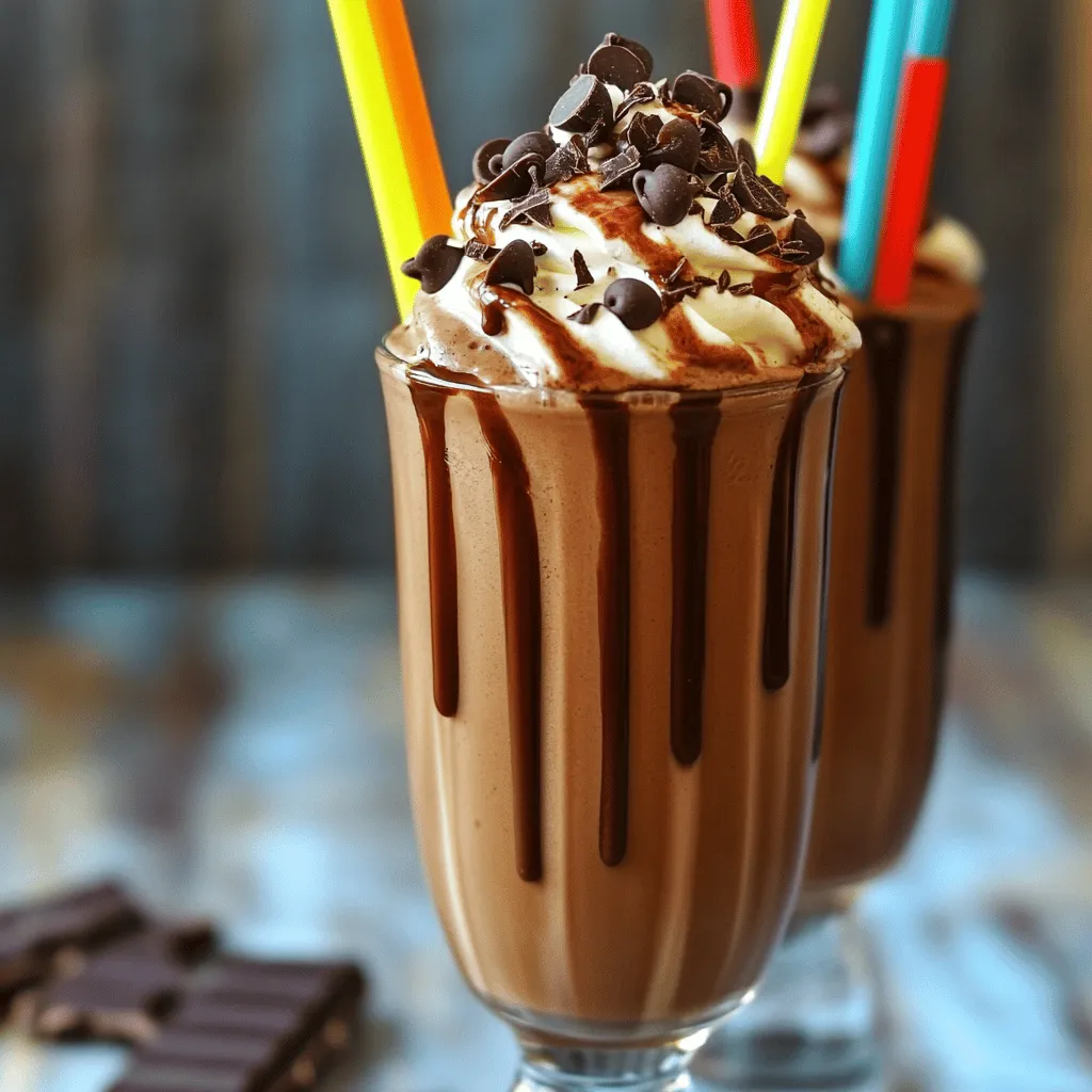 To make the perfect Double Chocolate Espresso Shake, you need a few key ingredients: - 2 cups rich chocolate ice cream - 1 cup milk (dairy or your favorite plant-based alternative) - 2 shots of robust espresso (or ½ cup of strong brewed coffee, cooled) - ¼ cup luscious chocolate syrup (plus extra for drizzling) - 2 tablespoons unsweetened cocoa powder - A pinch of sea salt These ingredients bring together that deep chocolate flavor and strong coffee kick. The chocolate ice cream makes it creamy, and the espresso adds a nice boost. The cocoa powder deepens the flavor even more, while the sea salt enhances all the tastes. To make your shake even more delightful, consider adding these toppings: - Whipped cream (for a delightful topping) - Chocolate shavings or chips (for a decadent garnish) Whipped cream adds a fluffy texture, while chocolate shavings add a nice crunch. You can also drizzle extra chocolate syrup over the top for a sweet finish. If you want to change things up, here are some great substitutions: - Use vanilla ice cream instead of chocolate for a lighter shake. - Swap the espresso for instant coffee for a quick fix. - Use almond milk or oat milk for a dairy-free version. These substitutions can help you create a shake that fits your taste or dietary needs. Whether you want a classic or a twist, the Double Chocolate Espresso Shake is flexible and fun. For the full recipe, see above. Step 1: Blending the Ingredients Start by gathering your ingredients. You need chocolate ice cream, milk, espresso, chocolate syrup, cocoa powder, and a pinch of sea salt. Add all these items into a high-powered blender. Blend on high speed. You want a smooth and creamy texture. This should take about 30 seconds to a minute. The mixture should look thick and luscious. Step 2: Adjusting Consistency If your shake is too thick, don’t worry. Just add a little more milk. Add one tablespoon at a time. Blend after each addition until you get your perfect consistency. Sample the shake. If it needs more sweetness, add extra chocolate syrup. Blend again to mix it well. How to Serve the Shake Pour the shake into tall, chilled glasses. This makes the drink look fancy and fun. Top each shake with a generous amount of whipped cream. Drizzle extra chocolate syrup on the whipped cream. Finally, sprinkle chocolate shavings or chips on top. This adds a nice touch and makes it look delicious. Glassware Recommendations Choose tall glasses for serving. Clear glasses let you see the beautiful layers of chocolate and cream. Fun straws can make the drink more exciting. You can also add a small plate of chocolate shavings for guests. This way, they can add more if they want. Enjoy your delightful Double Chocolate Espresso Shake! To get a thick and creamy shake, use rich chocolate ice cream. The ice cream makes the shake smooth and delicious. Blend the ingredients well for a few minutes. If it seems too thick, add more milk. Start with a tablespoon and blend again. Keep blending until you find your favorite texture. Taste your shake after blending. If it needs more sweetness, add chocolate syrup. Do this slowly. Start with one tablespoon, blend, and taste again. You can always add more, but it's hard to take sweetness away. This way, you can make the shake just right for you. To elevate the flavor, add a pinch of sea salt. Salt brings out the rich chocolate taste. You can also try adding a splash of vanilla extract for extra depth. If you want a coffee kick, add a bit more espresso. Experiment to find the mix you love most. For the full recipe, follow the steps and enjoy your creation! {{image_4}} Low-Calorie Options You can make a lighter version of the Double Chocolate Espresso Shake. Use low-fat chocolate ice cream or frozen yogurt instead of regular ice cream. Swap full-fat milk for almond milk or skim milk. These changes cut calories but keep the flavor rich and delicious. You still get that chocolate and espresso kick! Dairy-Free Adaptations If you want a dairy-free shake, use plant-based ice cream, like coconut or almond. Choose non-dairy milk, such as soy or oat milk. These swaps make the shake creamy without dairy. Plus, they add their unique flavors, enhancing your drink. Add-Ins You can elevate your shake with fun add-ins. Try a splash of mint extract for a fresh twist, or add a teaspoon of vanilla extract for warmth. Chocolate lovers can toss in chocolate chips for extra texture. These little tweaks can change the whole vibe of your shake. Seasonal Twists Change up your shake with seasonal flavors. In fall, mix in pumpkin puree and pumpkin spice for warmth. In summer, blend in fresh berries for a fruity twist. These seasonal variations keep the shake exciting all year long. Enjoy exploring different flavors and finding your favorites! To keep your Double Chocolate Espresso Shake fresh, store it in an airtight container. Glass jars work well for this. Make sure to seal it tight. If you have some shake left, avoid leaving it out. It can melt and lose its creamy texture. When it comes to shakes like this, reheating isn’t the best option. Instead, if your shake has thickened, give it a good stir. You can also add a splash of milk to bring back its creamy feel. Blend again if needed to mix well. Your delicious shake stays good in the fridge for about 1 to 2 days. After that, it may lose its rich taste. If you freeze it, it lasts for about a month. Just remember to let it thaw in the fridge before enjoying it again. For the best taste, enjoy it fresh! For the full recipe, check back to the ingredients list. Yes, you can use instant coffee. Mix 1-2 tablespoons of instant coffee with hot water. This gives you a strong coffee flavor similar to espresso. It’s quick and easy. Just let it cool before adding it to your shake. If you don’t have chocolate syrup, try using melted dark chocolate. You can also use cocoa powder mixed with a little honey or maple syrup. This gives a rich taste and can be healthier too. Absolutely! To make a vegan shake, swap the chocolate ice cream for a dairy-free version. Use almond milk or oat milk instead of regular milk. Make sure your chocolate syrup is plant-based too. It’s still creamy and delicious! To reduce the sweetness, cut back on chocolate syrup. You can also add more milk or ice cream. Unsweetened cocoa powder is another great choice to balance sweetness. Taste as you go to find your perfect mix. In this post, we explored how to make a double chocolate espresso shake. We covered the key ingredients, step-by-step preparation, and serving tips. I shared ways to adjust texture and sweetness for your taste. You can even try fun variations and healthier options. Whether you prefer a classic shake or a unique twist, you now have the tools to create it. Enjoy your shake, and keep experimenting!