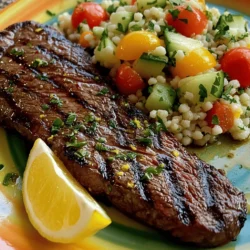 - 1 lb skirt steak - 2 tablespoons olive oil - 2 tablespoons fresh lemon juice - Zest of 1 lemon - 2 cloves garlic, minced - 1 teaspoon smoked paprika - Salt and pepper to taste - 1 cup couscous - 1 ¼ cups vegetable broth - 1 cup cherry tomatoes, halved - ½ cup cucumber, diced - ¼ cup fresh parsley, chopped - ¼ cup fresh mint, chopped - ½ teaspoon cumin - Extra lemon wedges for serving Choosing good ingredients makes a big difference in taste. For the skirt steak, look for bright red color and good marbling. This helps keep the meat juicy and tender. When picking olive oil, choose one that smells fresh. Fresh lemon juice adds a bright, zesty flavor. Use firm, ripe tomatoes and crisp cucumbers for the couscous salad. Fresh herbs like parsley and mint add a burst of flavor. - Common Measurements: - 1 tablespoon = 3 teaspoons - 1 cup = 8 fluid ounces - 1 pound = 16 ounces - Tips on Selecting Fresh Ingredients: - For herbs, choose vibrant green leaves without wilting. - Select cucumbers that are firm and smooth. - Look for tomatoes with a rich red color and no blemishes. Getting the right measurements helps ensure your dish turns out well. Always use fresh ingredients for the best flavor. For more cooking ideas, check the Full Recipe for Sizzling Citrus Skirt Steak with Herbed Couscous. Marinating is key to a tasty skirt steak. It helps the meat soak in flavors. Aim for at least 30 minutes, but 2 hours is better. To coat the steak, use a resealable bag or a shallow dish. Pour the marinade over the steak and seal it well. Make sure every part of the steak gets coated. This step ensures a juicy and flavorful dish. Start by bringing 1 ¼ cups of vegetable broth to a boil. Once it boils, take it off the heat. Add 1 cup of couscous, stirring quickly. Cover the pot and let it sit for 5 minutes. This allows the couscous to absorb the broth. After 5 minutes, fluff it with a fork. It should be light and fluffy. Next, add chopped cherry tomatoes, diced cucumber, parsley, mint, and cumin. Toss everything together, and season with salt and pepper. For grilling, preheat your grill to medium-high heat. Remove the skirt steak from the marinade and let the extra drip off. Grill it for about 3-4 minutes per side for medium-rare. Adjust the time if you want it more or less cooked. After grilling, let the steak rest for 5 minutes. This helps the juices stay inside, making it tender. When ready, slice it thinly against the grain for the best texture. Enjoy the grilled skirt steak with your lemon herb couscous! Check out the Full Recipe for detailed ingredients and steps. For extra flavor, consider adding these ingredients to the marinade: - 1 tablespoon of soy sauce - 1 tablespoon of honey - A pinch of red pepper flakes These additions bring depth and a hint of sweetness. When marinating, let the steak soak for at least 30 minutes. For best results, marinate for up to 2 hours. This allows the flavors to really soak in. Use a resealable bag or a shallow dish. Make sure the steak is covered in the marinade. To make your couscous fluffier, use a fork to fluff it after resting. This separates the grains and adds lightness. If you want to change up the flavor, try using chicken broth instead of vegetable broth. You can also add a bit of olive oil to the boiling broth for richness. To get nice grill marks, preheat your grill or grill pan. Sear the skirt steak for about 3-4 minutes on each side. Do not move the steak around; let it sit for those minutes. If you use a grill pan, you can still get those marks, but an outdoor grill often gives a better char. Follow these tips, and you will enjoy a meal that impresses everyone. For the complete recipe, check the Full Recipe section. {{image_4}} If you want to swap out skirt steak, try flank steak or hanger steak. Both cuts have great flavor and work well with the same marinade. For a lighter option, use chicken breast. Just remember to adjust the cooking time; chicken takes longer to cook. For a vegetarian twist on couscous, use quinoa or farro. These grains offer tasty and healthy options. You can also add chickpeas for extra protein. They blend perfectly with the lemon herb flavor. Feel free to play with herbs and spices. Fresh basil or cilantro can add a different taste. You might also try adding chili flakes for a little heat. When it comes to citrus, lime or orange juice can change the entire profile of the dish. Try using lime juice instead of lemon for a zesty kick. You can even mix citrus juices for a unique flavor. Plating can enhance the meal. Try stacking the sliced steak on top of the couscous. This makes a beautiful presentation. Another idea is to serve the steak on a wooden board with couscous in a bowl next to it. As for side dishes, consider a fresh green salad or grilled vegetables. These pair well with the steak and couscous. The bright colors and flavors will make your meal pop! For the full recipe, check out the complete instructions to create this delicious dish. To keep your grilled skirt steak and couscous fresh, follow these tips: - Allow the food to cool to room temperature. - Place the steak and couscous in airtight containers. - Store in the fridge within two hours of cooking. This will help keep flavors intact. In the fridge, skirt steak can last about 3 to 4 days. Couscous will stay good for about the same time. Always check for any signs of spoilage before eating. When it comes to reheating, you want to keep your steak juicy. The best methods are: - Use a microwave on low power for the steak. - Heat couscous in a saucepan with a splash of water. To avoid dryness, cover the steak with a damp paper towel in the microwave. For couscous, a bit of water will help it steam back to life. Stir both while reheating for even warmth. Yes, you can freeze leftovers! Here’s how: - Wrap the skirt steak tightly in plastic wrap. - Place couscous in a freezer-safe bag, removing as much air as possible. To thaw, place the steak in the fridge overnight. For couscous, you can reheat it directly from frozen, adding a little water if needed. This method keeps your meal tasty for up to three months. The best way to cook skirt steak is on a grill. Heat your grill to medium-high. Marinate the steak for at least 30 minutes. This step adds flavor and tenderizes the meat. When ready, place the steak on the grill for about 3-4 minutes per side. This timing gives you a medium-rare result. You can adjust the time for your preferred doneness. A quick sear locks in juices and gives a nice crust. To check if your steak is cooked right, use a meat thermometer. Insert the thermometer into the thickest part of the steak. Aim for 130°F for medium-rare. You can also use visual cues. Look for juices running clear and a nice brown crust. Another trick is to feel the steak. A tender steak means it is done. Yes, you can make couscous ahead of time. Cook it and let it cool completely. Store it in an airtight container in the fridge. It will stay fresh for up to three days. When ready to serve, you can reheat it gently. Sprinkle a bit of water to add moisture. This way, you save time on busy days. Follow the Full Recipe for perfect couscous every time! In this blog post, we explored how to create a delicious dish featuring skirt steak and couscous. We discussed ingredient selection, marinating techniques, and grilling tips to elevate your meal. Remember to use fresh herbs and spices for the best flavors. Keep your couscous fluffy with the right cooking methods. Cooking is fun and rewarding. You can always adjust flavors and ingredients to match your taste. Try different proteins and serving styles to keep things exciting. Enjoy your cooking journey!