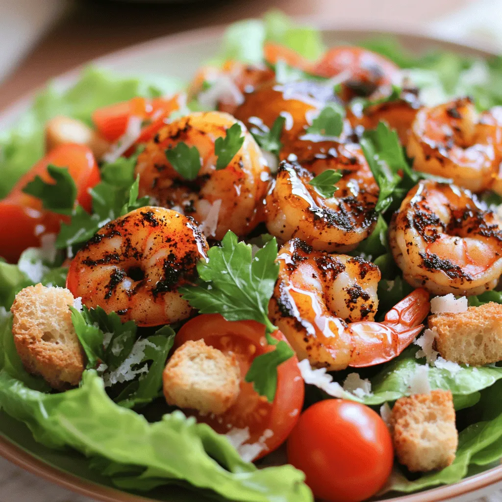 - 1 pound large shrimp, peeled and deveined - 2 tablespoons blackening seasoning - 1 tablespoon olive oil - 3 cups romaine lettuce, chopped into bite-sized pieces - 1 cup cherry tomatoes, halved - 1/2 cup crunchy croutons - 1/4 cup freshly grated Parmesan cheese - 2 tablespoons hot honey (or mix regular honey with chili flakes) - 1 tablespoon freshly squeezed lemon juice - Salt and pepper to taste - Fresh parsley - Chives To create the Hot Honey Blackened Shrimp Caesar Salad, start with fresh shrimp. I love using large shrimp because they hold up well. Blackening seasoning gives them a great flavor and a nice kick. Olive oil helps the spices stick and adds richness. Next, you need crisp romaine lettuce. It adds a refreshing crunch. Cherry tomatoes brighten the dish with color and taste. Croutons give it that satisfying crunch. Parmesan cheese brings a savory note that pairs well. Hot honey is the star here. It adds sweetness and spice. A squeeze of lemon juice adds brightness. Don’t forget to season with salt and pepper to enhance the flavors. For a finishing touch, you can add fresh parsley or chives. They add color and a burst of freshness. This salad is not just a meal; it’s a flavor explosion! For the full recipe, check out the detailed steps to make this dish. To start, grab your shrimp and a medium mixing bowl. Combine the shrimp with blackening seasoning. I like to use two tablespoons for a good kick. Next, add one tablespoon of olive oil. Toss the shrimp well. Make sure every piece is coated with the spices. This step brings out the bold flavors. Now, heat your skillet on medium-high. It should be hot before adding the shrimp. Cook them for about 2 to 3 minutes on each side. You want them to turn opaque and have a slight char. After cooking, remove the skillet from the heat. Drizzle hot honey over the shrimp while they are still warm. This adds a sweet kick that makes the dish special. In a large salad bowl, mix the chopped romaine lettuce with halved cherry tomatoes. Add the crunchy croutons and freshly grated Parmesan cheese. Toss everything gently to combine. This step makes sure each bite has a bit of everything. Now, carefully place the blackened shrimp atop the salad. Spread them out evenly for a nice look. Finally, garnish your salad with freshly chopped parsley or chives. This adds a pop of color and freshness. For the full recipe, check the detailed instructions provided. When you pick shrimp, fresh is often best. Fresh shrimp has a sweet taste and a nice snap. If fresh shrimp isn’t available, frozen shrimp can work well too. Just make sure to thaw it properly. For size, I recommend large shrimp. They cook evenly and provide a nice bite. Look for shrimp that are about 16 to 20 per pound. This size holds up well in salads. Adjusting seasoning can make a big difference. If you like more heat, add extra blackening seasoning. You can also play with the amount of hot honey. It adds a sweet and spicy kick that makes the dish shine. For a fun twist, try different honey types. You can use orange blossom or wildflower honey. Each will bring a new layer of flavor to your dish. Serving in chilled bowls keeps the salad fresh and crisp. A cold bowl enhances the taste of the ingredients. When you drizzle hot honey, do it lightly over the shrimp. This not only looks nice but adds extra flavor. You can also sprinkle fresh parsley or chives on top. This gives a pop of color and freshness to your salad. These tips will help you create a stunning Hot Honey Blackened Shrimp Caesar Salad. For the full recipe, check out the detailed steps above. {{image_4}} You can switch up the shrimp for other seafood like scallops or fish. They will also soak up the blackening spices well. If you prefer, grilled chicken is a great choice too. It adds a nice char and goes well with the hot honey. Just season it the same way and cook until it’s juicy and tender. If you want a creamier touch, try using a classic Caesar dressing. It adds a rich flavor that pairs nicely with the shrimp. For those who prefer vegan options, look for a plant-based Caesar dressing. These dressings can give you that creamy texture without any animal products. Consider mixing in some greens like spinach or arugula. They add a fresh crunch. Roasting vegetables like bell peppers or zucchini can also enhance your dish. They bring out natural sweetness and add depth to the salad. Don’t hesitate to experiment with your favorite veggies! For the Full Recipe, check the previous sections. - Storing leftovers: Place any leftover shrimp Caesar salad in an airtight container. This keeps the shrimp and salad fresh for about 2 days. - Best practices for freshness: Always cool the salad before sealing it. Avoid leaving it out at room temperature for over 2 hours to ensure food safety. - How to freeze shrimp salad: It’s best to freeze the shrimp separately from the salad. Place shrimp in a freezer-safe bag, and remove as much air as possible. The salad can get soggy when frozen. - Thawing tips: To thaw, move the shrimp to the fridge overnight. For a quick option, run the bag under cold water. Do not refreeze cooked shrimp. To turn up the heat, add more blackening seasoning. You can also mix in sliced jalapeños. Another option is to use a spicier hot honey. Consider using a chili sauce for extra flavor. Yes, you can prep parts of this salad ahead of time. Chop the lettuce and veggies a day before. Store them in airtight bags or containers. Cook the shrimp and add them just before serving for the best taste. For a low-carb option, use leafy greens like spinach or kale. You can skip croutons or use a low-carb alternative. Instead of honey, consider using a sugar-free sweetener to keep it keto-friendly. Pair this salad with garlic bread for a tasty side. A light soup also complements it well. Serve it alongside grilled veggies for a colorful plate. For a drink, iced tea or lemon water adds a refreshing touch. For the detailed preparation steps, check out the Full Recipe. This blog post covered a delicious shrimp salad with a zesty twist. We explored the main ingredients, like shrimp, blackening seasoning, and fresh veggies. I shared step-by-step cooking instructions to ensure your shrimp turn out perfect. Remember to play with flavors and garnishes to make it your own. In conclusion, this salad is easy to make and full of flavor. You can adjust the recipe to suit your taste. Enjoy experimenting with different proteins and dressings. This dish is sure to impress at your next meal.
