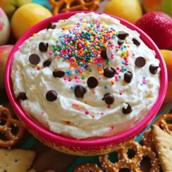 To whip up a tasty sugar cookie dip, gather these key items: - 1 cup cream cheese, softened to room temperature - 1 cup powdered sugar - 1/2 cup unsalted butter, softened - 1 teaspoon vanilla extract - 1/2 teaspoon almond extract - 1 cup mini chocolate chips - 1/4 cup rainbow sprinkles These ingredients come together to create a creamy and sweet dip that everyone will love. Now, let’s talk about what you can dip into this delightful treat. Here are some great options: - Graham crackers - Pretzels - Fresh fruit like strawberries and apple slices These dippables add fun and variety to your serving. Each one brings a new flavor and texture to the experience. Want to make your dip even more special? Consider adding these flavor boosters: - A pinch of cinnamon for warmth - Extra vanilla for a richer taste - A splash of milk for a creamier texture These enhancements can take your sugar cookie dip to the next level. Experiment with them to find your perfect blend. For the full recipe, check the detailed instructions. To start, gather your ingredients. You need cream cheese, butter, powdered sugar, and extracts. I like to use room temperature cream cheese and butter. This step helps make your dip super smooth. 1. In a large bowl, mix the softened cream cheese and unsalted butter. 2. Use an electric mixer on medium speed. Beat them until smooth and creamy. 3. Make sure there are no lumps. This will take about two minutes. Next, we’ll add the powdered sugar. Slowly sprinkle it into the bowl while mixing. This helps keep your dip fluffy. Mix until it’s light and fluffy. This usually takes around 2-3 minutes. - After that, add the vanilla and almond extracts. - Blend well to spread the flavors evenly. Finally, fold in the mini chocolate chips and rainbow sprinkles. Use a spatula for this step. Gently mix until everything is combined. Now it’s time to serve! Transfer the dip into a bowl. Smooth the top for a nice look. You can add more sprinkles on top for fun. Serve it with dippables like graham crackers, pretzels, or fresh fruit. I love using strawberries and apple slices. For a cool treat, chill the dip for 30 minutes before serving. For the full recipe, check the main recipe section. Enjoy your sweet creation! To get the best texture for your sugar cookie dip, make sure your cream cheese and butter are at room temperature. This step helps them blend smoothly. When you mix, start at a low speed and slowly increase it. This way, you avoid splattering, and the ingredients mix well. Keep mixing until the dip is light and fluffy, about 2-3 minutes. You want no lumps left. A fun presentation makes your dip look even more inviting. Use a bright bowl that contrasts with the dip. Arrange your dippables around it in a colorful way. You can use graham crackers, pretzels, and fresh fruit like strawberries. Add a small sign saying “Sugar Cookie Dip” to get everyone excited. A sprinkle of extra rainbow sprinkles on top adds a nice touch too. You can prepare this dip ahead for a party. Make the dip and store it in the fridge for up to two days. Just cover it well so it stays fresh. When you’re ready to serve, take it out and let it sit for a few minutes. This lets it soften a bit for easy dipping. For a cool treat, chill it for 30 minutes before serving. This will make it even more delightful! For the full recipe, check the earlier section. {{image_4}} You can change the flavor of your sugar cookie dip. Try adding chocolate or peanut butter. For chocolate, mix in 1/2 cup of cocoa powder. This gives a rich taste. If you love peanut butter, add 1/2 cup of creamy peanut butter. This will make your dip smooth and nutty. Seasonal flavors can make this dip even more fun. For fall, add pumpkin spice. Just mix in 1 teaspoon of pumpkin pie spice. It gives a warm flavor perfect for autumn. For winter, try peppermint. Mix in 1/2 teaspoon of peppermint extract. This adds a cool twist, making it festive for the holidays. You can make a healthier version of this dip too. Use Greek yogurt instead of cream cheese. This makes it lighter and adds protein. Also, you can swap the powdered sugar for honey or maple syrup. This gives a natural sweetness. You can even add pureed fruits for flavor, like bananas or strawberries. These swaps make your dip tasty and a bit healthier. For more details, check the Full Recipe to create this delicious treat! To keep your sugar cookie dip fresh, store it in an airtight container. Make sure to cover the top with plastic wrap before sealing the lid. This helps to prevent air from getting in, which can dry out your dip. Store it in the fridge for up to three days. Yes, you can freeze sugar cookie dip! Place it in a freezer-safe container. Make sure to leave some space at the top. When frozen, the dip can last up to two months. To enjoy it later, thaw it in the fridge overnight before serving. To keep the dip tasting great, avoid double-dipping. This adds bacteria to the dip. Instead, use clean dippables each time. If the dip sits out for more than two hours, it's best to discard it. Always check for any changes in smell or texture before enjoying leftovers. For the full recipe, check the main article. Yes, you can make Sugar Cookie Dip ahead of time. Just mix the dip and store it in the fridge. Cover the bowl tightly with plastic wrap. It stays fresh for up to three days. This way, you save time for your party or gathering. You can use many fun dippables! Here are some good options: - Graham crackers - Pretzels - Fresh fruit like strawberries and apple slices - Mini marshmallows - Animal crackers - Rice cakes Feel free to get creative with your choices! Yes, you can make a vegan version of Sugar Cookie Dip. Use vegan cream cheese and vegan butter instead of regular ones. For the sweetener, use powdered sugar like in the original recipe. This way, everyone can enjoy this tasty treat! You now know how to make a tasty Sugar Cookie Dip. We discussed the main ingredients and what to dip into it. I shared easy steps for preparing and mixing. You learned tips for texture and how to present it well. Variations can add fun flavors or make it healthier. Finally, proper storage keeps your dip fresh. Enjoy making this treat, and let your creativity shine!