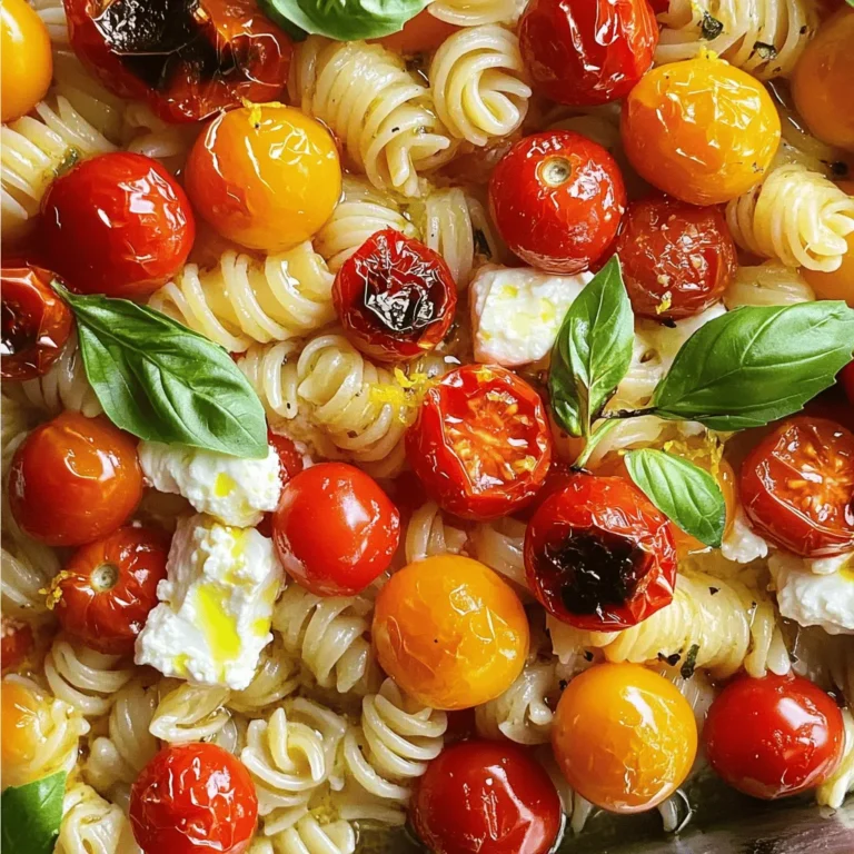- 200g (7 oz) pasta (choose either penne or fusilli for the best texture) - 200g (7 oz) block of feta cheese - 400g (14 oz) cherry tomatoes, halved - 4 cloves garlic, minced Baked feta pasta is simple yet packed with flavor. The key is using good ingredients. I love penne or fusilli. They hold the sauce well and make every bite tasty. The creamy feta cheese adds a rich taste that blends perfectly with the tomatoes. Fresh cherry tomatoes burst with sweetness as they roast. Minced garlic gives the dish a wonderful aroma. - 1 teaspoon dried oregano - 1/2 teaspoon red pepper flakes (optional for heat) - 1/4 cup extra virgin olive oil - Salt and freshly ground black pepper to taste - Fresh basil leaves, for garnish - Zest of 1 lemon Seasonings are crucial to make the pasta shine. Dried oregano adds an earthy flavor. If you like some heat, red pepper flakes are a great choice. Extra virgin olive oil brings richness and depth to the dish. Don’t forget salt and pepper; they enhance all the flavors. Fresh basil leaves brighten the meal, while lemon zest gives it a refreshing twist. For the full recipe, be sure to check the details! First, preheat your oven to 400°F (200°C). This heat will roast the tomatoes and feta. While the oven warms, gather your ingredients. In a large baking dish, combine: - 400g (14 oz) cherry tomatoes, halved - 4 cloves garlic, minced - 1 teaspoon dried oregano - 1/2 teaspoon red pepper flakes (optional) - 1/4 cup extra virgin olive oil - Salt and freshly ground black pepper to taste Gently toss these ingredients until the tomatoes are well coated with oil and spices. Next, place the block of feta cheese in the center of the dish. Surround it with the colorful tomatoes. Drizzle a little extra olive oil over the feta and sprinkle a pinch of salt on top. Now, transfer your dish to the preheated oven. Bake for about 30 minutes. You will know it’s done when the tomatoes blister and the feta turns golden and slightly bubbly. While the feta and tomatoes bake, cook your pasta. Use either penne or fusilli for the best texture. Follow the package instructions until it reaches an al dente texture. Before draining, remember to reserve 1/2 cup of the pasta cooking water. This water is key for adjusting your sauce later. After baking, mix the feta and tomatoes to create a creamy sauce. Add the drained pasta and combine everything well. If the sauce is too thick, gradually mix in some reserved pasta water until it’s just right. Finish with fresh lemon zest for brightness, and adjust the seasoning with salt and pepper. Serve hot, garnished with fresh basil leaves for a lovely touch. Enjoy your delightful meal! For more details, check out the Full Recipe. To create the best sauce for Baked Feta Pasta, use pasta water. This water has starch, which helps thicken your sauce. When you mix the pasta with the tomato-feta blend, you may find it too thick. Just add a little pasta water until it feels right. The sauce should be creamy but not runny. Next, taste your sauce. If it needs more flavor, adjust the seasonings. A pinch of salt or a sprinkle of black pepper can make a big difference. You can also add more lemon zest for a fresh kick. This way, you can make the dish truly your own. Baked Feta Pasta is great on its own, but you can make it even better. Try adding vegetables like spinach or zucchini. These add color and extra nutrients. You can also add protein. Grilled chicken or shrimp works wonderfully. Just mix them in after you bake the feta and tomatoes. For serving, think about garnishes. Fresh basil leaves look nice and add flavor. You can also sprinkle some grated cheese on top. Serve it alongside a simple salad or some crusty bread for a complete meal. This dish is all about making it fun and personal. {{image_4}} You can use different pasta types in baked feta pasta. My favorites are penne and fusilli. They hold sauce well and add a nice texture. If you want a gluten-free option, try brown rice or chickpea pasta. These options taste great and keep the dish light. Whole wheat pasta is another healthy choice. It adds fiber and nutrients without losing flavor. Don't worry if you can't find feta cheese. You can swap it with goat cheese. It gives a tangy flavor. For a dairy-free choice, try almond or coconut-based feta. If you want to change the tomatoes, use diced canned tomatoes. They work well and save time. You can also add bell peppers or zucchini for extra veggies. For seasonings, mix in fresh herbs like thyme or rosemary. They add a lovely aroma and flavor. After enjoying your baked feta pasta, store any leftovers right away. Place it in an airtight container. This keeps the flavors fresh and prevents drying out. You can refrigerate it for up to three days. If you want to save it longer, freeze it. In the freezer, it lasts for about two months. Just remember to label the container with the date. This way, you’ll know when to use it by. Reheat your pasta with care to keep it tasty. The best way is to use the stove. Put it in a pan over low heat. Add a splash of water or olive oil to keep it moist. Stir it often until it’s warm. If you prefer the microwave, use a microwave-safe bowl. Cover it with a damp paper towel to help keep moisture in. Heat it in short bursts, stirring in between. This method helps avoid soggy pasta. Enjoy your delicious meal again just like the first time! Baked Feta Pasta is a simple, creamy dish made with baked feta cheese and tomatoes. It became popular on social media for its ease and taste. You roast the cheese and tomatoes together, then mix them with pasta. This dish is vibrant and full of flavor. The creamy feta melts into the tomatoes, creating a delicious sauce. The result is a comforting meal that many people love. Yes, you can prepare Baked Feta Pasta ahead of time. Cook the pasta and store it separately. Roast the feta and tomatoes, then let them cool. Place them in the fridge for later use. When you are ready to eat, combine the two and heat them together. This method saves time and helps with meal planning. Just remember to adjust the sauce with some pasta water when you mix them. Yes, Baked Feta Pasta is a great choice for vegetarians. It uses feta cheese, which is made from milk and does not contain meat. You can also add extra veggies like spinach or bell peppers for more flavor. If you want to make it vegan, you could swap the feta with a plant-based cheese. This way, you can enjoy a delicious meal while meeting your dietary needs. Baked Feta Pasta combines simple ingredients for rich flavor. We explored the main components, preparation steps, and helpful tips. You learned how to make the dish your own with substitutions and variations. Storing leftovers and reheating methods keep your meal fresh. This dish is easy and versatile. Enjoy experimenting with new flavors and textures. It’s perfect for any meal, satisfying both taste and creativity. Dive in and enjoy the delicious twist on classic pasta!