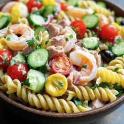 - 2 cups cooked fusilli pasta - 1 cup cooked shrimp - 1 cup canned tuna - 1 cup cherry tomatoes - 1/2 cup cucumber - 1/4 cup red onion - 1/4 cup black olives - 1/4 cup parsley - 1/4 cup mayonnaise - 2 tablespoons lemon juice - 1 teaspoon Dijon mustard - Salt and pepper to taste Gathering the right ingredients makes your seafood pasta salad shine. Start with 2 cups of cooked fusilli pasta. This pasta holds sauce well and adds a fun twist. Next, you need 1 cup of cooked shrimp. Make sure they are peeled and deveined. 1 cup of canned tuna adds protein and flavor. 1 cup of cherry tomatoes gives sweetness and color. I love using them halved for a juicy bite. Then, chop up 1/2 cup of cucumber for a refreshing crunch. To add some zing, include 1/4 cup of red onion. Slice 1/4 cup of black olives for a salty touch. For freshness, 1/4 cup of parsley brightens the dish. The dressing is key, so use 1/4 cup of mayonnaise. 2 tablespoons of lemon juice will add a nice zing. Finally, 1 teaspoon of Dijon mustard gives a flavorful kick. Don't forget to season with salt and pepper to taste. These ingredients create a colorful and tasty seafood pasta salad. Check out the Full Recipe to see how to bring it all together! - Combine pasta and seafood Start by placing your cooked fusilli pasta in a large bowl. Add the cooked shrimp and flaked tuna. Toss these together gently. This mix brings together the rich flavors of seafood with the pasta. - Make the creamy dressing In another bowl, whisk together mayonnaise, lemon juice, and Dijon mustard. This will create a zesty and creamy dressing. Make sure it is smooth and free of lumps. - Toss salad ingredients Pour the creamy dressing over the pasta and seafood mix. Use a spatula or tongs to toss everything together. Ensure every piece is coated well for that great flavor in every bite. - Adjust seasoning and fold in parsley Taste the salad. Add salt and pepper to your liking. Next, fold in the chopped parsley. This adds a fresh touch and brightens up the dish. - Chill for optimal flavor Cover the bowl with plastic wrap or a lid. Place it in the fridge for at least 30 minutes. This chilling time helps the flavors blend perfectly together, making every bite even more delicious. For the full recipe, check the detailed instructions and ingredients list provided above. - Use fresh seafood to enhance taste: Fresh shrimp and tuna bring big flavor to your salad. They taste better than canned or frozen options. Visit your local fish market for the best selection. - Opt for whole grain pasta for added nutrition: Whole grain pasta has more fiber than regular pasta. It makes your salad heartier and keeps you full longer. You can find it in most grocery stores. - Adjust creaminess with mayo or yogurt: You can use mayonnaise for a rich taste or yogurt for a lighter option. Mixing them can give you the best of both worlds. Try different ratios to see what you like best. - Tips for resting time before serving: Let your salad chill for at least 30 minutes before serving. This helps all the flavors mix and taste better. If you have time, chill it even longer for a more robust flavor. These tips will take your seafood pasta salad to the next level. For the full recipe, check out the earlier section. Enjoy your cooking! {{image_4}} You can change this seafood pasta salad to suit your taste. Here are some easy swaps: - Alternative seafood options: If you want a different flavor, try using crab or salmon instead of shrimp and tuna. These options add a rich, meaty taste to your salad. Crab has a sweet note, while salmon gives a nice, smoky flavor. - Veggie add-ins for extra crunch: Want more texture? Toss in some diced bell peppers, shredded carrots, or even chopped celery. These veggies add color and crunch. You can also use peas or corn for a pop of sweetness. - Different dressings for unique flavors: If you want to mix things up, try using Greek yogurt instead of mayonnaise for a lighter option. You can also add a splash of soy sauce or a drizzle of olive oil mixed with vinegar for a different twist. A pesto dressing can give your salad a herby kick. These variations keep your seafood pasta salad fresh and exciting. Experiment with flavors to find your favorite combination! For the full recipe, check out the section above. To keep your seafood pasta salad fresh, you must store it properly. First, place the salad in an airtight container. This helps prevent air from spoiling the ingredients. Store it in the fridge right after serving. Your salad should stay fresh for about 3 days. Make sure to check for any off smells or changes in texture before eating. If you see any signs of spoilage, it's best to toss it out. Freezing seafood pasta salad is not ideal. The pasta and seafood may become mushy when thawed. If you do freeze it, use a freezer-safe container. Consume it within a month to ensure the best taste. Remember, always label your container with the date. This way, you won’t forget how long it has been stored. For more details on making this dish, check the Full Recipe. Can I use frozen seafood? Yes, you can use frozen seafood. Just thaw it first. Cooked shrimp or crab works great. Make sure it's fully cooked before adding it to your salad. How long does the salad last in the fridge? The salad lasts about three days in the fridge. Store it in an airtight container. The flavors get better as it sits. What can I substitute for mayonnaise? You can use Greek yogurt as a healthier option. It gives a nice creaminess. You could also try avocado or a vinaigrette for a lighter taste. Is this recipe gluten-free? This recipe is not gluten-free with fusilli pasta. However, you can use gluten-free pasta. Look for options made from rice or quinoa for a great swap. For the full recipe, check out the detailed instructions to create this refreshing dish! This seafood pasta salad is easy and tasty. We used fresh shrimp, tuna, and a mix of colorful veggies. I shared steps for making a creamy dressing and tips to enhance flavor. You can even swap seafood or add extra veggies for fun. Remember to store your salad correctly to keep it fresh. With these tips, you will impress your guests and make a salad they love. Enjoy creating this dish and exploring your own variations!