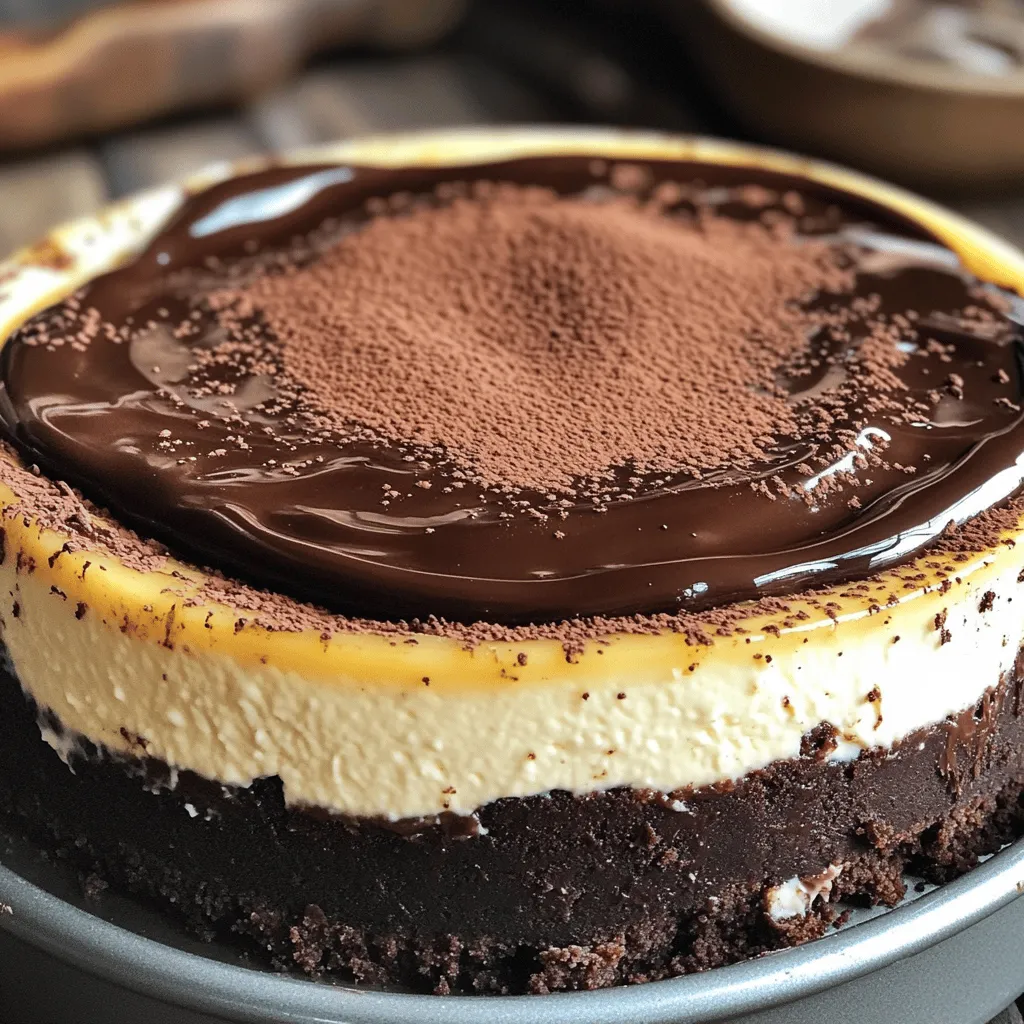 - 1 cup unsalted butter - 2 cups granulated sugar - 4 large eggs - 1 cup all-purpose flour - 1 cup unsweetened cocoa powder - 1 cup semi-sweet chocolate chips - 1 teaspoon vanilla extract - 1/4 teaspoon salt - 16 ounces cream cheese, softened to room temperature - 1/2 cup granulated sugar - 1 cup sour cream - 3 large eggs - 1/4 cup strong brewed coffee, cooled - 1 teaspoon vanilla extract - 1/4 cup unsweetened cocoa powder - 1 cup heavy cream - 8 ounces semi-sweet chocolate, chopped To make the Coffee Chocolate Brownie Cheesecake, you need these simple ingredients. Each layer adds its own taste and texture. The brownie layer gives a rich, chocolatey base. The cheesecake layer adds creaminess and a coffee kick. Lastly, the ganache topping gives a shiny finish and extra chocolate flavor. You can find the full recipe to guide you through each step. To start, preheat your oven to 350°F (175°C). Grease a 9-inch springform pan with butter or non-stick spray. In a medium saucepan, melt 1 cup of unsalted butter over medium heat. Once melted, remove it from heat. Stir in 2 cups of granulated sugar until combined. Add 4 large eggs, one at a time, whisking until smooth. Next, sift together 1 cup of all-purpose flour, 1 cup of unsweetened cocoa powder, and 1/4 teaspoon of salt in a separate bowl. Gradually mix this dry blend into the butter and sugar mixture. Be careful not to overmix! Fold in 1 cup of semi-sweet chocolate chips. Pour this brownie batter into your prepared pan, spreading it evenly. Bake for 25 minutes, then let it cool completely on a wire rack. In a large bowl, beat 16 ounces of softened cream cheese with 1/2 cup of granulated sugar using an electric mixer. Mix until creamy and smooth. Add 1 cup of sour cream, 1/4 cup of cooled brewed coffee, 1 teaspoon of vanilla extract, and 1/4 cup of unsweetened cocoa powder. Blend until smooth. Now, add 3 large eggs, one at a time. Mix on low speed after adding each egg. Scrape the sides of the bowl as needed. Be sure not to overmix. Pour this cheesecake mixture over the cooled brownie layer, spreading it evenly with a spatula. Lower the oven temperature to 325°F (160°C). Bake the cheesecake for 50 to 60 minutes. The edges should set, while the center will jiggle slightly. After baking, let it cool at room temperature for about an hour. Then, chill it in the refrigerator for at least 4 hours or overnight for best results. For the ganache topping, heat 1 cup of heavy cream in a small saucepan over medium heat until it simmers. Remove it from heat and add 8 ounces of chopped semi-sweet chocolate. Stir until fully melted and smooth. Allow it to cool slightly, then pour it over the chilled cheesecake. Once the ganache has set, carefully release the sides of the springform pan. Slice the cheesecake and serve. For a special touch, consider garnishing each slice with whipped cream or chocolate shavings. Enjoy your Coffee Chocolate Brownie Cheesecake! For the full recipe, refer to the ingredients section above. To get perfect brownies, follow these tips. First, measure your ingredients accurately. Use a kitchen scale for the best results. Also, melt the butter gently. If you overheat it, the brownies can turn dry. Mix the batter just enough to combine, but avoid overmixing. This keeps them fudgy. Lastly, let the brownies cool completely before adding the cheesecake layer. This step helps prevent the layers from mixing. For the cheesecake, room temperature cream cheese is key. It mixes smoothly and avoids lumps. When adding eggs, mix on low speed. This helps keep the batter light and airy. Don’t forget to scrape the bowl sides often. Bake the cheesecake at a lower temperature for even cooking. You want the edges set but the center slightly jiggly. After baking, let it cool before chilling. This helps avoid cracks on the surface. Ganache can be thick or thin, depending on your desire. For a thicker ganache, use more chocolate. If you prefer a thinner ganache, add more cream. Heat the cream until it just simmers. This ensures the chocolate melts evenly. Stir until smooth and shiny. Let it cool a bit before pouring it over the cheesecake. This helps the ganache set nicely without sliding off. For a fun twist, you can add a splash of coffee to enhance the flavor even more. For the complete recipe, check out the Coffee Chocolate Brownie Cheesecake section. Enjoy creating this delightful treat! {{image_4}} You can change the brownie layer for fun. Try adding different nuts like walnuts or pecans. These add crunch and flavor. You can also mix in some caramel chips for a sweet twist. If you love spice, add a pinch of cinnamon for warmth. Another great option is to use dark chocolate instead of semi-sweet chocolate. This makes the brownies richer and deeper in flavor. Each of these changes makes your Coffee Chocolate Brownie Cheesecake unique. The cheesecake layer is also fun to change. You can swap the coffee for a fruit puree like raspberry or strawberry. This gives a fresh taste to the cheesecake. If you want something richer, try adding chocolate hazelnut spread. It adds a nutty flavor that pairs well with chocolate. For a more tangy taste, you can add lemon or orange zest. This gives the cheesecake a nice bright flavor. These alternatives keep your cheesecake exciting and different. Ganache is easy to change, too. You can add flavors like peppermint or orange to the ganache. Just mix a few drops of extract into the warm cream before adding chocolate. For a thicker ganache, use less cream. If you like it thinner, add a bit more cream. You can also top the cheesecake with a layer of sweetened whipped cream before pouring on the ganache. This creates a lovely texture and taste. These small changes can make a big impact on your Coffee Chocolate Brownie Cheesecake. For the full recipe, check out the complete instructions. To keep your coffee chocolate brownie cheesecake fresh, store it in the fridge. Use an airtight container or cover it tightly with plastic wrap. This keeps moisture out and helps maintain its rich flavors. The cheesecake will remain good for about five days in the fridge. If you want to save some for later, you can freeze it! First, slice the cheesecake into pieces. Wrap each slice tightly in plastic wrap, then place them in a freezer-safe bag. This helps prevent freezer burn. Your cheesecake will be good for up to three months in the freezer. To enjoy your cheesecake warm, gently reheat it. Place a slice on a plate and microwave it for about 15 to 30 seconds. Check it often to make sure it doesn’t get too hot. You can also serve it cold if you prefer. It tastes great either way! For the full recipe, check out the Coffee Chocolate Brownie Cheesecake section above. Yes, you can make this cheesecake ahead of time. It actually tastes better after chilling. I recommend preparing it a day in advance. This gives the flavors time to mingle and deepen. Just store it in the fridge until you're ready to serve. If you need a cream cheese substitute, try mascarpone or Greek yogurt. Both options work well in this recipe. They give a similar creamy texture. You can also use ricotta cheese, but it may change the flavor a bit. This cheesecake lasts about five days in the fridge. Make sure to cover it tightly with plastic wrap or a lid. This helps keep it fresh and prevents it from absorbing other odors. For best taste, enjoy it within the first few days. For the full recipe, check the details above. This blog covered how to make a delicious coffee chocolate brownie cheesecake. We discussed the key ingredients for the brownie, cheesecake, and ganache. I shared step-by-step baking instructions and offered tips for perfecting each layer. You learned about flavor variations and storage methods too. In conclusion, enjoy creating this treat. It is fun and rewarding. Share it with friends or keep it all to yourself! Happy baking!