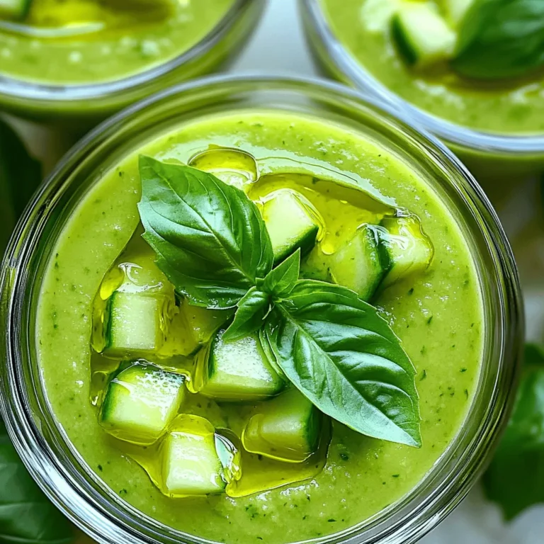 To make this cool dish, gather these ingredients: - 2 large cucumbers, peeled and roughly chopped - 1 green bell pepper, seeded and roughly chopped - 1 ripe tomato, diced - 1 small red onion, finely chopped - 2 cloves garlic, minced - 2 cups vegetable broth (preferably chilled) - 2 tablespoons extra virgin olive oil - 2 tablespoons apple cider vinegar - Salt and freshly cracked black pepper, to taste - Fresh basil leaves, torn, for garnish Garnishes can add a nice touch to your gazpacho. Try these options: - Fresh herbs like cilantro or parsley - A drizzle of olive oil - Sliced radishes for crunch - Diced avocado for creaminess Choosing fresh ingredients is key for great flavor. Here are some tips: - Cucumbers: Look for firm cucumbers with smooth skin. Avoid those with soft spots. - Tomatoes: Choose ripe tomatoes that feel heavy for their size. - Bell Peppers: Pick bright green peppers without wrinkles. They should feel firm. - Onions and Garlic: Select firm onions and garlic bulbs that are dry and free of sprouting. Fresh ingredients make your Quick Cucumber Gazpacho taste bright and lively. Use the Full Recipe to create a refreshing summer treat that everyone will love! Start with fresh, ripe vegetables. Choose cucumbers that are firm and green. Peel and chop the cucumbers into rough pieces. Next, take a green bell pepper, seed it, and chop it up. Use a ripe tomato for sweetness and dice it. Finely chop a small red onion and mince two cloves of garlic. This mix gives your gazpacho a fresh taste. Now, it’s time to blend! Grab a high-speed blender. Add your chopped cucumbers, green bell pepper, diced tomato, chopped onion, and minced garlic. Pour in two cups of chilled vegetable broth, two tablespoons of extra virgin olive oil, and two tablespoons of apple cider vinegar. Blend on high speed until the mixture is smooth and creamy. If needed, pause to scrape down the sides. This ensures an even blend. Taste your gazpacho and season it. Sprinkle in salt and black pepper to suit your taste. After seasoning, it’s chilling time! Transfer the gazpacho to a bowl or an airtight container. Refrigerate it for at least 30 minutes. This cooling step helps the flavors meld together. Serve it chilled for a refreshing summer treat. For the full recipe, check the details above. Enjoy your delicious cucumber gazpacho! Fresh herbs make a big difference in flavor. Use basil, mint, or dill. Add them to the blender with your veggies. These herbs bring a bright taste. You can also try adding a pinch of cumin or paprika. These spices give a warm, earthy feel. Always taste your gazpacho before serving and adjust as needed. Presentation is key. Pour your gazpacho into clear bowls or glasses. This shows off its vibrant color. For a fun touch, add a swirl of olive oil on top. You can use a sprig of basil as a garnish. Serve with crusty bread or crostini for added texture. This makes the dish look inviting and delicious. Avoid these common mistakes to get the best results. First, do not skip chilling the soup. It needs time to blend flavors. Next, don’t over-blend it. You want a smooth texture, but not too watery. Lastly, be careful with salt. Start with a little, then taste as you go. This helps you achieve the right balance. Remember, the goal is a refreshing summer delight. For the full recipe, check out the ingredients and steps provided. {{image_4}} You can spice up your gazpacho easily. Add a pinch of cayenne pepper for heat. You might also try smoked paprika for a rich, deep flavor. If you enjoy heat, chopped jalapeños will add a fresh kick. Just remember to taste as you go. A little spice can make a big difference! Switching ingredients can change your gazpacho's taste. Try using a yellow bell pepper instead of green. This change will give the soup a sweeter flavor. You can also add diced mango for a tropical twist. If tomatoes aren’t in season, use roasted red peppers instead. Each option creates a new and exciting taste. This gazpacho is already mostly vegan! To keep it vegan, use vegetable broth. You can replace olive oil with avocado for creaminess. If you want more texture, blend in some chickpeas. These small swaps keep the dish plant-based while adding flavor and nutrition. Enjoy exploring these variations to make it your own! For the full recipe, check out the detailed instructions above. To keep your cucumber gazpacho fresh, store it in the fridge. Use an airtight container. This helps keep the flavors bright and the texture smooth. Always chill it before serving. It tastes great cold. Avoid letting it sit out at room temperature. Gazpacho is best served cold. Reheating can change its taste and texture. If you prefer a warm soup, try a different recipe. Cold gazpacho is refreshing on hot days. It's a perfect summer meal. Your gazpacho lasts about 3 to 4 days in the fridge. Check for changes in smell or color. If it smells sour or looks off, toss it. Always trust your senses. Fresh is best for flavor. For the full recipe, refer back to the earlier section. A traditional gazpacho comes from Spain. It uses ripe tomatoes, green peppers, cucumbers, garlic, onion, and bread. These ingredients blend together with olive oil, vinegar, and salt. The result is a smooth, chilled soup that bursts with flavor. Each region in Spain has its own version. You can find variations using different herbs and spices. Yes, you can use frozen cucumbers, but fresh ones are best. Frozen cucumbers may lose some crunch. They can also add extra water when thawed. If you use frozen, drain any excess liquid before blending. This helps keep your gazpacho thick and tasty. To add spice, consider these options: - Jalapeños: Add one or two chopped jalapeños to the blend. - Hot Sauce: Mix in your favorite hot sauce to taste. - Cayenne Pepper: A pinch of cayenne can pack a punch. - Black Pepper: Increase the amount of freshly cracked black pepper for heat. Feel free to experiment with these ideas. Adjust the spice level to fit your taste. Enjoy your gazpacho with a kick! You can find the full recipe in the earlier sections. In this article, we explored how to make Quick Cucumber Gazpacho. We covered ingredients, step-by-step instructions, tips, variations, and storage information. Fresh ingredients are key for flavor, and blending is simple. Remember to avoid common mistakes for the best result. Gazpacho is tasty cold, and you can easily adapt the recipe to your taste. Enjoy your refreshing dish and impress others with your skills!