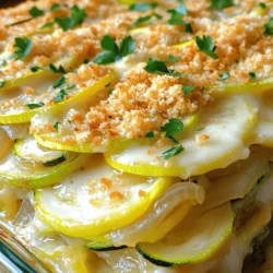 To make this Cheesy Zucchini Casserole, you need: - 4 medium zucchinis, thinly sliced - 1 large onion, finely chopped - 2 cups shredded mozzarella cheese, divided - 1 cup grated Parmesan cheese, divided - 3 large eggs, at room temperature - 1/2 cup milk, preferably whole - 1/2 cup seasoned breadcrumbs - 1 teaspoon garlic powder - 1 teaspoon Italian seasoning - Salt and pepper, to taste - 2 tablespoons extra virgin olive oil - Fresh parsley, chopped, for garnish These ingredients work together to create a creamy and cheesy delight. The blend of mozzarella and Parmesan provides a rich taste that pairs nicely with the zucchini. You can customize your casserole with these optional ingredients: - Chopped bell peppers for added color and crunch - Spinach for a healthy twist - Cooked sausage or ground turkey for protein - Different cheese types like cheddar or feta for unique flavors Feel free to mix and match! Your additions can make this dish your own. Fresh zucchini is key to this recipe. It keeps the dish light and flavorful. When you use fresh zucchini, it adds moisture and a nice texture. It also helps balance the rich cheese. Look for firm zucchinis with shiny skin. Avoid ones that are soft or have blemishes. Fresh zucchini enhances the overall taste of your casserole. Trust me, it makes a big difference! For the full recipe, check out our detailed guide to get started on this tasty dish. Start by preheating your oven to 375°F (190°C). This ensures your casserole bakes evenly. While the oven heats, gather all your ingredients. You’ll need zucchinis, onions, cheeses, eggs, milk, and seasonings. Having everything ready makes the cooking process smooth and fun. 1. Sauté the Onions: Heat 2 tablespoons of olive oil in a large skillet over medium heat. Add the chopped onion and cook for about 5 minutes. You want them soft and fragrant. 2. Cook the Zucchini: Toss in your sliced zucchinis. Stir them occasionally for 5-7 minutes. They should be tender but not mushy. Season with garlic powder, Italian seasoning, salt, and pepper. This adds tons of flavor. 3. Prepare the Egg Mixture: In a bowl, whisk together the eggs and milk until frothy. Then, mix in half of the mozzarella and half of the Parmesan cheese. This helps bind the casserole. 4. Combine Ingredients: Add the sautéed zucchini mix to the egg and cheese blend. Stir gently to coat the zucchini evenly. This step is key for a tasty casserole. 5. Transfer to Casserole Dish: Grease a 9x13 inch casserole dish lightly with oil. Pour the mixture into the dish and spread it evenly. This helps it cook uniformly. 1. Make the Topping: In a small bowl, mix the reserved breadcrumbs with the rest of the mozzarella and Parmesan. This crunchy topping adds texture. 2. Sprinkle and Bake: Spread the cheesy breadcrumb mix over the zucchini mixture in the dish. Bake in the preheated oven for 30-35 minutes. Look for a golden brown, bubbly top as your cue. 3. Cool and Garnish: Let it cool for about 5 minutes after baking. Just before serving, sprinkle chopped parsley on top. This adds a lovely touch and freshness. These steps make it easy to create a cheesy zucchini casserole that everyone will love. For more details, check the Full Recipe. To get the best texture in your Cheesy Zucchini Casserole, follow these steps: - Slice Zucchini Thinly: Keep the slices about 1/4 inch thick. This helps them cook evenly. - Sauté Properly: Cook the zucchini with the onions until just tender. Avoid overcooking, as this makes them mushy. - Use Room Temperature Eggs: Room temperature eggs mix better, providing a fluffier texture. Many people make some simple mistakes when cooking this dish. Watch for these: - Using Too Much Liquid: Avoid adding too much milk or not draining the zucchini well. This can lead to a watery casserole. - Skipping Seasoning: Don't forget to season your mixture with salt and pepper. It makes a big difference in flavor. - Neglecting the Topping: The breadcrumb topping adds crunch. Don’t skip it! Want to take your casserole up a notch? Here are some ideas: - Add Fresh Herbs: Basil or thyme can brighten the dish. Just chop and mix them in. - Incorporate Spices: A pinch of red pepper flakes can give it a nice kick. - Mix in Other Veggies: Bell peppers or spinach can add color and taste. Just sauté them with the onions. For the complete recipe, check out the Full Recipe section! {{image_4}} You can swap out the cheeses in this recipe. If you don't have mozzarella, try using cheddar or gouda. These cheeses melt well and add a nice flavor. For a lighter option, consider using cottage cheese. It gives a creamy texture without all the fat. You can mix and match to find your favorite taste. Feel free to add other veggies to your casserole. Spinach or kale works great for extra greens. Bell peppers add a sweet crunch. You can also toss in mushrooms for an earthy flavor. Just make sure to sauté them lightly first. This way, they won’t release too much water into the dish. To make this casserole gluten-free, simply swap the breadcrumbs. Use gluten-free breadcrumbs or crushed cornflakes. Both options give a nice crunch on top. You can also use almond flour mixed with some herbs for flavor. Just remember to check your cheese labels to ensure they are gluten-free as well. To keep your cheesy zucchini casserole fresh, let it cool first. Once cooled, cover it tightly with plastic wrap or foil. You can also transfer it to an airtight container. Store it in the fridge for up to four days. Make sure it is sealed well to avoid drying out. When you are ready to enjoy the leftovers, preheat your oven to 350°F (175°C). Place the casserole in an oven-safe dish. Cover it with foil to keep moisture in, and heat for about 20 minutes. You can also use a microwave for quick reheating. Place a portion in a microwave-safe dish, cover with a paper towel, and heat for 1-2 minutes. Check that it is hot all the way through. If you want to save some for later, freezing is a great option. Cut the casserole into portions, and let them cool completely. Wrap each piece in plastic wrap, then place them in a freezer-safe bag or container. You can freeze it for up to three months. To reheat, thaw overnight in the fridge and bake as described above. Enjoy the deliciousness whenever you want! For the full recipe, refer to the earlier sections. Yes, you can make Cheesy Zucchini Casserole ahead of time. Prepare the casserole as per the recipe. Once you mix the ingredients, cover it. Store it in the fridge for up to 24 hours. When you're ready to bake, just pop it in the oven. You may need to add a few extra minutes to the baking time. This method saves time on busy days and keeps the flavors fresh. This casserole pairs well with many sides. I suggest serving it with a crisp green salad. The fresh veggies add crunch and balance the cheesy dish. Roasted chicken also makes a great choice. The savory chicken complements the flavors of zucchini and cheese. For a light meal, consider serving it with steamed broccoli or green beans. These options create a well-rounded plate. You can tell when the casserole is done by checking the top. It should be golden brown and bubbly. Insert a knife into the center; it should come out clean. If you see some wet mix on the knife, bake it a bit longer. Keep an eye on it during the last few minutes to avoid burning. Once it's done, let it cool for a few minutes before serving. Enjoy your delicious creation! This blog post covered how to make Cheesy Zucchini Casserole. We explored key ingredients and why fresh zucchini is vital. I shared step-by-step instructions, tips for perfect texture, and how to avoid common mistakes. We also discussed tasty variations and storage tips to keep leftovers fresh. In the end, this dish is simple and delicious. It’s perfect for gatherings or weeknight dinners. Enjoy making it your own for family and friends!