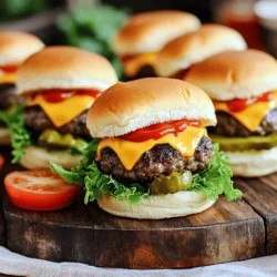 To make these easy cheeseburger sliders, you need the following items: - 1 pound ground beef (preferably an 80/20 blend for juiciness) - 1 teaspoon garlic powder - 1 teaspoon onion powder - ½ teaspoon salt - ¼ teaspoon freshly ground black pepper - 6 slider buns (soft and fresh) - 6 slices of sharp cheddar cheese I recommend using an 80/20 blend of ground beef. This ratio means 80% meat and 20% fat. The fat adds flavor and keeps the meat moist. Leaner beef may dry out when cooked. If you want more flavor, try using a mix of chuck and brisket. These cuts give a rich taste to your sliders. Garnishes can make your sliders pop! Here are some tasty options: - Crisp lettuce leaves - Fresh tomato slices - Dill pickles - Ketchup and mustard for serving These toppings add crunch and freshness. Feel free to mix and match your favorites! For a fun twist, add some onion rings or jalapeños for a spicy kick. Start by preheating your grill or skillet to medium-high heat. This step is key. A hot surface will create a nice sear on your patties. If you skip this, your sliders might not get that great crust. In a medium bowl, mix 1 pound of ground beef with garlic powder, onion powder, salt, and pepper. Use your hands to combine gently. Overmixing will make the patties tough. You want them tender and juicy. Once mixed, divide into 6 equal portions. Shape each portion into a small patty. Make them just a bit bigger than the buns. Remember, they will shrink while cooking! Carefully place the patties on the hot grill or skillet. Cook for about 3-4 minutes on one side for that golden crust. Flip the patties and add a slice of cheddar cheese on each. Cook for another 2-3 minutes. This ensures the cheese melts perfectly. Check the patties' temperature; it should reach 160°F for safe eating. While they cook, toast the slider buns until golden brown. This adds great texture and helps keep them from getting soggy. Now, it's time to build your sliders! To make juicy patties, start with good beef. I like an 80/20 blend. This means 80% meat and 20% fat. The fat keeps the patties moist. Mix in spices gently. Over-mixing can make them tough. Shape the patties a bit bigger than the buns. They will shrink while cooking. This helps keep them juicy and tasty. Toasted buns add a nice crunch. I toast them lightly for the best result. Use a grill or a toaster. Toast until golden brown, but not too dark. This keeps them from getting soggy. A little butter on the buns before toasting adds flavor. You can boost the flavor of your sliders easily. Add garlic or onion powder to the beef mix. A dash of Worcestershire sauce also works well. For extra flavor, try different cheeses. Pepper jack adds spice, while blue cheese gives a bold taste. Fresh toppings can also enhance flavor. Try avocado, jalapeños, or crispy bacon. These will make your sliders even more fun. For the full recipe, check the details above. {{image_4}} You can make these sliders meat-free. For a vegetarian option, use black beans or mushrooms. Simply mash them and mix with spices. For a vegan option, try lentils or chickpeas. You can also use plant-based patties. These options are tasty and healthy. Cheese makes sliders special. While cheddar is classic, try other options. Swiss cheese melts well and adds a nutty flavor. Pepper jack gives a spicy kick. For a rich taste, use blue cheese. Each choice brings a new twist to your sliders. Want to spice things up? Add jalapeños or sriracha for heat. You can also mix in a bit of barbecue sauce for sweetness. Sweet onion or honey mustard are great too. These additions create a fun flavor mix that everyone will love. You can keep your leftover cheeseburger sliders in the fridge. Place them in an airtight container. They stay fresh for up to three days. If you have extra patties, store them separately. This way, they won’t make the buns soggy. To freeze sliders, wrap each one in plastic wrap. Place them in a freezer bag or container. They can last up to three months in the freezer. When you're ready to eat them, thaw the sliders in the fridge overnight. This helps keep their taste and texture. You can reheat your sliders in several ways. The oven works well for even heating. Preheat it to 350°F and place the sliders on a baking sheet. Heat for about 10-15 minutes. You can also use a microwave. Just warm them for 30-60 seconds. If you want a crispy bun, try using a skillet. Heat each slider for a few minutes on medium heat. This method adds a nice crunch back to the buns. Enjoy your cheeseburger sliders from the Full Recipe! You can tell when the patties are done by checking their color. Look for a nice brown crust on the outside. Use a meat thermometer to check the inside. The safe temperature for beef is 160°F. This way, you know they are cooked all the way through. Yes, you can make sliders ahead of time! You can prepare the patties and keep them in the fridge for a day. You can also cook them and store them in the fridge. Just reheat them on the grill or in a pan before serving. Cheeseburger sliders pair well with many sides. You can serve them with crispy fries or a fresh salad. Chips are also a great option for a fun snack. For a full meal, check the Full Recipe for more serving ideas. This blog post gave you all you need to make delicious cheeseburger sliders. We covered key ingredients, step-by-step cooking, and great tips for juicy patties. You learned how to add fun variations, store leftovers, and answer common questions. Now, it's time to cook! Enjoy creating tasty sliders that everyone will love. Don't forget to check the full recipe for all the details. Your next meal is sure to impress!