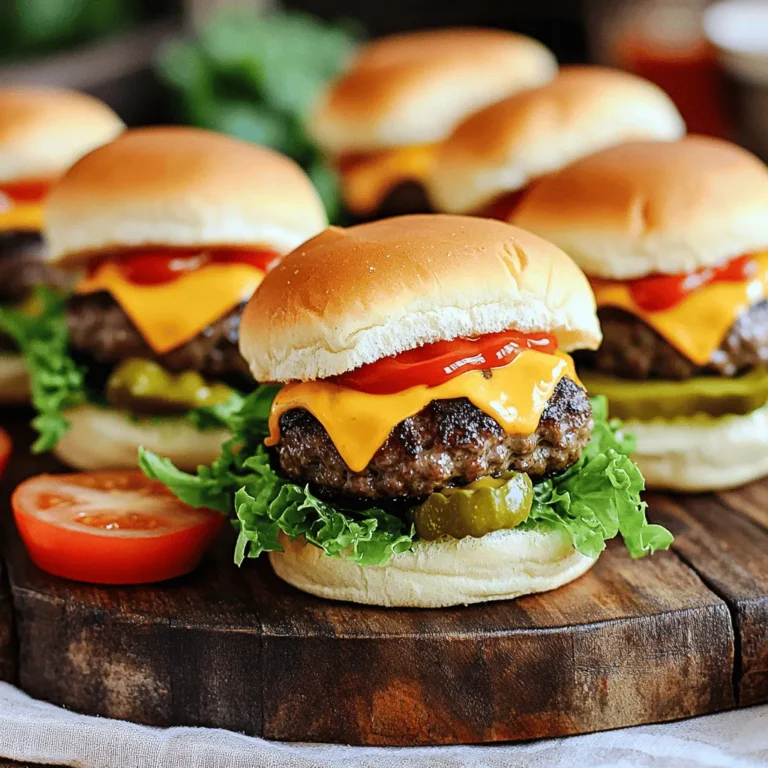 To make these easy cheeseburger sliders, you need the following items: - 1 pound ground beef (preferably an 80/20 blend for juiciness) - 1 teaspoon garlic powder - 1 teaspoon onion powder - ½ teaspoon salt - ¼ teaspoon freshly ground black pepper - 6 slider buns (soft and fresh) - 6 slices of sharp cheddar cheese I recommend using an 80/20 blend of ground beef. This ratio means 80% meat and 20% fat. The fat adds flavor and keeps the meat moist. Leaner beef may dry out when cooked. If you want more flavor, try using a mix of chuck and brisket. These cuts give a rich taste to your sliders. Garnishes can make your sliders pop! Here are some tasty options: - Crisp lettuce leaves - Fresh tomato slices - Dill pickles - Ketchup and mustard for serving These toppings add crunch and freshness. Feel free to mix and match your favorites! For a fun twist, add some onion rings or jalapeños for a spicy kick. Start by preheating your grill or skillet to medium-high heat. This step is key. A hot surface will create a nice sear on your patties. If you skip this, your sliders might not get that great crust. In a medium bowl, mix 1 pound of ground beef with garlic powder, onion powder, salt, and pepper. Use your hands to combine gently. Overmixing will make the patties tough. You want them tender and juicy. Once mixed, divide into 6 equal portions. Shape each portion into a small patty. Make them just a bit bigger than the buns. Remember, they will shrink while cooking! Carefully place the patties on the hot grill or skillet. Cook for about 3-4 minutes on one side for that golden crust. Flip the patties and add a slice of cheddar cheese on each. Cook for another 2-3 minutes. This ensures the cheese melts perfectly. Check the patties' temperature; it should reach 160°F for safe eating. While they cook, toast the slider buns until golden brown. This adds great texture and helps keep them from getting soggy. Now, it's time to build your sliders! To make juicy patties, start with good beef. I like an 80/20 blend. This means 80% meat and 20% fat. The fat keeps the patties moist. Mix in spices gently. Over-mixing can make them tough. Shape the patties a bit bigger than the buns. They will shrink while cooking. This helps keep them juicy and tasty. Toasted buns add a nice crunch. I toast them lightly for the best result. Use a grill or a toaster. Toast until golden brown, but not too dark. This keeps them from getting soggy. A little butter on the buns before toasting adds flavor. You can boost the flavor of your sliders easily. Add garlic or onion powder to the beef mix. A dash of Worcestershire sauce also works well. For extra flavor, try different cheeses. Pepper jack adds spice, while blue cheese gives a bold taste. Fresh toppings can also enhance flavor. Try avocado, jalapeños, or crispy bacon. These will make your sliders even more fun. For the full recipe, check the details above. {{image_4}} You can make these sliders meat-free. For a vegetarian option, use black beans or mushrooms. Simply mash them and mix with spices. For a vegan option, try lentils or chickpeas. You can also use plant-based patties. These options are tasty and healthy. Cheese makes sliders special. While cheddar is classic, try other options. Swiss cheese melts well and adds a nutty flavor. Pepper jack gives a spicy kick. For a rich taste, use blue cheese. Each choice brings a new twist to your sliders. Want to spice things up? Add jalapeños or sriracha for heat. You can also mix in a bit of barbecue sauce for sweetness. Sweet onion or honey mustard are great too. These additions create a fun flavor mix that everyone will love. You can keep your leftover cheeseburger sliders in the fridge. Place them in an airtight container. They stay fresh for up to three days. If you have extra patties, store them separately. This way, they won’t make the buns soggy. To freeze sliders, wrap each one in plastic wrap. Place them in a freezer bag or container. They can last up to three months in the freezer. When you're ready to eat them, thaw the sliders in the fridge overnight. This helps keep their taste and texture. You can reheat your sliders in several ways. The oven works well for even heating. Preheat it to 350°F and place the sliders on a baking sheet. Heat for about 10-15 minutes. You can also use a microwave. Just warm them for 30-60 seconds. If you want a crispy bun, try using a skillet. Heat each slider for a few minutes on medium heat. This method adds a nice crunch back to the buns. Enjoy your cheeseburger sliders from the Full Recipe! You can tell when the patties are done by checking their color. Look for a nice brown crust on the outside. Use a meat thermometer to check the inside. The safe temperature for beef is 160°F. This way, you know they are cooked all the way through. Yes, you can make sliders ahead of time! You can prepare the patties and keep them in the fridge for a day. You can also cook them and store them in the fridge. Just reheat them on the grill or in a pan before serving. Cheeseburger sliders pair well with many sides. You can serve them with crispy fries or a fresh salad. Chips are also a great option for a fun snack. For a full meal, check the Full Recipe for more serving ideas. This blog post gave you all you need to make delicious cheeseburger sliders. We covered key ingredients, step-by-step cooking, and great tips for juicy patties. You learned how to add fun variations, store leftovers, and answer common questions. Now, it's time to cook! Enjoy creating tasty sliders that everyone will love. Don't forget to check the full recipe for all the details. Your next meal is sure to impress!