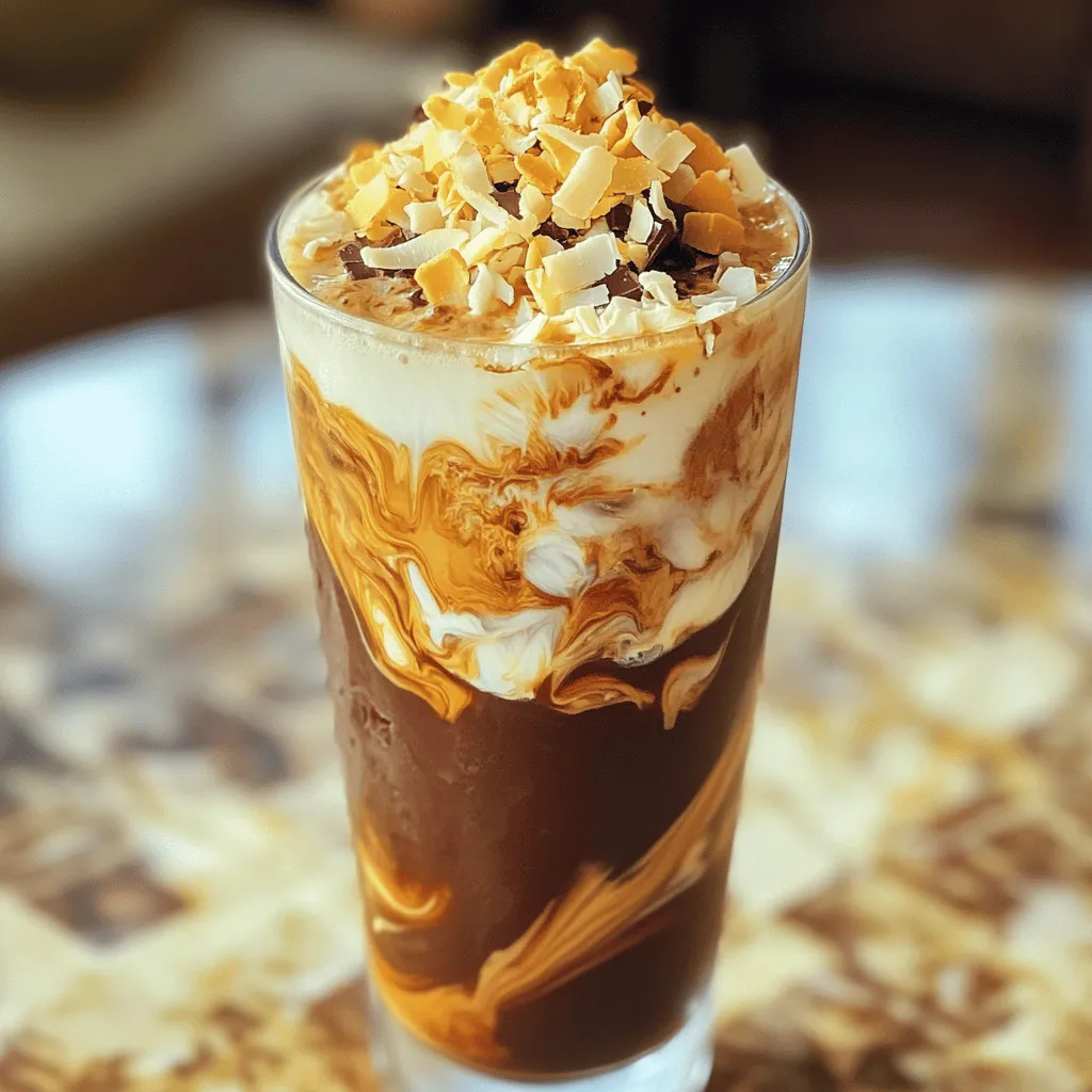 To make a Mocha Coconut Cold Drip Tonic, you need these key items: - 1 cup coarsely ground coffee (a medium roast is ideal) - 4 cups cold water - 1 can (13.5 oz) coconut milk - 2 tablespoons unsweetened cocoa powder - 2 tablespoons pure maple syrup (adjust to taste) - 1/2 teaspoon vanilla extract - Ice cubes These ingredients work together to create a rich and creamy drink. The cold brew coffee gives a smooth base, while coconut milk adds creaminess. Cocoa powder brings a deep chocolate flavor, and maple syrup sweetens it just right. Garnishes can make your drink look and taste even better. Here are some fun options: - Toasted coconut flakes for a crunchy topping - Dark chocolate shavings for a touch of elegance Adding these garnishes not only enhances flavor but also adds a beautiful look to your drink. You can get creative with your choices! You might not have every ingredient at home. Here are some easy swaps: - Use almond milk or oat milk instead of coconut milk for a different taste. - Swap maple syrup for honey or agave syrup to change the sweetness. - If you don't have cocoa powder, use chocolate syrup for a quick fix. These substitutions help you adapt the recipe to what you have in your kitchen. You can still enjoy a tasty Mocha Coconut Cold Drip Tonic! For the complete recipe, refer to the Full Recipe. To start, grab a large jar or cold brew coffee maker. You need to mix one cup of coarsely ground coffee with four cups of cold water. Stir gently to make sure all the coffee grounds soak well. Seal the jar or cover the coffee maker and place it in the fridge. Let it steep for at least 12 hours. If you want a bolder flavor, leave it for up to 24 hours. While the coffee brews, let’s prepare the coconut cream. In a mixing bowl, combine one can of coconut milk, two tablespoons of unsweetened cocoa powder, two tablespoons of pure maple syrup, and half a teaspoon of vanilla extract. Whisk until it's smooth and creamy. Take a taste! If you want it sweeter, add more maple syrup. Now, it’s time to bring it all together. In a serving glass, mix equal parts of your cold brew concentrate and the coconut cream. Stir gently to blend the flavors well. - Serving Suggestions: Fill another glass with ice cubes. Pour your mocha coconut blend over the ice. If you want it creamier, add a splash of coconut milk on top. For a fun touch, sprinkle toasted coconut flakes on the drink. You can also add dark chocolate shavings for an extra treat. Now, grab a straw, mix everything well, and enjoy the flavorful and refreshing Mocha Coconut Cold Drip Tonic! For the full recipe, check the earlier section. To make great cold brew coffee, start with coarsely ground coffee. A medium roast works best. Use a large jar or cold brew maker. Combine one cup of coffee with four cups of cold water. Stir gently to mix. Seal the jar and place it in the fridge. Let it steep for at least 12 hours. The longer you steep, the richer the flavor. Strain the coffee using a fine mesh strainer. This step keeps your drink smooth. When it comes to sweetness, start with two tablespoons of pure maple syrup. Taste your mocha coconut blend after mixing. If you want it sweeter, add more syrup. Remember, you can control the sweetness based on your taste. This drink should be smooth and tasty, not overly sweet. You can add fun flavors to your tonic. A splash of vanilla extract gives it depth. For a chocolate kick, try adding dark chocolate shavings. Toasted coconut flakes add nice texture and flavor. Feel free to get creative! Use flavored syrups or spices like cinnamon. Each addition can change the drink's character. Explore different combinations to find your favorite! For the full recipe, refer to the section above. {{image_4}} You can turn your Mocha Coconut Cold Drip Tonic into a delightful iced latte. Start with the full recipe, but instead of mixing the cold brew with the coconut cream, layer them for a stunning look. Pour your cold brew over ice, then gently add the coconut cream on top. This creates a beautiful drink that’s perfect for hot days. If you want a dairy-free version, use your favorite plant-based milk instead of coconut milk. Almond milk, oat milk, or cashew milk work well. Just remember to adjust the cocoa powder and syrup to fit your chosen milk. This keeps the drink just as rich and tasty while meeting dietary needs. You can add seasonal flavors to your Mocha Coconut Cold Drip Tonic. In fall, try adding a dash of pumpkin spice for warmth. During the summer, mix in fresh berries or mint for a refreshing twist. You can also experiment with flavored syrups, like hazelnut or vanilla, to change the taste and keep things exciting. To store your cold brew coffee, pour it into a clean jar or bottle. Make sure it's tightly sealed. Place it in the fridge to keep it fresh. Cold brew can last up to two weeks in the fridge. This way, you can enjoy the rich flavor whenever you want. For the coconut cream mixture, store it in an airtight container. Keep it in the fridge as well. The mixture stays good for about five days. If you see any separation, just stir it well before using. Once you mix your Mocha Coconut Cold Drip Tonic, it’s best to drink it fresh. If you have leftovers, store them in the fridge for one day. The flavors may change after that. Enjoy your drink while it’s still creamy and tasty. You can find the full recipe in the article for detailed steps and tips! Making this drink takes about 15 minutes of prep time. However, you need to steep the coffee for at least 12 hours. If you want a richer flavor, go for 24 hours. So, plan ahead! You’ll get a smooth cold brew that makes this tonic so good. I don’t recommend using hot coffee. Cold brew has a smooth taste that hot coffee can’t match. Hot coffee can also taste bitter in this drink. Cold brew blends perfectly with the coconut and cocoa flavors. Stick with the cold brew for the best results. You can use pure maple syrup to sweeten your tonic. Start with 2 tablespoons and taste it. If you want it sweeter, add more syrup until you reach the flavor you love. You can also try honey or agave syrup as alternatives. Just remember, adjust based on your taste! The Mocha Coconut Cold Drip Tonic is a refreshing drink. We covered its key ingredients, from cold brew coffee to coconut cream. Following the step-by-step guide will help you make it right. Don't forget our tips to adjust sweetness and enhance flavor. You can also explore fun variations or store your drink properly. Remember, this tonic is all about enjoying your coffee in new ways. Get creative and make it your own!