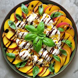 For a delicious Peach Caprese Salad, you'll need: - 3 ripe peaches, sliced into wedges - 1 cup fresh mozzarella burrata, torn into smaller pieces - 2 cups fresh basil leaves, loosely packed - 2 tablespoons balsamic glaze for drizzling - 1 tablespoon extra virgin olive oil - Salt and freshly cracked pepper to taste - 1/4 cup toasted pine nuts for added crunch These fresh ingredients bring vibrant flavors to your plate. The peaches add sweetness. The burrata offers creaminess. Fresh basil gives an aromatic touch. To elevate your salad, consider adding: - Prosciutto for a savory bite - Arugula for a peppery kick - Honey for extra sweetness - Lemon zest for a citrusy brightness These options will add depth and complexity. Feel free to mix and match based on your taste! To make your salad, gather these tools: - A sharp knife for slicing peaches - A cutting board for preparation - A large serving plate for presentation - A small bowl for drizzling balsamic glaze Having the right tools makes the process smooth. You can create a beautiful dish with ease. For the full recipe, visit the link above. Start by washing the peaches. Use cool water to rinse them well. Cut each peach in half and remove the pit. Now, slice each half into wedges. Aim for about eight wedges per peach. This shape helps them blend better with other ingredients. Grab a large serving plate. Arrange the peach wedges in a nice circle or spiral. Let the wedges overlap a bit for a pretty look. Next, take the burrata. Tear it into smaller pieces. Place these pieces among the peach wedges. This mix of creamy and sweet will taste amazing. Now, add the fresh basil leaves. Scatter them around for color and taste. The vibrant green will contrast nicely with the peaches. Now comes the fun part: drizzling! Use balsamic glaze and extra virgin olive oil. Drizzle them over the salad. Make sure to cover all areas for flavor. Then, sprinkle salt and freshly cracked pepper on top. These will enhance the tastes. Finally, add the toasted pine nuts. They give a nice crunch and nutty flavor. Check out the Full Recipe for more details to create your Peach Caprese Salad with Burrata! Choose ripe peaches that feel firm but yield slightly to pressure. Look for a vibrant color, preferably a mix of yellow and orange. Avoid peaches with blemishes or soft spots. If you can smell the sweet aroma, that’s a good sign! Remember, ripe peaches taste sweet and juicy. Serve the salad on a rustic wooden board or a bright dish. This makes the colors pop. For a special touch, garnish with whole basil leaves. You can also add a sprinkle of toasted pine nuts on top for extra crunch. Presenting it this way makes it look like a work of art! Add a sprinkle of sea salt to enhance the sweet flavors of the peaches. A drizzle of honey can add a nice sweetness if you like. You could also serve it with crusty bread to soak up the balsamic glaze. For a twist, try adding thin slices of prosciutto for a savory touch. For the full recipe, check out the Peachy Burrata Bliss Salad section above. {{image_4}} You can change some ingredients in this salad to make it your own. If you can’t find ripe peaches, try using nectarines. They have a similar taste and texture. You can also swap basil for mint. Mint gives a fresh twist to the dish. For a different crunch, use walnuts instead of pine nuts. Each swap will change the flavor, but the salad will still be great. As the seasons change, so can your salad. In summer, use juicy peaches when they are at their best. In fall, try apples for a crisp bite. Winter calls for citrus like oranges or grapefruits. They add a bright flavor to keep the salad lively. In spring, use strawberries for a sweet touch. Each season brings new fruits to explore in your Peach Caprese Salad. Burrata is creamy and delightful, but other cheeses work too. Fresh mozzarella is an easier option if you cannot find burrata. Feta cheese adds a salty flavor that pairs well with sweet fruits. Goat cheese offers a tangy taste that can be a fun twist. Experimenting with cheese can lead to new flavor adventures. Remember, the key is to balance the cheese with the sweetness of your fruit. To keep your Peach Caprese Salad fresh, store any leftovers in an airtight container. Place it in the fridge. The salad tastes best when eaten the same day, but it can last for up to two days. However, the longer it sits, the more the flavors blend. You don't need to reheat this salad. It is best served cold. If you want to enjoy it warm, you can lightly grill the peach slices for a few minutes. This adds a nice touch, but remember to serve it right away for the best taste. To prevent sogginess, keep the dressing separate. Drizzle the balsamic glaze and olive oil just before serving. This keeps the peaches and burrata fresh. If you have leftover salad, store the dressing apart. This way, your salad stays crisp and delicious. For the best taste, eat it fresh. You can follow the [Full Recipe] for more details on preparation. Burrata cheese is a fresh Italian cheese. It has a soft outer shell made of mozzarella. Inside, it holds creamy stracciatella, which adds rich flavor. Burrata is great for salads. Its creamy texture pairs well with fruits like peaches. You can find burrata at most grocery stores. Look for it in the cheese section, often near mozzarella. Yes, you can prepare parts of this salad in advance. Slice the peaches and store them in a bowl with a bit of lemon juice. This keeps them fresh and bright. You can also tear the burrata and store it in the fridge. However, I suggest assembling the salad just before serving. This way, the basil stays fresh and the burrata remains creamy. This salad pairs well with many dishes. Consider serving it with grilled chicken or fish for a full meal. You can also serve it with crusty bread for a light lunch. For a fun twist, add it to a charcuterie board. Guests will love the mix of flavors. You can find the full recipe above for more details. This blog post covered key steps for making a tasty Peach Caprese Salad. We talked about using fresh ingredients and helpful tools to prepare your dish. You learned how to assemble and season the salad for the best flavor. Don’t forget the tips for selecting peaches and ideas for serving. Explore variations to keep it fun and fresh. Finally, proper storage helps you enjoy leftovers. With these tips, you can make a salad everyone will love. Enjoy your cooking!