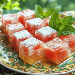 To start, you need fresh watermelon rind. Choose a ripe, juicy watermelon. The rind should be firm and bright. Cut the rind into 1-inch cubes. Make sure to remove any red flesh. Next, gather granulated sugar. This ingredient sweetens the rind and makes it sticky. You'll need two cups for this recipe. The sugar helps create a syrup that coats the rind evenly. You also need water to make the syrup. Use one cup of water for this step. Flavorings add a unique taste. You'll need one teaspoon of pure vanilla extract. Ground cinnamon and ginger are great choices too. Use half a teaspoon of cinnamon and a quarter teaspoon of ginger, if you like. Lastly, add a quarter teaspoon of fine sea salt to enhance the flavors. You can find the full recipe with specific instructions to guide you through the process of making this delightful treat. Enjoy the sweet journey of making candied watermelon rind! Start with a ripe watermelon. Cut away the green skin with a sharp knife. You want only the white part. Make sure to cut it into 1-inch cubes. Discard any red flesh that may cling to the rind. In a large pot, boil 4 cups of water. Add the cubed rind and let it boil for about 10 minutes. This softens the rind a bit. Once it is tender, drain it and set it aside to cool. In the same pot, mix 1 cup of water with 2 cups of granulated sugar. Heat this over medium heat. Stir until the sugar dissolves completely. This creates a sweet syrup. Return the boiled rind to the pot. Lower the heat and let it simmer for 45 minutes to an hour. Stir occasionally. This process makes the rind translucent and thickens the syrup. Once the rind looks candied, take the pot off the heat. Let it sit for an hour to soak up the syrup. Afterward, use a slotted spoon to lift the rind out and let excess syrup drip off. Place the pieces on a wire rack. Allow them to dry for a few hours or overnight. If desired, dust with powdered sugar for extra sweetness. You can check the [Full Recipe] for more details. Pick a ripe watermelon for the best taste. Look for one that feels heavy for its size. The skin should be smooth and shiny, with a yellow spot where it rested on the ground. This spot shows it ripened well. Avoid watermelons with soft spots or blemishes, as these often mean over-ripeness or spoilage. To achieve the right texture, boil the rind just enough. You want it tender but not mushy. After boiling, let it cool in the syrup. This allows the rind to soak up the sweet flavors. Drying it on a rack helps firm up the pieces, making them less sticky and easier to handle. You can add fun flavors to your candied watermelon rind. Try using different spices like nutmeg or allspice for a warm kick. A splash of citrus juice can brighten the taste too. For a twist, dip the cooled rind in melted chocolate. This adds a rich layer of flavor that pairs well with the sweetness. {{image_4}} You can add spice to your candied watermelon rind. To make spiced rind, add more cinnamon. Use 1 teaspoon of cinnamon instead of 1/2 teaspoon. You can also add a pinch of nutmeg. This will give it a warm flavor. The spices will mix well with the sweet syrup. If you love chocolate, try this fun twist. After drying the candied rind, dip it in melted chocolate. You can use dark, milk, or white chocolate. Let the chocolate harden on a wire rack. This treat will be both crunchy and sweet. For a fresh taste, try adding citrus. Use lemon or orange zest in the syrup. This will brighten the flavor of the rind. You can also squeeze a little juice into the syrup. The citrus will make your sweet treat even more delicious. Feel free to get creative with these options. You can mix and match flavors. Don’t forget to check out the Full Recipe for more details! To keep your candied watermelon rind fresh, store it in an airtight container. Use a glass jar or a plastic container with a tight lid. Make sure the rind is completely dry before storing. This step helps to prevent moisture build-up, which can lead to spoilage. Candied watermelon rind can last up to two weeks at room temperature. If you want to keep it longer, you can freeze it. To freeze, spread the pieces on a baking sheet first. This method prevents them from sticking together. Once frozen, transfer them to a freezer-safe bag. They can last up to six months in the freezer. Check for any signs of spoilage before eating. If you see mold or an off smell, it's best to throw it away. The texture should remain slightly tacky, not hard or overly dry. If it feels very soft or mushy, it may no longer be good. Always trust your senses when it comes to food safety. Making candied watermelon rind takes about one and a half hours. This includes prep, boiling, and candying. You’ll spend ten minutes getting everything ready. Boiling the rind takes another ten minutes. Then, simmer the rind in syrup for about 45 minutes to an hour. The wait is worth it! Yes, you can eat candied watermelon rind as a snack! It has a sweet flavor and chewy texture. You can enjoy it straight from the bowl or use it in trail mix. It also makes a fun addition to cheese boards. Candied watermelon rind is not a health food, but it has some redeeming qualities. It offers hydration since watermelon is mostly water. However, it is high in sugar due to the candying process. Moderation is key when enjoying this sweet treat. You can find candied watermelon rind at specialty stores or online. Some local farmers' markets may also sell it. If you can’t find it, you can easily make it at home using the Full Recipe. Candied watermelon rind has many uses! You can chop it up to top desserts or mix it into salads. It also works well in cocktails for a sweet twist. You can even incorporate it into baked goods like muffins or cakes. For a detailed method on how to make this treat, check out the Full Recipe. It offers step-by-step instructions and tips for perfect results. Enjoy making this delightful candy! To wrap up, we covered how to make candied watermelon rind. You learned about the key ingredients, useful tips, and different flavors to try. We explored how to store the candy and answered common questions, too. Making this treat is simple and fun. Experimenting can lead to great snacks. Enjoy your candied watermelon rind and share it with friends! It’s a tasty way to avoid waste and treat yourself.