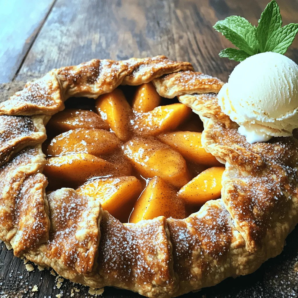 For this easy peach galette, you need simple, fresh items. Here’s what to gather: - 2 cups ripe peaches, pitted and thinly sliced - 1 pre-made pie crust (either store-bought or homemade) - 3 tablespoons granulated sugar, divided - 1 tablespoon cornstarch - 1 teaspoon pure vanilla extract - 1 tablespoon freshly squeezed lemon juice - 1 egg, beaten (for the egg wash) - 1/4 teaspoon ground cinnamon - A pinch of salt Getting the measurements right is key. Use the following proportions: - Peaches: 2 cups give a sweet base. - Sugar: 3 tablespoons balance the tartness of the peaches. - Cornstarch: 1 tablespoon thickens the juices. - Vanilla and lemon juice: 1 teaspoon and 1 tablespoon add flavor depth. - Cinnamon: Just a pinch enhances the warmth of the dish. - Salt: A tiny pinch helps all the flavors shine. You can make your galette even better with a few extras: - Coarse sugar for a sweet, crunchy topping. - Fresh herbs like mint for a burst of color and freshness. - A sprinkle of nutmeg for a warm, spicy note. These ingredients can help you create a galette that is not only delicious but also visually appealing. For the full recipe, check the details above. First, wash your ripe peaches under cool water. Next, cut each peach in half and remove the pit. Slice the peaches thinly for even cooking. In a medium bowl, mix the peach slices with 2 tablespoons of granulated sugar, cornstarch, vanilla extract, lemon juice, ground cinnamon, and a pinch of salt. Stir gently to coat the peaches. Let this mixture sit for about 10 minutes. This allows the flavors to blend and the peaches to soften. Start by preheating your oven to 400°F (200°C). Line a baking sheet with parchment paper. Unroll your pie crust onto the sheet. If needed, roll it a bit larger to fit your filling. Spoon the peach mixture into the center of the crust, leaving a 2-inch border. Fold the edges of the crust over the peaches, making pleats as you go. This will give your galette a rustic look and hold in the filling. Brush the crust with the beaten egg for a golden finish. Sprinkle the remaining tablespoon of sugar on top. Place your galette in the hot oven. Bake for 25 to 30 minutes. The crust should turn golden brown, and the peach filling should bubble. Once done, take it out and let it cool for a few minutes. Then, slice it into wedges. This easy peach galette is now ready to serve! Enjoy it warm or at room temperature, perhaps with vanilla ice cream for a delightful treat. For the full recipe, check out the earlier section. To create the best peach galette, you need ripe peaches. Look for peaches with a deep yellow or orange color. They should feel slightly soft when you press them gently. Avoid peaches that are too hard or too mushy. Sweet, juicy peaches make the filling burst with flavor. You can also smell them; ripe peaches have a sweet aroma. A flaky pie crust is key to a great galette. If you use a pre-made crust, choose one made with real butter. If you prefer homemade, keep your butter cold. Chop the butter into small pieces and mix it with flour quickly. This helps create layers. Don’t overwork the dough; it should be soft but not sticky. Chill the crust before filling it for the best texture. For a beautiful golden finish, brush the crust with a beaten egg. This gives a shiny look as it bakes. You can also sprinkle some coarse sugar on top for added crunch and sweetness. Bake your galette at 400°F (200°C) until the crust is golden and the filling bubbles. This usually takes about 25 to 30 minutes. The right bake time ensures a great look and taste. For the full recipe, check out the Easy Peach Galette instructions provided earlier. {{image_4}} You can switch peaches for other fruits. Try using blueberries, strawberries, or apples. Each fruit brings its own taste. For example, apples add a crisp bite. Berries offer a sweet-tart flavor. Use the same method as with peaches. Adjust sugar based on the fruit's sweetness. To boost flavor, add spices like nutmeg or ginger. A sprinkle of lemon zest brightens the taste. You can also use flavored extracts. Almond or lemon extracts add a unique twist. For a touch of warmth, consider adding a splash of bourbon or rum to the fruit mix. For a gluten-free galette, use a gluten-free pie crust. Many stores sell good options. You can also make your own with gluten-free flour. For dairy-free, skip the egg wash. Brush the crust with almond milk instead. This keeps the crust golden and tasty. Enjoy the same delicious results! For the complete recipe, check out the Full Recipe. To keep your peach galette fresh, cover it with plastic wrap. You can also use an airtight container. Store it in the fridge for up to three days. Make sure the galette cools completely before you cover it. This way, the crust stays crisp. To reheat your galette, preheat your oven to 350°F (175°C). Place the galette on a baking sheet lined with parchment paper. Heat for about 10 to 15 minutes or until warm. This method keeps the crust flaky. Avoid using the microwave, as it can make the crust soggy. You can freeze peach galette for later. Wrap it tightly in plastic wrap and then in foil. It can stay in the freezer for up to three months. When you're ready to enjoy it, thaw it overnight in the fridge. Then, reheat as described above. This way, you can have a delicious dessert anytime! For the full recipe, refer to the previous sections. A peach galette is a free-form pie made with fresh peaches. It features a flaky crust that wraps around the juicy fruit filling. Unlike traditional pies, a galette has a rustic look. It is simple to make and perfect for showcasing ripe peaches. You will love how the sweet, tender peaches shine in this dish. Yes, you can use frozen peaches. Just remember to thaw and drain them first. This prevents excess moisture in the galette. If you use frozen fruit, the galette may need a few extra minutes in the oven. The flavors will still be delightful, and this is a great option when fresh peaches are not in season. Your galette is done when the crust is golden brown. You should also see the peach filling bubbling. This usually takes about 25 to 30 minutes at 400°F (200°C). Keep an eye on it during the last few minutes. A perfectly baked galette will smell heavenly and look irresistible. Serve your peach galette warm or at room temperature. It pairs well with vanilla ice cream or whipped cream. A sprinkle of coarse sugar adds a nice touch. You can also add a fresh mint sprig for color. These options enhance the flavors and make your dessert even more enjoyable. For more details, check the Full Recipe. Making a peach galette is simple and fun. We covered fresh ingredients, measurements, and baking steps. You learned tips for ripe peaches, pie crusts, and great finishes. Variations can make your galette unique, and storage tips help keep it fresh. As you create this treat, enjoy the process and the tasty results. Happy baking!