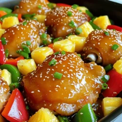 - 4 boneless, skinless chicken thighs - 1 tablespoon olive oil - 1 teaspoon garlic powder - 1 teaspoon ginger powder - 1 cup fresh pineapple, diced - 1/4 cup honey - 2 tablespoons soy sauce - 1 tablespoon freshly squeezed lime juice - 1 red bell pepper, sliced - 1 green bell pepper, sliced - 1/4 cup green onions, chopped - Toasted sesame seeds (optional) You need all these ingredients to make One-Pan Honey Pineapple Chicken. The chicken thighs give a juicy base. Olive oil adds healthy fat and flavor. Garlic and ginger powders boost the dish’s taste. Fresh pineapple brings sweet and tangy notes. Honey adds a rich sweetness that caramelizes during cooking. Soy sauce adds depth, while lime juice brightens the overall flavor. For the veggies, red and green bell peppers add color and crunch. Green onions enhance the dish with freshness. If you like, sprinkle some toasted sesame seeds for a nice crunch. You can find the detailed steps in the Full Recipe. Each ingredient plays an important role. Use fresh items for the best taste. Enjoy preparing this vibrant dish! - Preheat oven to 400°F (200°C). - In a bowl, mix olive oil, garlic powder, ginger powder, salt, and pepper. - Coat the chicken thighs in the seasoning mixture well. - Combine diced pineapple, honey, soy sauce, and lime juice in a bowl. - Stir until everything is well mixed and happy. - Heat a large oven-safe skillet over medium-high heat. - Arrange the chicken in the skillet and pour half the pineapple sauce over it. - Scatter the sliced bell peppers around the chicken. Pour the remaining sauce on top. - Transfer the skillet to the oven and roast for 25-30 minutes. - The chicken is done when it reaches 165°F (74°C) and the peppers are tender. You can find the Full Recipe for more details and tips. Enjoy the vibrant colors and flavors! - Ensure chicken reaches an internal temperature of 165°F (74°C) - Let chicken rest for 5 minutes after cooking Cooking chicken can be tricky. The key to juicy chicken is checking its temperature. Use a meat thermometer to make sure it hits 165°F (74°C). This step keeps your chicken safe to eat. After cooking, let the chicken rest. This allows the juices to soak back in. - Use coconut aminos as a gluten-free alternative to soy sauce - Substitute chicken thighs with breasts for a leaner option If you need a gluten-free option, try coconut aminos instead of soy sauce. It gives a similar taste but is safe for those with gluten allergies. Also, if you prefer a leaner meat, use chicken breasts instead of thighs. Both options work well in this dish. - Serve directly from the skillet for a rustic serving style - Garnish with green onions and sesame seeds for extra flavor Presentation is key to a great meal. You can serve this dish right from the skillet. It looks rustic and inviting. For extra flair, add green onions and sesame seeds on top. This not only makes it pretty but adds flavor and crunch. {{image_4}} You can add diced mango or kiwi for a fruity variation. This will give your One-Pan Honey Pineapple Chicken a bright and fresh taste. The sweet mango or tart kiwi pairs well with the honey and pineapple. This twist brings a fun summer vibe to your dish. If you enjoy heat, include red pepper flakes or sriracha for a spicy kick. A little spice can elevate the flavors in your chicken. Start with a small amount and adjust to your taste. This spicy version will bring a new level of excitement to your meal. For a vegetarian dish, replace chicken with tofu or chickpeas. Both options soak up the honey-pineapple sauce well. Tofu gives a nice texture, while chickpeas add protein and fiber. This version is just as tasty and satisfying. Enjoy your meal with a plant-based twist! For the complete recipe, check out the Full Recipe section. Store your One-Pan Honey Pineapple Chicken in an airtight container. It stays fresh in the fridge for up to 3 days. Make sure to let it cool before sealing the container. This helps keep the chicken juicy and tasty. If you want to save some for later, freeze portions in sealed bags. This dish freezes well for up to 3 months. Just label each bag with the date. When you're ready to eat, you can easily pull a bag from the freezer. To reheat, use the oven or microwave. If using the oven, set it to a low temperature. Heat until warmed through. If using a microwave, cover the chicken to keep it moist. Enjoy the sweet and savory flavors again! For the full recipe, check out the recipe section above. Total cooking time is approximately 40 minutes (10 mins prep, 30 mins roasting). Yes, but drain it well before using to avoid excess liquid. Serve with rice, quinoa, or a fresh salad for a complete meal. This article covered how to make One-Pan Honey Pineapple Chicken. You learned about the key ingredients, step-by-step instructions, and tips for success. I shared ways to tweak the recipe and how to store leftovers. This dish is simple, tasty, and flexible. Whether you tweak it or keep it classic, it always shines. Enjoy making this meal and sharing it with others!