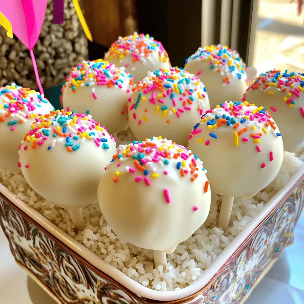 To make these fun cake pops, you will need: - 1 box vanilla cake mix (plus required ingredients per the package) - 1 cup creamy vanilla frosting - 1 cup white chocolate chips - 1 tablespoon coconut oil - Lollipop sticks or sturdy skewers These ingredients give you a sweet base and a smooth coating. The cake mix acts as the main part, while the frosting helps bind it all together. The white chocolate adds a nice touch on the outside. You can add some flair to your cake pops with these options: - Flavor extracts (like almond or lemon) to enhance the cake - Food coloring to match your theme - Different types of sprinkles for varied looks - Mini chocolate chips or nuts for added texture These optional additions let you customize your cake pops. You can match them to any party or holiday theme. To prepare these delightful treats, gather these tools: - Large mixing bowl - Parchment paper for easy cleanup - Baking sheet - Microwave-safe bowl for melting chocolate - Mixing spatula or your hands for mixing - Refrigerator to chill the cake balls Having the right tools makes the process smooth. It allows you to focus on creating tasty cake pops without any hassle. For the full recipe, check out the details above! To start, preheat your oven. Follow the temperature on the cake mix box. Grab a box of vanilla cake mix. Prepare it as the package says. Pour the batter into a greased 9x13 inch baking pan. Bake until golden. Stick a toothpick in the center. If it comes out clean, your cake is done. Let it cool completely on a wire rack. Once the cake is cool, move it to a large bowl. Use your hands to crumble the cake into small pieces. Aim for a texture like coarse crumbs. Next, add one cup of creamy vanilla frosting to the crumbs. Mix it well with your hands or a spatula. You want it to hold together, making it easy to shape into balls. Now, take small portions of the cake mix. Each piece should be about one inch in diameter. Roll them into smooth balls between your palms. Place the balls on a parchment-lined baking sheet. Make sure they do not touch each other. Put the tray in the refrigerator for about 30 minutes. Chilling helps the cake pops firm up, making coating easier. For the full recipe and more details, check the recipe section above. To melt chocolate smoothly, use a microwave-safe bowl. Start with white chocolate chips and add a tablespoon of coconut oil. The oil helps achieve a nice, glossy finish. Microwave in 30-second bursts. Stir after each burst to avoid burning. This method keeps the chocolate from seizing. The right cake pop texture is key. After mixing the cake crumbs with frosting, the mixture should hold its shape. If it's too dry, add a bit more frosting. If it’s too wet, mix in more cake crumbs. Roll the mixture into balls about one inch wide. Chill them for 30 minutes before coating. This step helps them stay firm. Get creative with your cake pops! Use colorful sprinkles for a festive look. You can also drizzle melted chocolate on top for added flair. For a fun twist, try crushed nuts or mini chocolate chips. Use themed decorations for holidays or birthdays. Let your imagination shine through! {{image_4}} You can switch up the cake flavor for fun. Instead of vanilla, try chocolate, red velvet, or lemon. Each flavor gives a new spin to your cake pops. Chocolate cake pops are rich and delicious. Red velvet adds a touch of color and flavor. Lemon gives a fresh twist, perfect for summer. While vanilla frosting is a classic, feel free to experiment. Cream cheese frosting pairs well with red velvet. Chocolate frosting adds a rich flavor to chocolate cake pops. If you want a fun twist, use strawberry or cookie dough frosting. These choices bring extra taste and excitement to your treats. Decorations can change with the seasons. For Christmas, use red and green sprinkles. In the fall, orange and yellow colors bring a harvest feel. For Halloween, add spooky designs like candy eyes. You can also use pastel colors for Easter. Seasonal decorations make your cake pops festive and fun for any occasion. To store uncoated cake balls, first, let them cool completely. Place them in a single layer in an airtight container. If you stack them, use parchment paper between layers. Keep the container in the fridge. This helps them stay fresh. They can last up to a week when stored this way. For coated cake pops, allow them to set first. Once the chocolate hardens, place them in an airtight container. You can store them at room temperature for a few days. If you want them to last longer, keep them in the fridge. Just make sure they are not touching each other. This prevents any damage to the decorations. Cake pops have a good shelf life. When properly stored, they last about one week in the fridge. You can also freeze them for up to three months. To freeze, place the cake pops on a baking sheet. Freeze them until solid, then transfer them to a freezer-safe bag. When you're ready to eat them, let them thaw in the fridge. For the full recipe, check out the main section of this article. Yes, you can use any flavor of cake mix. Think chocolate, red velvet, or lemon. Each will give your cake pops a unique taste. Just make sure to follow the instructions on the cake mix box. This way, you get the right texture and flavor. Experimenting with different mixes can lead to fun results. To prevent crumbling, ensure the cake is completely cooled before mixing. When you crumble the cake, aim for a fine texture. Mix in enough frosting, so the batter holds together. If it feels too dry, add a bit more frosting. Chilling the cake balls helps them firm up, making them easier to coat. If your chocolate isn’t smooth, try these tips. First, use a microwave-safe bowl and melt in short bursts, stirring often. If it’s too thick, add a little coconut oil. This will help it glide better. If it seizes up, you might have overheated it. Starting fresh with lower heat is best. You now know how to make Starbucks copycat birthday cake pops at home. We covered key ingredients, step-by-step instructions, and helpful tips. You can choose optional flavors and decorations to make them unique. Storage and shelf-life details ensure your pops stay fresh. Dive into making cake pops that impress everyone. Enjoy the process, and share your creations!