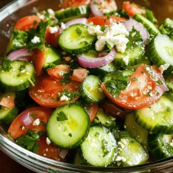 To make a Simple Cucumber Tomato Salad, you need fresh ingredients that bring a burst of flavor. Here’s what you’ll need: - 2 large cucumbers, diced into bite-sized pieces - 3 ripe tomatoes, diced into chunks - 1 red onion, thinly sliced - 1/4 cup fresh parsley, finely chopped - 1/4 cup crumbled feta cheese (optional, for extra flavor) - 3 tablespoons extra virgin olive oil - 1 tablespoon apple cider vinegar - 1 teaspoon honey or maple syrup (for a vegan option) - Salt and freshly cracked black pepper to taste These ingredients come together to create a refreshing dish. The cucumbers add crunch. The tomatoes provide sweetness. The red onion gives a nice kick. Fresh parsley brightens the salad. And feta cheese can add a creamy element, if you choose to include it. Using high-quality olive oil enhances the taste. Apple cider vinegar adds a tangy note that balances the flavors. A touch of honey or maple syrup brings out the sweetness of the tomatoes. Finally, salt and pepper are key to making all the flavors pop. For the full recipe, please check [Full Recipe]. To make a great salad, you need to prepare your vegetables well. Start with the cucumbers. I recommend using large cucumbers. Cut off both ends first. Then, slice the cucumber in half lengthwise. Next, dice it into bite-sized pieces. This helps them mix well with other ingredients. Now, let’s move to the tomatoes. Choose ripe tomatoes for the best flavor. Cut them into chunks, similar in size to your cucumber pieces. This keeps the salad looking uniform and appealing. For the red onion, slice it thinly. Start by cutting off the ends. Then, cut it in half. Place the flat side down and slice it into thin rings. This makes it easier to mix and gives a nice bite to the salad. Now, let's make a tasty dressing. In a small bowl or jar, add extra virgin olive oil and apple cider vinegar. Use three tablespoons of oil and one tablespoon of vinegar. This mix gives the salad a bright flavor. Next, add one teaspoon of honey or maple syrup. This adds a touch of sweetness. Whisk all the ingredients together until they blend smoothly. Taste the dressing and adjust it. If it needs more salt or pepper, add it now. This is your chance to make it just right for your taste. Once your veggies and dressing are ready, it's time to mix them. In a large bowl, add the diced cucumbers, tomatoes, and red onion. Be gentle when you mix. You don’t want to bruise the vegetables. Use a tossing motion instead of stirring. If you want extra flavor, add crumbled feta cheese on top. This makes the salad creamy and adds a nice salty taste. After mixing, let the salad rest for about 10-15 minutes. This gives the flavors time to meld together. For the full recipe, check the section above. Enjoy your fresh and flavorful salad! To make your salad look great, use a clear glass bowl. This lets the bright colors shine. After you mix the salad, add some parsley on top. A sprinkle of feta cheese adds a nice touch too. For a full meal, serve this salad with grilled chicken or fish. It also goes well with pita bread and hummus. This makes a fresh and light dinner. You can add more herbs to make the salad even better. Fresh basil or mint can give it a new twist. A pinch of red pepper flakes adds a bit of heat. To keep the salad crisp, mix in the dressing just before serving. This way, the veggies stay crunchy and fresh. If you want a zing, try adding lemon juice. It brightens up the taste. For the Full Recipe, you will find all the details needed to make this refreshing dish. {{image_4}} If you want to change the main ingredients, consider these options: - Cucumbers: Try zucchini or bell peppers. Both add a fresh crunch. - Tomatoes: You can use cherry tomatoes or even roasted red peppers. They bring sweetness and depth. For those who want a vegan twist, replace honey with maple syrup. It gives the same sweetness without using animal products. If you skip feta cheese, try avocado for a creamy texture that fits well. Looking to boost your salad's nutrition? Here are some great ideas: - Proteins: Add chickpeas for a plant-based protein source. Grilled chicken also works well if you want meat. - Nuts or Seeds: Toss in some sunflower seeds or almonds. They add a delightful crunch and healthy fats. These add-ons not only make the salad heartier but also enhance the overall flavor. Enjoy mixing and matching these variations to fit your taste! To keep your Simple Cucumber Tomato Salad fresh and tasty, follow these steps: - Refrigerate immediately: Store the salad in an airtight container. This keeps it crisp. - Use paper towels: Place a paper towel inside the container. It absorbs extra moisture. - Keep dressing separate: If you make the salad ahead, store the dressing in another container. Add it just before serving. This prevents soggy veggies. Your salad can last in the fridge for about 3 days. However, here are some signs of spoilage to look out for: - Wilting vegetables: If the cucumbers or tomatoes look limp, it’s time to toss them. - Off smell: If the salad smells sour, it’s best to discard it. - Color changes: Faded colors can indicate that the salad is past its prime. By following these tips, you can enjoy your Simple Cucumber Tomato Salad for days! Remember, freshness is key to flavor. For a full recipe, check out the Refreshing Cucumber Tomato Fusion Salad. Can I make the salad ahead of time? Yes, you can prepare this salad ahead of time. However, I suggest adding the dressing just before serving. This keeps the vegetables crisp and fresh. If you want to make it earlier, chop the ingredients and store them separately. What can I substitute for olive oil? If you need an alternative to olive oil, try avocado oil or sunflower oil. Both options provide a light taste. You can also use yogurt for a creamy dressing without oil. Is this salad gluten-free? Yes, this salad is gluten-free. All the ingredients, like cucumbers and tomatoes, are naturally gluten-free. Enjoy this dish without worry if you follow a gluten-free diet. Caloric breakdown per serving Each serving has about 150 calories. This includes healthy fats from olive oil and fiber from the vegetables. The feta cheese adds a bit more, so adjust based on your needs. Health benefits of main ingredients - Cucumbers: Hydrating and low in calories. They help with digestion. - Tomatoes: Packed with vitamins and antioxidants. They may promote heart health. - Red onion: Contains quercetin, which may help reduce inflammation. - Parsley: Rich in vitamins A and C. It can aid digestion. - Feta cheese: Provides protein and calcium but can add sodium, so use it wisely. This salad is not just tasty; it offers health benefits, too! For the full recipe, check out the details above. This blog post covered how to create a delicious cucumber tomato salad. You learned about the required ingredients, tips for perfect preparation, and how to make a tasty dressing. We also explored variations and storage tips to keep your salad fresh. In the end, this salad is simple to make and can fit many diets. Enjoy customizing it to your taste! With fresh ingredients and smart tips, your salad will impress every time.