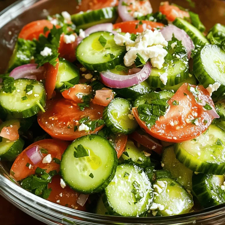 To make a Simple Cucumber Tomato Salad, you need fresh ingredients that bring a burst of flavor. Here’s what you’ll need: - 2 large cucumbers, diced into bite-sized pieces - 3 ripe tomatoes, diced into chunks - 1 red onion, thinly sliced - 1/4 cup fresh parsley, finely chopped - 1/4 cup crumbled feta cheese (optional, for extra flavor) - 3 tablespoons extra virgin olive oil - 1 tablespoon apple cider vinegar - 1 teaspoon honey or maple syrup (for a vegan option) - Salt and freshly cracked black pepper to taste These ingredients come together to create a refreshing dish. The cucumbers add crunch. The tomatoes provide sweetness. The red onion gives a nice kick. Fresh parsley brightens the salad. And feta cheese can add a creamy element, if you choose to include it. Using high-quality olive oil enhances the taste. Apple cider vinegar adds a tangy note that balances the flavors. A touch of honey or maple syrup brings out the sweetness of the tomatoes. Finally, salt and pepper are key to making all the flavors pop. For the full recipe, please check [Full Recipe]. To make a great salad, you need to prepare your vegetables well. Start with the cucumbers. I recommend using large cucumbers. Cut off both ends first. Then, slice the cucumber in half lengthwise. Next, dice it into bite-sized pieces. This helps them mix well with other ingredients. Now, let’s move to the tomatoes. Choose ripe tomatoes for the best flavor. Cut them into chunks, similar in size to your cucumber pieces. This keeps the salad looking uniform and appealing. For the red onion, slice it thinly. Start by cutting off the ends. Then, cut it in half. Place the flat side down and slice it into thin rings. This makes it easier to mix and gives a nice bite to the salad. Now, let's make a tasty dressing. In a small bowl or jar, add extra virgin olive oil and apple cider vinegar. Use three tablespoons of oil and one tablespoon of vinegar. This mix gives the salad a bright flavor. Next, add one teaspoon of honey or maple syrup. This adds a touch of sweetness. Whisk all the ingredients together until they blend smoothly. Taste the dressing and adjust it. If it needs more salt or pepper, add it now. This is your chance to make it just right for your taste. Once your veggies and dressing are ready, it's time to mix them. In a large bowl, add the diced cucumbers, tomatoes, and red onion. Be gentle when you mix. You don’t want to bruise the vegetables. Use a tossing motion instead of stirring. If you want extra flavor, add crumbled feta cheese on top. This makes the salad creamy and adds a nice salty taste. After mixing, let the salad rest for about 10-15 minutes. This gives the flavors time to meld together. For the full recipe, check the section above. Enjoy your fresh and flavorful salad! To make your salad look great, use a clear glass bowl. This lets the bright colors shine. After you mix the salad, add some parsley on top. A sprinkle of feta cheese adds a nice touch too. For a full meal, serve this salad with grilled chicken or fish. It also goes well with pita bread and hummus. This makes a fresh and light dinner. You can add more herbs to make the salad even better. Fresh basil or mint can give it a new twist. A pinch of red pepper flakes adds a bit of heat. To keep the salad crisp, mix in the dressing just before serving. This way, the veggies stay crunchy and fresh. If you want a zing, try adding lemon juice. It brightens up the taste. For the Full Recipe, you will find all the details needed to make this refreshing dish. {{image_4}} If you want to change the main ingredients, consider these options: - Cucumbers: Try zucchini or bell peppers. Both add a fresh crunch. - Tomatoes: You can use cherry tomatoes or even roasted red peppers. They bring sweetness and depth. For those who want a vegan twist, replace honey with maple syrup. It gives the same sweetness without using animal products. If you skip feta cheese, try avocado for a creamy texture that fits well. Looking to boost your salad's nutrition? Here are some great ideas: - Proteins: Add chickpeas for a plant-based protein source. Grilled chicken also works well if you want meat. - Nuts or Seeds: Toss in some sunflower seeds or almonds. They add a delightful crunch and healthy fats. These add-ons not only make the salad heartier but also enhance the overall flavor. Enjoy mixing and matching these variations to fit your taste! To keep your Simple Cucumber Tomato Salad fresh and tasty, follow these steps: - Refrigerate immediately: Store the salad in an airtight container. This keeps it crisp. - Use paper towels: Place a paper towel inside the container. It absorbs extra moisture. - Keep dressing separate: If you make the salad ahead, store the dressing in another container. Add it just before serving. This prevents soggy veggies. Your salad can last in the fridge for about 3 days. However, here are some signs of spoilage to look out for: - Wilting vegetables: If the cucumbers or tomatoes look limp, it’s time to toss them. - Off smell: If the salad smells sour, it’s best to discard it. - Color changes: Faded colors can indicate that the salad is past its prime. By following these tips, you can enjoy your Simple Cucumber Tomato Salad for days! Remember, freshness is key to flavor. For a full recipe, check out the Refreshing Cucumber Tomato Fusion Salad. Can I make the salad ahead of time? Yes, you can prepare this salad ahead of time. However, I suggest adding the dressing just before serving. This keeps the vegetables crisp and fresh. If you want to make it earlier, chop the ingredients and store them separately. What can I substitute for olive oil? If you need an alternative to olive oil, try avocado oil or sunflower oil. Both options provide a light taste. You can also use yogurt for a creamy dressing without oil. Is this salad gluten-free? Yes, this salad is gluten-free. All the ingredients, like cucumbers and tomatoes, are naturally gluten-free. Enjoy this dish without worry if you follow a gluten-free diet. Caloric breakdown per serving Each serving has about 150 calories. This includes healthy fats from olive oil and fiber from the vegetables. The feta cheese adds a bit more, so adjust based on your needs. Health benefits of main ingredients - Cucumbers: Hydrating and low in calories. They help with digestion. - Tomatoes: Packed with vitamins and antioxidants. They may promote heart health. - Red onion: Contains quercetin, which may help reduce inflammation. - Parsley: Rich in vitamins A and C. It can aid digestion. - Feta cheese: Provides protein and calcium but can add sodium, so use it wisely. This salad is not just tasty; it offers health benefits, too! For the full recipe, check out the details above. This blog post covered how to create a delicious cucumber tomato salad. You learned about the required ingredients, tips for perfect preparation, and how to make a tasty dressing. We also explored variations and storage tips to keep your salad fresh. In the end, this salad is simple to make and can fit many diets. Enjoy customizing it to your taste! With fresh ingredients and smart tips, your salad will impress every time.