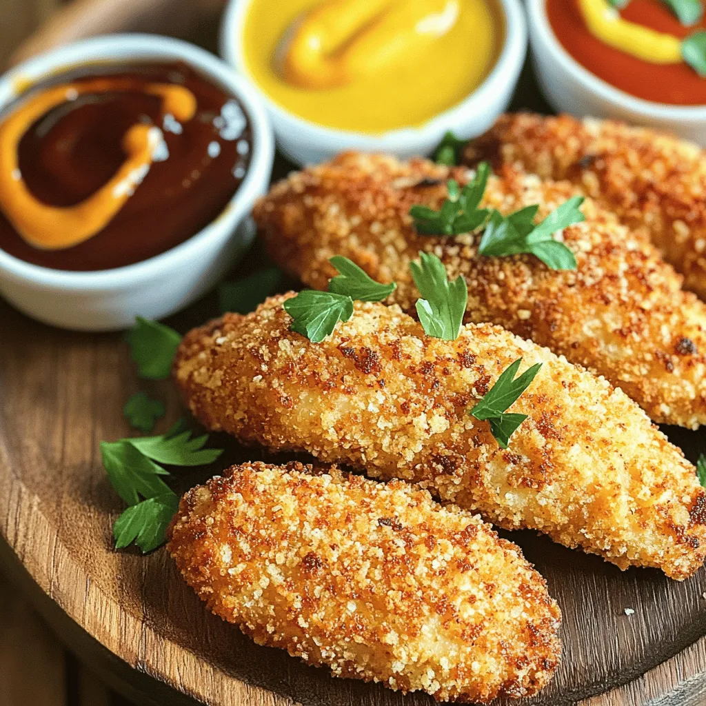 - 1 lb chicken breast Cut the chicken into even strips. This size helps them cook evenly. - 1 cup buttermilk Buttermilk makes the chicken juicy and tender. It helps the coating stick too. - 1 cup all-purpose flour This is the base for your dry coating. It creates a strong layer. - 1 cup panko breadcrumbs Panko adds extra crunch. It creates a delightful texture when cooked. - 1 teaspoon garlic powder Garlic powder gives a great flavor. It enhances the overall taste. - 1 teaspoon onion powder Onion powder adds depth to the seasoning. It makes the chicken more savory. - 1 teaspoon paprika Paprika brings warmth and color. It makes the dish visually appealing. - 1 teaspoon dried oregano Oregano adds a hint of earthiness. It rounds out the flavor profile. - Salt and black pepper, to taste These are essential for seasoning. Adjust them to your preference. - Cooking spray (optional) This helps achieve an extra crisp. It prevents sticking in the air fryer. These ingredients come together to create a tasty and crispy dish. Each part plays a role in flavor and texture. For the full recipe, check the earlier section to get cooking! To start, we need to marinate the chicken. This step makes the meat juicy and flavorful. I use buttermilk for the marination. It adds a nice tang and helps tenderize the chicken. Place the chicken strips in a large bowl. Pour the buttermilk over them. Make sure each piece is well-coated. Cover your bowl with plastic wrap or a lid. Let it sit for at least 30 minutes at room temperature. You can also refrigerate it for up to 24 hours for even better flavor. Next, we prepare the dry coating. In a separate bowl, combine the flour, garlic powder, onion powder, paprika, oregano, salt, and pepper. Whisk them together until mixed well. This mix will give the chicken a delicious flavor. Now, set up the breading station. In a third bowl, put the panko breadcrumbs. This will be the final coating for that extra crunch. Now, we get to the fun part—cooking! First, preheat your air fryer to 400°F (200°C). This step is crucial for getting that crispy texture. Let it warm for about 5 minutes. While the air fryer heats, take the marinated chicken out of the buttermilk. Let the excess buttermilk drip off. First, dredge each piece in the seasoned flour, coating it fully. Then, dip it back into the buttermilk briefly. Finally, press it into the panko breadcrumbs to ensure a thick coating. Next, lightly spray the air fryer basket with cooking spray to help prevent sticking. Place the chicken tenders in a single layer in the basket. Avoid overcrowding to ensure even cooking. Air fry the tenders for 10-12 minutes. Flip them halfway through cooking. They’ll be done when golden brown and cooked through. Once cooked, carefully remove them from the air fryer. Let them rest for a couple of minutes on a plate. This helps the juices redistribute. For the full recipe, you can refer to the section above. To get the best crisp on your chicken tenders, follow these steps: - Coating Technique: Start by marinating your chicken in buttermilk. This tenderizes the meat and adds moisture. After marinating, coat each strip in seasoned flour, dip it back in the buttermilk, and then press it into panko breadcrumbs. This double-coating gives you that amazing crunch. - Cooking Spray: Lightly spray the coated chicken with cooking spray before air frying. This small step adds extra crispiness and helps the breadcrumbs brown nicely. Cooking in batches is key to great results: - Avoid Overcrowding: Place the chicken tenders in a single layer in the air fryer. If you crowd them, they will steam instead of fry. This means less crispiness. - Batch Efficiency: If you have a lot of chicken to cook, do it in batches. While one batch cooks, you can prepare the next. This keeps everything moving smoothly and ensures each piece gets the attention it needs. Following these tips will help you create the crispiest, most flavorful chicken tenders, just like the ones in the Full Recipe. {{image_4}} You can change the taste of your chicken tenders easily. Try using different spices and herbs. Here are some ideas: - Cajun Seasoning: For a spicy kick, mix in Cajun spice. - Italian Herbs: Use dried basil, thyme, or rosemary for an Italian twist. - Lemon Zest: Add zest for a fresh, bright flavor. For breading, you can swap the panko breadcrumbs. Here are some alternatives: - Cornmeal: This gives a crunchy texture and a unique flavor. - Crushed Crackers: Use any savory crackers for a tasty coating. - Ground Oats: This is a great option for a healthier choice. If you want a healthier version of chicken tenders, you have great options. For whole grain coatings, consider using: - Whole Wheat Flour: This adds fiber and nutrients. - Oat Flour: Ground oats can be a great gluten-free choice. For low-carb options, try these substitutes: - Almond Flour: This works well for a nutty flavor and keeps it low-carb. - Coconut Flour: Use this for a hint of sweetness and fewer carbs. These variations not only make your meal healthier but also keep it fun and exciting! For more ideas, check the Full Recipe and get creative in your kitchen. After cooking your air fryer chicken tenders, you might have some left. To keep them fresh, follow these tips: - Cool Down: Let the chicken tenders cool to room temperature first. - Use Airtight Containers: Store them in airtight containers to keep moisture out. - Refrigerate: Place the containers in the fridge. They will stay good for up to four days. I recommend using glass containers. They don’t stain and are easy to clean. If you want to store them longer, consider freezing. When you want to enjoy your chicken tenders again, reheating them right is key. Here’s how: - Air Fryer Method: Preheat the air fryer to 375°F (190°C). Place the tenders in a single layer and heat for about 5-7 minutes. This keeps them crispy. - Oven Method: Preheat your oven to 400°F (200°C). Spread the tenders on a baking sheet and heat for 10-15 minutes. To avoid sogginess, skip the microwave. The microwave makes them soft and chewy. For best results, always reheat in the air fryer or oven. For the full recipe, check the instructions above and enjoy your crispy air fryer chicken tenders! Air fryer chicken tenders can last in the fridge for about 3 to 4 days. Store them in an airtight container to keep them fresh. If you want to keep them longer, you can freeze them. Freeze them in a single layer on a baking sheet first, then transfer to a freezer bag. They will last up to 3 months in the freezer. Yes, you can use frozen chicken breasts for air fryer chicken tenders. Just make sure to adjust the cooking time. Cook them at 400°F (200°C) for about 15 to 18 minutes. Flip them halfway through to ensure even cooking. Always check the internal temperature. It should be at least 165°F (75°C) for safe eating. Chicken tenders pair well with many sauces. Here are a few tasty options: - Honey mustard - Barbecue sauce - Ranch dressing - Sweet and sour sauce - Sriracha mayo These dips add fun flavors and enhance your chicken tenders. To check if chicken tenders are done, use a meat thermometer. The inside should reach 165°F (75°C). If you don't have a thermometer, cut one open. The meat should be white and the juices clear. Avoid undercooking to ensure safety. Enjoy your crispy air fryer chicken tenders! You now have a clear path to prepare tasty air fryer chicken tenders. We covered the ingredients you need, how to marinate the chicken, and the steps for breading and cooking. Remember to use the tips for crispiness and avoid overcrowding your air fryer. Don’t forget the fun variations and how to store leftovers to keep them fresh. Enjoy making this dish your own, and savor the delicious results with your favorite dipping sauces. Happy cooking!