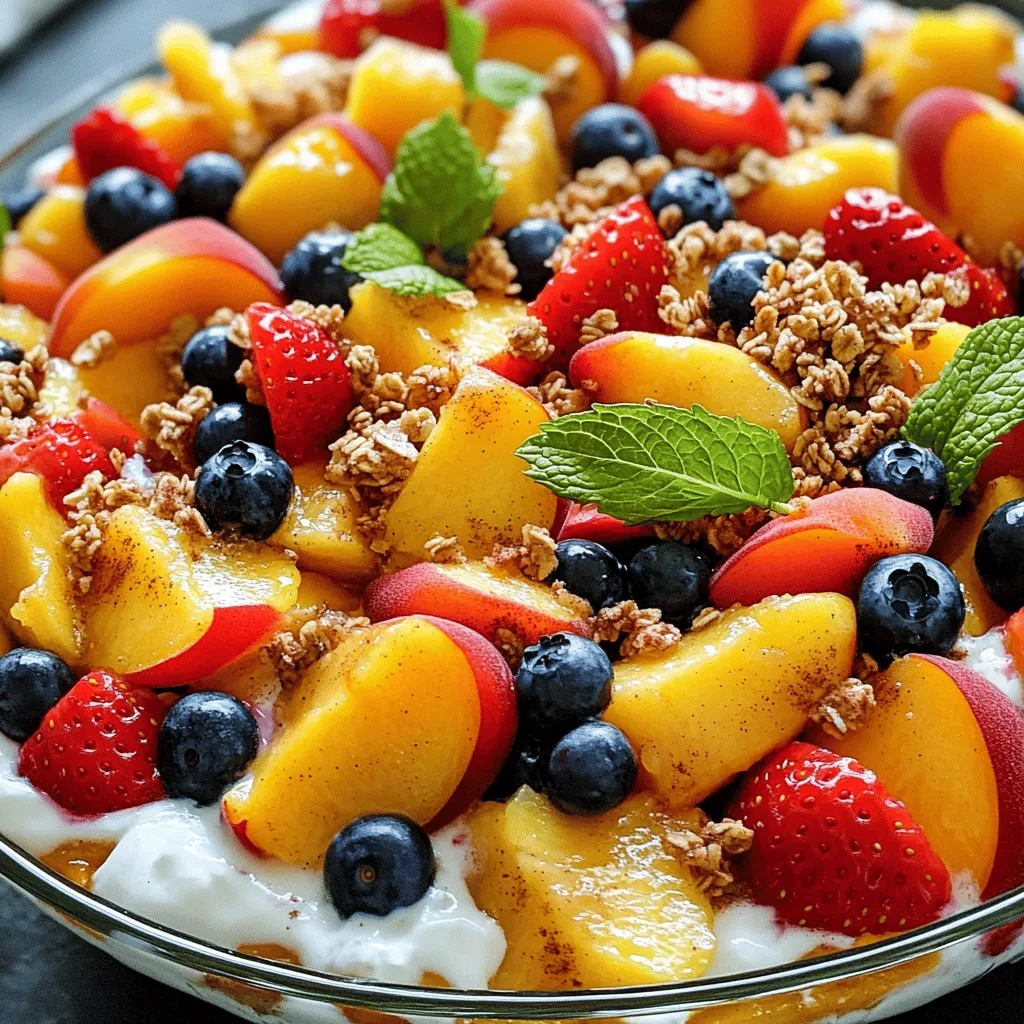 - 4 ripe peaches - 1 cup strawberries - 1 cup fresh blueberries - 8 oz cream cheese - 1/2 cup Greek yogurt - 1/4 cup powdered sugar - 1 teaspoon pure vanilla extract - 1 teaspoon ground cinnamon - 1 cup granola for topping - Fresh mint leaves for garnish When I create a Peach Cobbler Cheesecake Fruit Salad, I focus on fresh fruit. Ripe peaches make the dish sweet and juicy. Strawberries bring a bright color and tartness. Blueberries add bursts of flavor and nutrients. For the cheesecake mixture, I use softened cream cheese. It gives a rich and creamy base. Greek yogurt adds tanginess and a lighter texture. I sweeten it with powdered sugar and a splash of vanilla. This mixture makes each bite feel indulgent. To finish, I sprinkle ground cinnamon for warmth. It pairs well with the fruit. Granola adds a crunchy texture on top, making it fun to eat. Fresh mint leaves give a pop of color and freshness. All these ingredients come together to create a delightful treat. You can find the complete list and instructions in the Full Recipe. Start by dicing your peaches into small, bite-sized pieces. They should be ripe to ensure a sweet flavor. Next, hull the strawberries and slice them in half. This helps mix them well with the other fruits. In a large mixing bowl, gently combine the diced peaches, halved strawberries, and fresh blueberries. Use a folding motion to mix the fruits. This way, you won't mash them. The colors will look bright and inviting. Now, let’s make the cheesecake mixture. First, soften the cream cheese. Leave it at room temperature for about 15 minutes. This helps it mix better. In a separate bowl, beat the softened cream cheese with an electric mixer until creamy. Add in the Greek yogurt, powdered sugar, and vanilla extract. Mix until the blend is smooth and creamy. This mixture adds a rich taste to the fruit salad. Next, it's time to combine everything. Carefully fold the cheesecake mixture into the bowl of mixed fruit. Make sure each piece of fruit is coated with the cheesecake goodness. This step is key for flavor. Then, evenly sprinkle the ground cinnamon over the fruit salad. Gently fold it in to spread the warm flavor throughout. Now, cover the mixing bowl with plastic wrap and refrigerate for about 30 minutes. Chilling allows the flavors to blend nicely. For the full recipe, check the instructions in the earlier section. When you are ready to serve, spoon the vibrant fruit salad into bowls. Or, present it beautifully in a large glass dish. Don’t forget to add granola on top for crunch. Garnish with fresh mint leaves for a lovely touch! Using ripe fruits gives the best taste. Choose peaches that are soft but not mushy. Strawberries should be bright red and firm. If you want, you can swap Greek yogurt with sour cream. This change adds a rich, tangy flavor to the cheesecake mixture. Serve your fruit salad in clear glass dishes. This way, guests can see the colorful layers. You can also sprinkle granola on top for some crunch. Garnish with fresh mint leaves. They add a lovely green touch and a fresh scent. Make the salad ahead of time. Chilling it for about 30 minutes helps the flavors mix. Store any leftovers in a tight container. This keeps the fruit fresh and tasty for a few days. Enjoy this delightful treat from the Full Recipe! {{image_4}} You can switch up the fruits in your salad. Use seasonal fruits for a fresh twist. Try ripe nectarines, plums, or even cherries. Each fruit brings its unique flavor. You can also experiment with berries. Blackberries and raspberries add a deep, rich taste. Mixed berries provide color and texture, making the dish pop. A bit of citrus zest can elevate your salad. Lemon or orange zest adds brightness and zing. If you prefer a sweeter touch, try honey or agave. These natural sweeteners complement the fruit and cheesecake well. Adjust the sweetness to your taste, making each bite delightful. If you need gluten-free options, choose gluten-free granola. Many brands offer tasty choices that fit this diet. For vegan variations, swap the cream cheese with cashew cream. Blend soaked cashews with a bit of lemon juice for creaminess. This keeps the flavor and texture rich while fitting your dietary needs. You can find the Full Recipe for Peach Cobbler Cheesecake Fruit Salad to explore these variations. Store your Peach Cobbler Cheesecake Fruit Salad in an airtight container. This keeps it fresh and tasty. It will last for about three days in the fridge. After that, the fruit may get mushy. Always check for any off smells or changes in texture before eating. Yes, you can freeze this fruit salad! However, the texture of the fruit may change after thawing. To freeze, place the salad in a freezer-safe container. Leave some space at the top, as it may expand. When you're ready to enjoy it, move the salad to the fridge to thaw overnight. Serve chilled for the best taste. Leftover Peach Cobbler Cheesecake Fruit Salad makes a great breakfast or snack. Try mixing it into your morning yogurt or oatmeal. You can also top pancakes or waffles with it for a sweet twist. Get creative! Peach Cobbler Cheesecake Fruit Salad lasts about 3 to 5 days in the fridge. Store it in a sealed container. Always check for signs of spoilage. If you see any mold or notice an off smell, it's best to toss it. Yes, you can use canned peaches. They save time and are easy to find. Make sure to drain them well. Canned peaches may be sweeter than fresh ones. Adjust the sugar in your recipe if needed. To make Peach Cobbler Cheesecake Fruit Salad gluten-free, use gluten-free granola. Check labels on all ingredients. Most fruits and dairy are naturally gluten-free, so you’re already set there. This way, everyone can enjoy this delicious treat. For more ideas, you can explore recipes that use almond flour or gluten-free oats. This blog post covered how to create a delicious Peach Cobbler Cheesecake Fruit Salad. We talked about fresh fruits, making the cheesecake mixture, and combining the ingredients. I shared tips for flavor, serving, and storing. Remember, using ripe fruits makes a huge difference. Feel free to try different fruits or make it gluten-free. This recipe can easily adapt to your taste. Enjoy making this treat and share it with friends!
