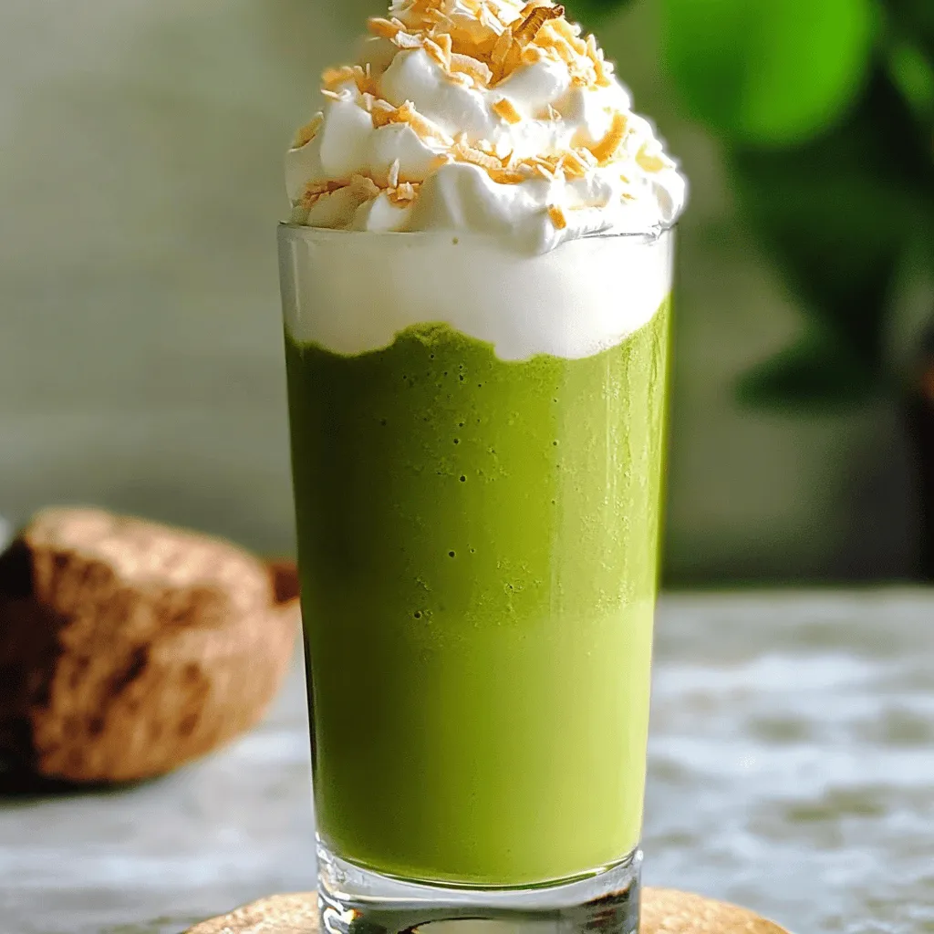 - 2 teaspoons ceremonial matcha powder - 1 cup chilled canned coconut milk - 1 tablespoon honey or maple syrup - 1 cup ice cubes - 1/2 teaspoon pure vanilla extract - Whipped coconut cream (for topping) - Toasted coconut flakes - Optional flavorings or sweeteners Matcha Coconut Cloud Frappe is a simple and fun drink to make. The main ingredients are key to its taste. You will need ceremonial matcha powder. This type of matcha has a bright green color and rich flavor. The coconut milk adds creaminess. It also brings a tropical twist to the drink. Honey or maple syrup gives it sweetness. You can adjust the amount based on your taste. Next, we have additional ingredients. Ice cubes keep your frappe cold and refreshing. The pure vanilla extract adds a hint of warmth. Finally, whipped coconut cream creates that lovely cloud-like topping. It makes the drink look even more tempting. For garnishing options, toasted coconut flakes add a nice crunch. You can also try other flavorings or sweeteners. Get creative and make it your own! This drink is not just tasty, but it can also be a showstopper. So, let your imagination run wild with the toppings! If you want to see how to make it, check the Full Recipe. 1. Measure and add matcha powder to a blender. Use 2 teaspoons of ceremonial matcha powder. This type has a vibrant color and great taste. 2. Pour in coconut milk and sweetener. Add 1 cup of chilled canned coconut milk. Then, mix in 1 tablespoon of honey or maple syrup. Adjust the sweet taste to your liking. 1. Secure the blender lid and blend on high speed. Blend for about 30 to 45 seconds. You want a smooth and frothy drink. 2. Adjust sweetness after blending as needed. Taste your frappe. If it needs more sweetness, add a bit more honey or syrup. Blend again briefly to mix it well. 1. Pour into a tall glass. Fill the glass about three-quarters full. This leaves room for toppings. 2. Add whipped coconut cream and garnish with coconut flakes. Top your drink with whipped coconut cream. It creates a cloud-like look. Finish with some toasted coconut flakes for added crunch and flavor. Now you can enjoy a refreshing Matcha Coconut Cloud Frappe! For the full recipe, check the section on ingredients and instructions. To get a frothy blend, use a high-speed blender. I recommend blending for about 30 to 45 seconds. This works well to mix all ingredients, making the frappe creamy and light. If the ingredients are too cold, it may create a thicker texture. However, if it’s too warm, the frappe might turn runny. Aim for chilled coconut milk and ice to keep it just right. You can try different sweeteners for your frappe. Honey or maple syrup works great, but you can also use agave or stevia. Each sweetener has its own taste. If you want it sweeter, just add a bit more. Start small, then taste and adjust as needed. This way, you can make it perfect for your liking. Serving matters! Use tall, clear glasses to show off the lovely layers of your frappe. For a fun touch, add whipped coconut cream on top. Then sprinkle toasted coconut flakes over the cream. This adds both flavor and a nice look. You can even add a colorful straw or a fun spoon to make it more inviting. {{image_4}} You can get creative with flavors in your Matcha Coconut Cloud Frappe. Adding extracts like almond or extra coconut enhances the taste. You can also try blending in fruits like bananas or avocados. These fruits add creaminess and a natural sweetness. For a tropical twist, try fresh pineapple or mango. If you're watching your calories, consider using low-fat coconut milk. This change keeps the flavor but cuts down on fat. You might also want to switch sweeteners. A sugar-free option, like stevia or monk fruit, works well. This way, you can enjoy your drink without the sugar rush. To keep your frappe fully plant-based, check all your ingredients. Ensure that your sweeteners and flavorings are vegan. If you want whipped cream on top, use whipped coconut cream. Many brands offer dairy-free options that froth nicely. This keeps your frappe creamy and delicious while staying vegan. To keep your Matcha Coconut Cloud Frappe fresh, store it in an airtight container. Glass jars work well. They help seal in flavor and prevent spills. You can also use plastic containers if that's what you have. Just make sure they close tightly. For best results, refrigerate your leftovers. Consume them within two days. After that, the texture and taste may change. Can you reheat a frappe? It’s best to enjoy your frappe cold, but you can use leftovers in new ways! Use the leftover frappe as a base for smoothies. Just blend it with fresh fruit or yogurt. You can also pour it over pancakes or waffles for a unique twist. If you need to re-blend it, add a bit of ice and blend again. This will help restore its fluffy texture. Want to prepare in advance? You can freeze your frappe! Pour it into ice cube trays. Once frozen, transfer the cubes to a plastic bag. This way, you can use them later in smoothies or other drinks. For the best taste, thaw your frappe cubes in the fridge overnight. You can also blend them while still frozen if you want a thicker drink. Just remember, the flavor will be best if used within three weeks. What is ceremonial matcha and why is it preferred? Ceremonial matcha is a high-quality green tea powder. It comes from the youngest tea leaves. This matcha has a bright green color and a smooth taste. It is ground finely, which makes it perfect for drinks like our Matcha Coconut Cloud Frappe. I recommend using ceremonial grade for the best flavor and health benefits. Can I use culinary grade matcha? Yes, you can use culinary grade matcha. However, it has a more bitter taste. This type is often used in baking or cooking. If you want a sweeter drink, stick with ceremonial matcha for your frappe. What food pairs well with Matcha Coconut Cloud Frappe? This frappe goes well with light snacks. You can enjoy it with fruit, like strawberries or mango slices. It also pairs nicely with baked goods, such as scones or muffins. The flavors of matcha and coconut work well with these foods. Best occasions to serve this beverage You can serve this frappe at any time. It is great for brunch or as an afternoon treat. It also makes a fun drink for parties or summer gatherings. Your guests will love the unique flavor and creamy texture. What are the health benefits of matcha? Matcha is packed with antioxidants. It may help boost your energy and focus. It can also support your metabolism and help with weight loss. Drinking matcha regularly can improve your overall health. How does coconut milk contribute to nutritional value? Coconut milk adds healthy fats to your frappe. These fats can help keep you full longer. It also contains vitamins and minerals, like potassium and magnesium. This makes your drink not only tasty but also nutritious. This blog post shared a simple and tasty recipe for a Matcha Coconut Cloud Frappe. We covered key ingredients like ceremonial matcha, coconut milk, and sweeteners. You learned how to blend and serve your frappe with whipped coconut cream and garnishes. I provided tips for perfect texture and sweetness, along with healthy variations. In summary, this recipe is easy, fun, and allows room for creativity. Enjoy making this delightful drink while exploring your unique flavors!