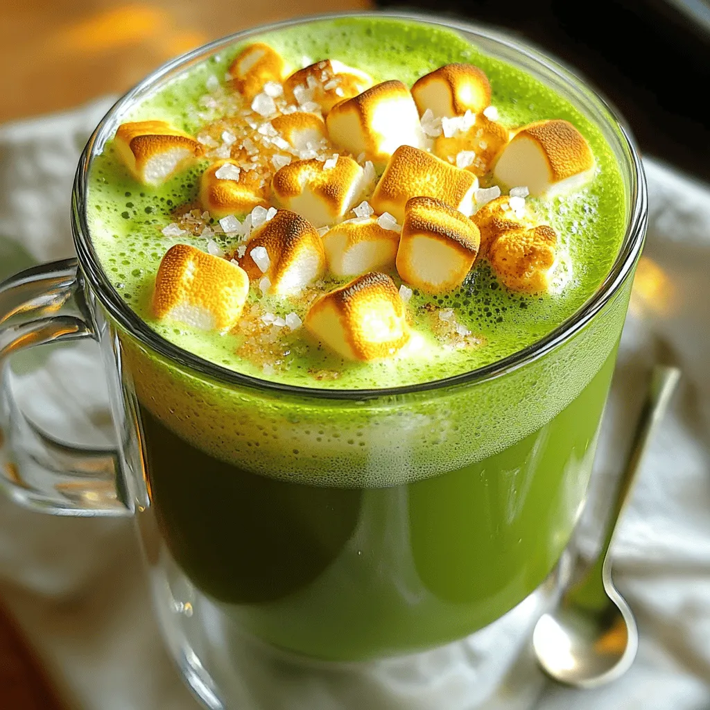 To make your toasted marshmallow matcha, gather these simple ingredients: - 2 tablespoons ceremonial grade matcha powder - 1 cup hot water (approximately 175°F, not boiling) - 1 cup milk (your choice of dairy or plant-based) - 2 tablespoons honey or maple syrup (adjust according to your desired sweetness) - 1/2 teaspoon pure vanilla extract - 1/4 cup mini marshmallows - A pinch of sea salt - Ice cubes (optional, for an iced version) These ingredients work together to create a creamy, delightful drink. The matcha powder brings a rich green color and earthy taste. The milk, whether dairy or plant-based, adds creaminess that balances the flavors. Sweeteners like honey or maple syrup make the drink more enjoyable. Vanilla extract gives a hint of warmth and complexity. The mini marshmallows become a fun, toasted topping, adding texture and sweetness. Finally, a pinch of sea salt enhances the overall flavor. For the full recipe, check the details above. Enjoy crafting your toasted marshmallow matcha! - Sifting Matcha Powder: Start by sifting 2 tablespoons of matcha powder into a small bowl. This step removes lumps and helps the matcha mix well. A fine mesh strainer works great for this. - Mixing with Hot Water: Next, heat 1 cup of water until it is hot, but not boiling (about 175°F). Slowly pour this hot water over the sifted matcha. Use a bamboo whisk or frother to mix. Whisk until frothy and smooth. This will ensure no clumps remain. - Heating Milk: In a medium saucepan, gently heat 1 cup of your chosen milk over medium heat. Make sure it warms up without boiling. - Incorporating Sweeteners and Vanilla: Once warmed, stir in 2 tablespoons of honey or maple syrup. You can adjust the sweetness to your liking. Add 1/2 teaspoon of pure vanilla extract and mix until well combined. - Pouring Matcha into Milk: Carefully pour the whisked matcha into the warm milk mixture. Use a spoon or whisk to blend them together gently. This step creates that delightful green drink. - Optional: Adding Ice for Iced Version: If you want an iced drink, now is the time to add ice cubes. This makes it refreshing and cool. - Preheating the Broiler: Set your oven’s broiler to high. This will toast the marshmallows quickly. - Toasting Process and Timing: Line a baking sheet with parchment paper. Spread 1/4 cup of mini marshmallows evenly. Place them under the broiler for 1-2 minutes. Stay close and watch them brown. You want them golden and toasted. - Pouring the Mixture into a Mug: Take your warm matcha and milk blend and pour it into a cozy mug. This is where the magic comes together. - Topping with Toasted Marshmallows: Generously top your drink with those warm, toasted marshmallows. Let them float on top, adding sweetness and texture. - Adding a Dash of Sea Salt: To finish, sprinkle a pinch of sea salt over the toasted marshmallows. This small touch enhances the flavors and balances the sweetness. Now, your toasted marshmallow matcha is ready to enjoy! You can find the full recipe details to guide you through this delightful drink. To get a lovely foam on your drink, focus on your whisking technique. Use a bamboo whisk or a frother. Whisk in a zigzag motion for best results. This helps incorporate air and creates foam. Matcha quality is key, too. Always choose ceremonial grade matcha for the best flavor and foam. If you want to cut calories, try stevia or monk fruit sweetener. Both options are low-calorie and add sweetness. You can also try flavored syrups, like hazelnut or caramel. These add fun twists to your drink. For a vegan version, switch to plant-based milk. Almond, oat, or coconut milk work well. They all add unique flavors. You can also swap honey for agave syrup or maple syrup. This keeps your drink sweet and vegan-friendly. {{image_4}} To make an iced version, start by preparing the matcha as before. After whisking the matcha with hot water, pour it into a blender. Add ice cubes to the blender, and blend until smooth. Then, sweeten and heat the milk as usual. Combine the chilled matcha with the sweetened milk in a glass. Top with toasted marshmallows for a fun twist. You can make your drink even more exciting by adding flavored syrups. Try hazelnut or caramel syrup for a sweet touch. You can also explore spices like cinnamon or nutmeg. Just a dash can add warmth and depth to your matcha. These small changes can create new and delightful experiences in each sip. Adding protein can boost your drink's nutrition. You can incorporate protein powder into your matcha mixture. Choose a flavor that complements matcha, like vanilla. Another option is to add Greek yogurt for creaminess and protein. This simple step makes your drink filling and energizing, perfect for a busy day. To store your prepared toasted marshmallow matcha, keep it in the fridge. Use an airtight container to prevent it from absorbing other smells. It will stay fresh for up to two days. When you're ready to drink it, give it a gentle stir. If it has thickened, add a splash of milk to loosen it up. For leftover matcha powder, seal it in a dark, cool place. This keeps it fresh longer. Avoid moisture and heat, as they can spoil the flavor. For sweeteners like honey or maple syrup, store them in their original containers. Make sure the lids are tight. They can last for months when stored correctly. Busy days call for easy meal prep. You can mix your matcha powder with hot water in advance. Just remember to whisk it well before storing. Store it in the fridge, and use it within two days. You can also sweeten your milk ahead of time. Just heat it and add your sweetener. When you're ready to enjoy, combine everything and toast your marshmallows fresh! Toasted marshmallow matcha is a warm and creamy drink. It combines rich matcha with sweet marshmallows. The drink has a beautiful green color and a hint of sweetness. You can enjoy it hot or iced. The toasted marshmallows add a fun twist. They give the drink a delightful flavor and texture. This drink is perfect for cozy days or special occasions. Not all matcha is the same. Ceremonial grade matcha is best for drinks. It has a smooth taste and vibrant color. Culinary grade matcha works, but it can be bitter. Always check the quality before buying. Look for matcha that is bright green. This means it is fresh and flavorful. The right matcha will make your drink shine. Yes, toasted marshmallow matcha has health benefits. Matcha is full of antioxidants. It can boost your energy and focus. The drink also contains milk, which provides calcium. Using honey or maple syrup adds some natural sweetness. While it has sugar, the benefits of matcha make it a healthy choice. Enjoy it in moderation. You can find matcha products online or in stores. Many health food shops sell ceremonial grade matcha. Online retailers like Amazon have various options. Look for brands that focus on quality. For marshmallows, check local grocery stores. Some specialty shops may carry unique flavors. Always read reviews to ensure quality. You can easily adjust the sweetness of your drink. Start with two tablespoons of honey or maple syrup. Taste your drink and add more if needed. You can also try different sweeteners. Stevia or agave syrup are good low-calorie options. If you prefer a less sweet drink, reduce the sweetener. Finding your perfect balance is key. In this article, we explored how to make a delicious Toasted Marshmallow Matcha. We covered the essential ingredients, step-by-step instructions, and tips for perfecting your drink. I shared variations and storage tips to help you enjoy matcha anytime. Remember to experiment with flavors and sweeteners to find what you love. Matcha is not just tasty; it’s also healthy and versatile. With these simple steps, you can impress your friends and family. Enjoy your matcha journey!