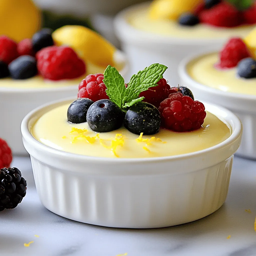Lemon posset is simple yet rich. Here are the main ingredients you need for this treat: - 2 cups heavy cream - 3/4 cup granulated sugar - 1/3 cup freshly squeezed lemon juice - Zest of 1 lemon These ingredients create a creamy and tart dessert. The heavy cream gives it a smooth texture. The sugar balances the tartness of the lemon. Fresh lemon juice and zest add bright flavor. Now, let’s look at the garnishes to elevate your posset: - Fresh berries (strawberries, blueberries, or raspberries) - Fresh mint leaves (for garnish) Using fresh berries adds color and sweetness. Mint leaves provide a nice touch of freshness. Together, they make your dessert look and taste amazing. You can find the full recipe [here](#). First, gather your ingredients. In a medium saucepan, mix 2 cups of heavy cream and 3/4 cup of granulated sugar. Place the pan over medium heat. Stir the mixture often. Heat it until the sugar dissolves. The cream should feel hot but not boil, which takes about 5-7 minutes. Once ready, take the pan off the heat. Now, add 1/3 cup of freshly squeezed lemon juice and the zest of 1 lemon. Mix it well to combine. Now, we need to make the mixture smooth. Pour it through a fine mesh sieve into a bowl or measuring jug. This step catches any bits that might spoil the texture. Once strained, distribute the smooth lemon mix into small serving cups. Cover these lightly with plastic wrap to keep them fresh. Place the cups in the refrigerator. Let them chill for at least 4 hours, or even better, overnight. This time allows the posset to set properly. When you're ready to serve, remove them from the fridge. Top each posset with fresh berries and a sprig of mint for a lovely finish. You can find the Full Recipe in the article for more details. To get a smooth lemon posset, you must sieve the mixture. This step is key. It removes any lumps from the cream and catches zest bits. This keeps your posset creamy and nice. After you mix in the lemon juice, let it cool for a bit. Place it in the fridge just after. Cooling helps it set well without forming a skin. When it comes to serving, presentation matters. I recommend garnishing with fresh berries. Strawberries, blueberries, and raspberries add color and flavor. A mint leaf on top makes it pop. You can serve the posset in small cups or ramekins. For a stunning look, place them on a nice platter. Arrange the cups in a circle and add extra berries around them. This adds a lovely touch. You can get creative with flavors. Try adding a splash of vanilla for warmth. Lavender also works well and gives a floral note. For garnish, consider using other fruits too. Thin slices of kiwi or a few pomegranate seeds are fun choices. These variations keep the dessert fresh and exciting. {{image_4}} Lemon posset is a creamy delight that needs careful storage. Always store it in the fridge. Use small cups or ramekins with lids for best results. If you don’t have lids, cover them with plastic wrap. This keeps the posset fresh and prevents a skin from forming. Make sure the wrap does not touch the dessert. Lemon posset lasts for about 4 to 5 days in the fridge. After that, it may lose its texture and flavor. Always check for any off smells or changes in texture before eating. For the best taste, eat it fresh if possible. Enjoy your posset within the first few days for that delightful creaminess! If you want the complete steps, check the Full Recipe. Lemon posset is a creamy dessert that dates back to medieval England. It is simple and made with just three main ingredients: heavy cream, sugar, and lemon juice. The process involves heating cream with sugar and then adding lemon juice to thicken it. This dessert is rich, tangy, and has a silky texture. You can serve it chilled in cups or ramekins. The bright lemon flavor makes it refreshing, perfect for any occasion. Yes, you can make lemon posset in advance. It is great for meal prep. Prepare it up to two days ahead of time. Follow the steps in the recipe, and let it set in the fridge. Cover the cups with plastic wrap to keep them fresh. This dessert needs at least four hours to chill and set, so plan ahead. Making it in advance saves time on busy days or special events. If you want a lighter or dairy-free version of lemon posset, there are great options. You can use coconut cream for a rich flavor without dairy. Another choice is cashew cream, made from soaked cashews blended with water. For a lighter option, try using half-and-half or whole milk, but the texture may be less creamy. Each substitute will change the flavor slightly, so choose based on your taste. You can find the full recipe for this delightful treat online. It includes all the details you need to make lemon posset at home. The recipe is simple and calls for just a few key items. To make this luscious dessert, gather these ingredients: - 2 cups heavy cream - 3/4 cup granulated sugar - 1/3 cup freshly squeezed lemon juice - Zest of 1 lemon - Fresh berries (like strawberries or blueberries) for garnish - Fresh mint leaves for garnish This recipe will guide you through the steps to create a smooth and creamy lemon posset. You will love how easy it is to make. Each bite is a burst of fresh lemon flavor. The texture is rich and creamy, making it a perfect dessert for any occasion. To access the full recipe, you can visit my cooking blog. There, I share tips on how to make this dessert shine. Enjoy the process, and get ready to impress your family and friends with your culinary skills! Lemon posset is a simple yet delicious dessert. You learned about the key ingredients, like heavy cream and lemon juice. I shared step-by-step instructions to make it creamy and smooth. You now know how to garnish it with fresh berries and mint. Remember to chill it well for the best texture. This treat keeps well in the fridge, so enjoy it later too. Try new flavors or toppings to make it your own. Have fun making lemon posset and impress your friends and family!