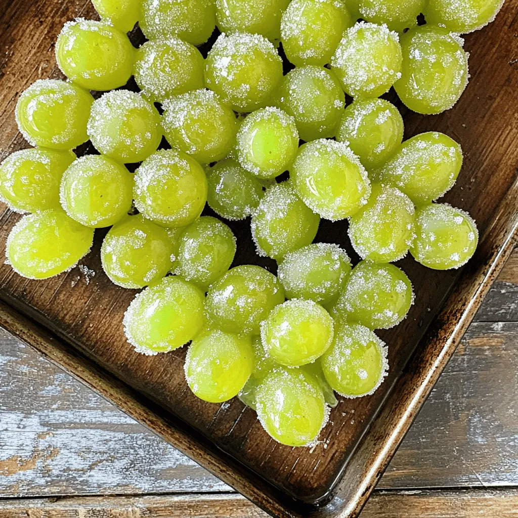 - 2 cups seedless green grapes - 1 cup water - 1/2 cup granulated sugar - 1/4 cup citric acid - 1 teaspoon freshly squeezed lemon juice - Pinch of salt - Optional: Food coloring Gathering the right ingredients is key to making Vegan Sour Patch Grapes a hit. Start with fresh, seedless green grapes. These grapes provide a nice crunch and sweetness. The water helps create a simple syrup that coats the grapes. Granulated sugar adds sweetness to balance the sour. Citric acid gives that tangy kick, making these grapes exciting. Fresh lemon juice enhances the flavor and freshness. A pinch of salt rounds out the taste, making it more vibrant. If you want your grapes to look fun, use food coloring! This simple touch can make your snack more appealing, especially for kids. For the full recipe, you’ll see how these ingredients come together to create a delicious treat. Enjoy the process of preparing this tasty snack! First, wash the grapes under cold water. Make sure you remove dirt and any residue. After washing, dry them gently with a clean kitchen towel. This step is key. You want them dry before freezing. Once dry, spread the grapes in a single layer on a baking sheet. Make sure they are not touching each other. Now, transfer the baking sheet to the freezer. Freeze the grapes for about 2 hours. They should feel firm when you touch them. Next, let’s make the sour coating. In a medium saucepan, mix the water and granulated sugar. Place the saucepan on medium heat. Stir the mixture until the sugar fully dissolves. This creates a simple syrup. Once the sugar is dissolved, take the saucepan off the heat. Allow the syrup to cool for a few minutes. Cooling is important. It helps the coating stick better to the grapes. After the syrup cools, it’s time to add flavor. Mix in the citric acid and fresh lemon juice. Add a pinch of salt, too. This balance gives a great taste. If you want your grapes to look extra fun, add a few drops of food coloring. Stir until everything blends well. This step is where the magic happens! Now, let’s coat those frozen grapes! Take them out of the freezer. One by one, dip each grape into the cooled syrup. Make sure each grape gets fully coated. After dipping, roll the grape in the citric acid-sugar mix. This gives the signature sour patch taste. It’s a fun process, and you’ll see them transform! Once you coat all the grapes, lay them back on the baking sheet. They should be in a single layer again. Let the coating set at room temperature for about 10 minutes. This helps the coating firm up. For the best taste, serve your Vegan Sour Patch Grapes chilled. They are a delightful treat! For the full recipe, check below. To make your Vegan Sour Patch Grapes even tastier, adjust the citric acid. This ingredient gives the grapes their tangy kick. If you want them more sour, add a bit more citric acid. If you prefer less, use less. You can also switch up the grapes. Green grapes are great, but red or black grapes can add a different taste. Try different types to find your favorite! Freezing the grapes is key. It makes them firm and refreshing. Make sure to freeze them for at least two hours. This gives you that nice crunch. When you coat the grapes, be sure each grape gets a full layer of syrup. A good coating helps the sour mix stick well. This ensures every bite is bursting with flavor. For storing your Vegan Sour Patch Grapes, keep them in an airtight container. This helps maintain their freshness. Place them in the fridge to keep them cool. They taste best fresh, but you can store them for up to three days. If they sit too long, the coating may get soggy. Always check for quality before enjoying your snack. {{image_4}} You can swap grapes for other fruits. Berries like strawberries or blueberries work great. Cherries also make a fun choice! They all have that juicy bite and can carry the sour coating well. Using seasonal fruit adds a twist to your snack. Try peaches in summer or apples in fall. Each fruit brings its own flavor and texture. Want to change the taste? Infuse your sour coating with other citrus flavors. Lime or orange juice can add a fresh zing. You can also add spices or extracts for a unique touch. A pinch of cinnamon or a few drops of vanilla can turn this snack into something new and exciting. If you want a sugar-free version, use a sugar substitute. Stevia or monk fruit sweetener can work well. For those who need gluten-free options, this recipe is naturally gluten-free. You can also opt for organic ingredients for a healthier snack. It’s all about making this treat fit your diet while still being tasty. Remember, these variations keep your Vegan Sour Patch Grapes fun and exciting! For the complete recipe, check the Full Recipe. Grapes are small but mighty! They pack vitamins C and K. These vitamins help support your immune system and keep your bones strong. Grapes also have antioxidants. These protect your body from harm. Vegan Sour Patch Grapes fit into a low-calorie snack plan. They are refreshing and tasty. You can enjoy them without guilt. They’re perfect for kids and adults alike. Making Vegan Sour Patch Grapes at home is fun and easy. You know exactly what goes into them. This beats store-bought snacks that may have hidden ingredients. When you make your own, you avoid artificial colors and flavors. Homemade snacks taste better and feel fresher. Your friends and family will notice the difference. Plus, you can customize the flavor to your liking. Eating a vegan diet helps the planet. It reduces animal farming and supports kinder choices. Making snacks like Vegan Sour Patch Grapes also cuts down on waste. Instead of tossing old fruit, you can turn it into a fun treat. This way, you waste less food. You get to enjoy a delightful snack and help the Earth at the same time! You can use frozen grapes, but fresh ones work best. Fresh grapes have a better texture. If you only have frozen grapes, let them thaw a bit before coating them. You can store these grapes for about 3 days in the fridge. Keep them in an airtight container to maintain freshness. If they get too soggy, they lose their crunch. This recipe is mostly safe for common diets. However, check for sugar allergies. Some citric acid can come from corn. If corn is a concern, look for non-corn sources. Yes, you can prepare these grapes a day in advance. Just make sure to store them in the fridge. They taste best when served cold. Citric acid is a natural souring agent. It comes from citrus fruits. You can find it in the baking aisle of most grocery stores. Look for it next to the baking soda and cream of tartar. This blog post covered how to make Vegan Sour Patch Grapes from scratch. You learned about the ingredients, step-by-step instructions, and tips for the best results. I also shared variations and health benefits, highlighting how fun and easy this snack can be. With simple steps and natural ingredients, you can enjoy a tasty treat that's both delicious and good for you. Try out different fruits or flavors to keep it fresh. Enjoy making your own snacks and feel proud of your healthy choices!