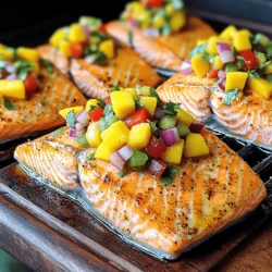 - 4 salmon fillets (approximately 6 ounces each) - 1 tablespoon olive oil - Salt and black pepper, to taste - 1 teaspoon garlic powder - 1 teaspoon smoked paprika - Juice of 1 lime (for marinating) - 1 ripe mango, diced into small cubes - 1 small red onion, finely chopped - 1 red bell pepper, diced - 1 jalapeño, deseeded and minced finely - 1/4 cup fresh cilantro, chopped - 2 tablespoons lime juice (for salsa) - Additional salt, to taste The salmon is the star of this dish. I love using fresh salmon fillets. They are juicy and tender. The olive oil helps to keep the fish moist. It also adds a nice flavor. Salt and black pepper are key for taste. For the marinade, I rely on garlic powder and smoked paprika. These two spices add depth and warmth. The lime juice brightens everything. It gives a zesty kick that complements the salmon. Now, let’s dive into the mango salsa. The ripe mango is sweet and refreshing. Dicing it into small cubes makes it easy to eat. The red onion adds a sharp contrast. Diced red bell pepper brings in more color and crunch. I like to add a jalapeño for a touch of heat. It’s important to deseed it first. This way, the salsa won't be too spicy. Fresh cilantro ties all the flavors together. The lime juice in the salsa balances the sweetness of the mango. A pinch of salt enhances the overall taste. You can find the full recipe in the Tropical Salmon Delight section. This recipe is not just easy; it is also packed with flavors and healthy ingredients. - Preheat grill or skillet over medium-high heat. - Create marinade with olive oil, seasonings, and lime juice. Start by heating your grill or skillet. This step gets your cooking surface hot, which is key for great salmon. In a small bowl, mix together one tablespoon of olive oil, one teaspoon of garlic powder, one teaspoon of smoked paprika, and the juice of one lime. Add salt and black pepper to taste. This marinade adds so much flavor to the salmon. - Apply marinade to salmon and cook each side 4-5 minutes. - Check for doneness at 145°F (63°C). Take your salmon fillets and brush the marinade on both sides. Place the fillets on your hot grill or skillet. Cook them for about 4 to 5 minutes on each side. To know when they are done, check the internal temperature. It should reach 145°F (63°C). The salmon will be flaky and tender when cooked right. - Combine mango, onion, bell pepper, jalapeño, cilantro, and lime juice. - Toss ingredients gently and season with a pinch of salt. While your salmon cooks, let’s make the mango salsa. In a medium bowl, combine one diced ripe mango, one finely chopped small red onion, one diced red bell pepper, one minced jalapeño, and one-quarter cup of chopped cilantro. Drizzle with two tablespoons of lime juice and add a pinch of salt. Toss everything gently to mix. This salsa will brighten up your dish! Once the salmon is cooked, serve it with a generous scoop of mango salsa on top. Enjoy the fresh flavors! For the full recipe, refer to the Tropical Salmon Delight section. To get perfectly cooked salmon, start with a hot grill or skillet. This helps seal in moisture. Apply the marinade to both sides of the fillets. Cook each side for about 4-5 minutes. Use a fork to check if the salmon flakes easily. The internal temperature should reach 145°F (63°C). If it’s not done, give it another minute. Adding spices can boost the flavor of your salmon. Consider using cumin or cayenne for extra warmth. For the mango salsa, feel free to swap ingredients. You can use diced avocado instead of mango for a creamy texture. Pineapple adds a sweet twist, too. Adjust the heat by adding more jalapeño or using a milder pepper. Plating salmon with mango salsa can be fun and creative. Serve the salmon on a bed of mixed greens. This gives a nice pop of color. Add lime wedges on the side for a fresh touch. For a vibrant look, sprinkle extra cilantro on top. A drizzle of olive oil can add shine and flavor. Want more ideas? Check the Full Recipe for inspiration! {{image_4}} You can switch salmon for chicken or tofu. Both will taste great with mango salsa. For chicken, use boneless breasts or thighs. Cook them until they reach 165°F (74°C). Tofu is a good choice for a plant-based meal. Choose firm tofu for the best texture. Cook it until golden brown for added flavor. Feel free to mix up your salsa! You can add diced avocado or even pineapple. Avocado brings creaminess, while pineapple adds sweetness. Both will enhance the freshness of the dish. To adjust spice levels, try different peppers. Use mild bell peppers for no heat or jalapeños for a kick. You can also change the seasoning for new flavors. Fresh herbs like dill or basil work well. They add a bright taste that pairs nicely with fish. Different citrus juices can also change the vibe. Try lemon or orange for a fresh twist. Explore global spice blends, like za'atar or curry powder, for a unique flavor. To keep your salmon and mango salsa fresh, put leftovers in airtight containers. This helps prevent odors from mixing in the fridge. Store the salmon separately from the salsa. The salmon stays good for 3 days, while the salsa lasts about 2 days. Can you freeze salmon with mango salsa? Yes, but it's best to freeze the salmon alone. Wrap the salmon tightly in plastic wrap and then in foil. You can store it in the freezer for up to 3 months. Mango salsa does not freeze well due to its texture. When ready to use, thaw the salmon in the fridge overnight before cooking. To reheat salmon, place it in a skillet over low heat. Cover it with a lid to keep moisture in. This helps it stay flaky and juicy. For salsa, you can enjoy it cold straight from the fridge. If you prefer warm salsa, give it a quick stir in a pan over low heat. Avoid cooking it for too long to keep the fresh flavors. For more details on this dish, check the Full Recipe. Yes, you can use frozen salmon. Just make sure to thaw it first. Place it in the fridge overnight. If you need it fast, seal it in a bag and submerge it in cold water. This helps keep the fish fresh and tasty. You have great options for sides! Here are some ideas: - Steamed rice or quinoa pairs well. - A fresh green salad adds crunch. - Roasted vegetables bring extra flavor. Each of these sides complements the dish nicely. Store your leftover salmon in an airtight container. It can last up to three days in the fridge. For the mango salsa, eat it within two days for the best taste. Always check for any signs of spoilage before eating. If you don’t have lime juice, use lemon juice instead. It offers a similar tangy flavor. You can also try vinegar, like apple cider vinegar, for a different twist. Just remember to adjust the amount to taste. This blog post covered a delicious salmon recipe paired with fresh mango salsa. You learned about the key ingredients, simple cooking steps, and tips to enhance flavor. I shared ideas for variations and how to store leftovers properly. Cooking salmon can be easy and fun. With the right spices and fresh ingredients, you can impress anyone. Enjoy your meal, and don't be afraid to experiment with flavors. Happy cooking!