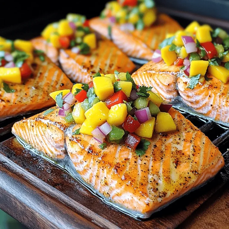 - 4 salmon fillets (approximately 6 ounces each) - 1 tablespoon olive oil - Salt and black pepper, to taste - 1 teaspoon garlic powder - 1 teaspoon smoked paprika - Juice of 1 lime (for marinating) - 1 ripe mango, diced into small cubes - 1 small red onion, finely chopped - 1 red bell pepper, diced - 1 jalapeño, deseeded and minced finely - 1/4 cup fresh cilantro, chopped - 2 tablespoons lime juice (for salsa) - Additional salt, to taste The salmon is the star of this dish. I love using fresh salmon fillets. They are juicy and tender. The olive oil helps to keep the fish moist. It also adds a nice flavor. Salt and black pepper are key for taste. For the marinade, I rely on garlic powder and smoked paprika. These two spices add depth and warmth. The lime juice brightens everything. It gives a zesty kick that complements the salmon. Now, let’s dive into the mango salsa. The ripe mango is sweet and refreshing. Dicing it into small cubes makes it easy to eat. The red onion adds a sharp contrast. Diced red bell pepper brings in more color and crunch. I like to add a jalapeño for a touch of heat. It’s important to deseed it first. This way, the salsa won't be too spicy. Fresh cilantro ties all the flavors together. The lime juice in the salsa balances the sweetness of the mango. A pinch of salt enhances the overall taste. You can find the full recipe in the Tropical Salmon Delight section. This recipe is not just easy; it is also packed with flavors and healthy ingredients. - Preheat grill or skillet over medium-high heat. - Create marinade with olive oil, seasonings, and lime juice. Start by heating your grill or skillet. This step gets your cooking surface hot, which is key for great salmon. In a small bowl, mix together one tablespoon of olive oil, one teaspoon of garlic powder, one teaspoon of smoked paprika, and the juice of one lime. Add salt and black pepper to taste. This marinade adds so much flavor to the salmon. - Apply marinade to salmon and cook each side 4-5 minutes. - Check for doneness at 145°F (63°C). Take your salmon fillets and brush the marinade on both sides. Place the fillets on your hot grill or skillet. Cook them for about 4 to 5 minutes on each side. To know when they are done, check the internal temperature. It should reach 145°F (63°C). The salmon will be flaky and tender when cooked right. - Combine mango, onion, bell pepper, jalapeño, cilantro, and lime juice. - Toss ingredients gently and season with a pinch of salt. While your salmon cooks, let’s make the mango salsa. In a medium bowl, combine one diced ripe mango, one finely chopped small red onion, one diced red bell pepper, one minced jalapeño, and one-quarter cup of chopped cilantro. Drizzle with two tablespoons of lime juice and add a pinch of salt. Toss everything gently to mix. This salsa will brighten up your dish! Once the salmon is cooked, serve it with a generous scoop of mango salsa on top. Enjoy the fresh flavors! For the full recipe, refer to the Tropical Salmon Delight section. To get perfectly cooked salmon, start with a hot grill or skillet. This helps seal in moisture. Apply the marinade to both sides of the fillets. Cook each side for about 4-5 minutes. Use a fork to check if the salmon flakes easily. The internal temperature should reach 145°F (63°C). If it’s not done, give it another minute. Adding spices can boost the flavor of your salmon. Consider using cumin or cayenne for extra warmth. For the mango salsa, feel free to swap ingredients. You can use diced avocado instead of mango for a creamy texture. Pineapple adds a sweet twist, too. Adjust the heat by adding more jalapeño or using a milder pepper. Plating salmon with mango salsa can be fun and creative. Serve the salmon on a bed of mixed greens. This gives a nice pop of color. Add lime wedges on the side for a fresh touch. For a vibrant look, sprinkle extra cilantro on top. A drizzle of olive oil can add shine and flavor. Want more ideas? Check the Full Recipe for inspiration! {{image_4}} You can switch salmon for chicken or tofu. Both will taste great with mango salsa. For chicken, use boneless breasts or thighs. Cook them until they reach 165°F (74°C). Tofu is a good choice for a plant-based meal. Choose firm tofu for the best texture. Cook it until golden brown for added flavor. Feel free to mix up your salsa! You can add diced avocado or even pineapple. Avocado brings creaminess, while pineapple adds sweetness. Both will enhance the freshness of the dish. To adjust spice levels, try different peppers. Use mild bell peppers for no heat or jalapeños for a kick. You can also change the seasoning for new flavors. Fresh herbs like dill or basil work well. They add a bright taste that pairs nicely with fish. Different citrus juices can also change the vibe. Try lemon or orange for a fresh twist. Explore global spice blends, like za'atar or curry powder, for a unique flavor. To keep your salmon and mango salsa fresh, put leftovers in airtight containers. This helps prevent odors from mixing in the fridge. Store the salmon separately from the salsa. The salmon stays good for 3 days, while the salsa lasts about 2 days. Can you freeze salmon with mango salsa? Yes, but it's best to freeze the salmon alone. Wrap the salmon tightly in plastic wrap and then in foil. You can store it in the freezer for up to 3 months. Mango salsa does not freeze well due to its texture. When ready to use, thaw the salmon in the fridge overnight before cooking. To reheat salmon, place it in a skillet over low heat. Cover it with a lid to keep moisture in. This helps it stay flaky and juicy. For salsa, you can enjoy it cold straight from the fridge. If you prefer warm salsa, give it a quick stir in a pan over low heat. Avoid cooking it for too long to keep the fresh flavors. For more details on this dish, check the Full Recipe. Yes, you can use frozen salmon. Just make sure to thaw it first. Place it in the fridge overnight. If you need it fast, seal it in a bag and submerge it in cold water. This helps keep the fish fresh and tasty. You have great options for sides! Here are some ideas: - Steamed rice or quinoa pairs well. - A fresh green salad adds crunch. - Roasted vegetables bring extra flavor. Each of these sides complements the dish nicely. Store your leftover salmon in an airtight container. It can last up to three days in the fridge. For the mango salsa, eat it within two days for the best taste. Always check for any signs of spoilage before eating. If you don’t have lime juice, use lemon juice instead. It offers a similar tangy flavor. You can also try vinegar, like apple cider vinegar, for a different twist. Just remember to adjust the amount to taste. This blog post covered a delicious salmon recipe paired with fresh mango salsa. You learned about the key ingredients, simple cooking steps, and tips to enhance flavor. I shared ideas for variations and how to store leftovers properly. Cooking salmon can be easy and fun. With the right spices and fresh ingredients, you can impress anyone. Enjoy your meal, and don't be afraid to experiment with flavors. Happy cooking!