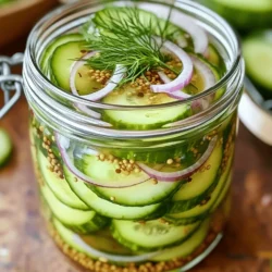 - 4 cups of fresh pickling cucumbers, sliced into rounds - 1 cup granulated sugar - 1 cup apple cider vinegar - 1 teaspoon pickling salt - 1 teaspoon mustard seeds - 1 teaspoon celery seeds - ½ teaspoon turmeric powder - 1 small red onion, thinly sliced - 2 cloves garlic, crushed - ½ teaspoon black peppercorns Each ingredient plays a key role in making great refrigerator sweet pickles. Fresh pickling cucumbers give a nice crunch. Granulated sugar adds sweetness, while apple cider vinegar brings the tang. Pickling salt helps keep the crunch and flavors in check. Mustard seeds and celery seeds add unique taste. Turmeric gives a lovely color. Red onion adds a sweet bite, and garlic enhances the overall flavor. Finally, black peppercorns add a hint of spice. For the best refrigerator pickles, use fresh pickling cucumbers, like Kirby or Persian cucumbers. These types are crisp and have fewer seeds. They hold up well when pickled. Avoid using slicing cucumbers, as they can be watery and soft. Choose firm cucumbers for the best results. Now that you know the ingredients, you can create your own delightful batch of refrigerator sweet pickles. For the complete recipe, check out the Full Recipe. Start by washing your cucumbers well. Use fresh pickling cucumbers for the best crunch. Slice them into thin rounds. Next, take your red onion and slice it thin too. In a large mixing bowl, add the sliced cucumbers and onion. Sprinkle the pickling salt over them. Toss the vegetables gently to mix. Let them sit for 30 minutes. This step helps pull out extra water from the cucumbers. While the cucumbers rest, it’s time to make the brine. In a medium saucepan, mix the sugar, apple cider vinegar, mustard seeds, celery seeds, turmeric, crushed garlic, and black peppercorns. Heat the mixture over medium heat. Stir it until the sugar melts completely. Once it simmers, take it off the heat. Let it cool for about 10 minutes. Cooling helps the flavors blend well without losing any taste. Now, pour the cooled brine over the cucumber and onion mix. Make sure all the slices are covered. This is key for flavor. Next, pack this mixture into clean jars. Use a spoon if needed to fit everything. Leave a little space at the top for brine. Seal the jars tightly. Place them in the fridge. For the best taste, let them sit for at least 24 hours. They taste even better after a week. Enjoy these with sandwiches or as a snack. Check out the Full Recipe for more details! To make crunchy pickles, start with fresh cucumbers. Look for pickling cucumbers; they are shorter and firmer. Always wash them well before slicing. Slice them into rounds or spears, depending on your preference. I find that soaking them in salt for 30 minutes helps. This draws out excess water and keeps them crisp. After you soak them, rinse off the salt. Pat them dry with a clean towel. This step is key for crunch. When you pack the cucumbers into jars, do not overcrowd them. Leave some space for the brine to flow around each piece. You can boost the flavor of your pickles with spices. Adding a bay leaf gives a nice touch. Try black peppercorns for a little heat. Whole cloves can add a warm, sweet note. I enjoy using dill seeds or fresh dill for an herbal flavor. You can also add red pepper flakes for a spicy kick. Experiment with spices you like. Each spice adds a unique twist to your pickles. One common mistake is not using enough salt. The right amount of salt helps with crunch and flavor. Another mistake is not letting the brine cool before pouring it on cucumbers. Hot brine can cook the cucumbers and make them soggy. Make sure jars are clean before filling them. This prevents spoilage. Always seal jars tightly and store them in the fridge. Lastly, be patient! Letting them sit for at least 24 hours lets the flavors blend beautifully. For the complete recipe, check out the Full Recipe section. {{image_4}} To make spicy refrigerator sweet pickles, add heat to your brine. Start with the full recipe, then include sliced jalapeños or crushed red pepper flakes. You can adjust the spice to your taste. The heat balances well with the sweetness of the sugar. Let the pickles sit for at least two days. This allows the flavors to meld beautifully. Herbs can elevate your sweet pickles. After you make the brine from the full recipe, toss in fresh herbs like dill, thyme, or rosemary. Start with a few sprigs and adjust based on your preference. This adds a fresh taste that complements the pickles. Let the mixture sit for about a week for the best flavor. If you want a healthier twist, try different sweeteners. Instead of sugar, you can use honey or agave syrup. Both add sweetness but with unique flavors. For a low-calorie option, consider using stevia or erythritol. These substitutes can still give your pickles a tasty kick while keeping them healthier. Adjust the amount based on your sweetness level. Refrigerator sweet pickles will stay fresh for about 2 to 3 months. You can enjoy their crunch and flavor during this time. Storing them properly helps maintain their taste and texture. Always keep them sealed in airtight jars in the fridge. To keep your sweet pickles fresh, follow these tips: - Use clean, dry jars to avoid contamination. - Make sure the pickles are fully submerged in brine. - Store them in the coldest part of your fridge, away from the door. - Label jars with the date you made them. This way, you can track how long they have been stored. It's essential to check your pickles for spoilage. Look for these signs: - A change in color or texture, like mushiness. - Any off or sour smell that differs from the fresh scent. - Presence of mold on the surface or inside the jar. If you notice any of these signs, it’s best to discard the pickles. Enjoy your crispy refrigerator sweet pickles while they are fresh! Yes, you can use different vinegars. Each type of vinegar adds a unique taste. You might try white vinegar for a sharper flavor. Rice vinegar gives a milder, sweeter note. Balsamic vinegar adds a deep, rich taste. Always keep the ratio of vinegar to sugar similar. This helps balance the flavors. To make sweet pickles less sweet, reduce the sugar. Start by cutting the sugar amount by half. You can also add more vinegar for a tangy kick. Another option is to add a pinch of salt. Salt can balance sweetness and enhance the flavor. Experiment with your recipe until you find your perfect mix. Refrigerator pickles are quick and easy. You don't need to process them in a canner. They stay crunchy and fresh in the fridge. Traditional canned pickles are sealed for long storage. They undergo heat processing, which changes texture and flavor. Refrigerator pickles have a bright, fresh taste. Canned pickles tend to be softer and more intense. Refrigerator sweet pickles are easy to make and great to eat. We reviewed key ingredients, their roles, and the best cucumbers. I shared step-by-step instructions that ensure success. You learned tips for crunchier pickles and how to enhance flavor. We also explored tasty variations and proper storage methods. Pickles can add zest to your meals. With careful preparation and attention to detail, you can craft delicious, homemade pickles. Enjoy your pickling journey and make your dishes shine!