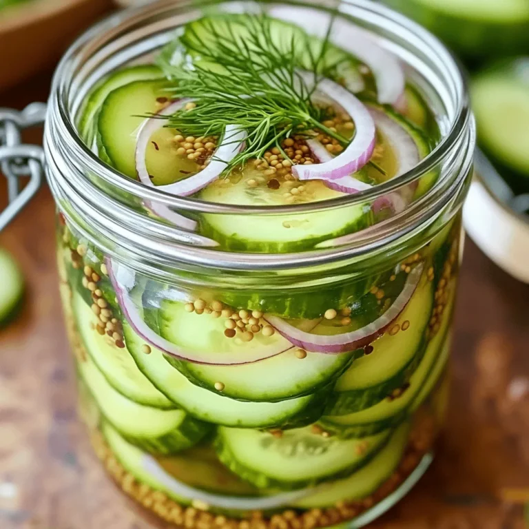 - 4 cups of fresh pickling cucumbers, sliced into rounds - 1 cup granulated sugar - 1 cup apple cider vinegar - 1 teaspoon pickling salt - 1 teaspoon mustard seeds - 1 teaspoon celery seeds - ½ teaspoon turmeric powder - 1 small red onion, thinly sliced - 2 cloves garlic, crushed - ½ teaspoon black peppercorns Each ingredient plays a key role in making great refrigerator sweet pickles. Fresh pickling cucumbers give a nice crunch. Granulated sugar adds sweetness, while apple cider vinegar brings the tang. Pickling salt helps keep the crunch and flavors in check. Mustard seeds and celery seeds add unique taste. Turmeric gives a lovely color. Red onion adds a sweet bite, and garlic enhances the overall flavor. Finally, black peppercorns add a hint of spice. For the best refrigerator pickles, use fresh pickling cucumbers, like Kirby or Persian cucumbers. These types are crisp and have fewer seeds. They hold up well when pickled. Avoid using slicing cucumbers, as they can be watery and soft. Choose firm cucumbers for the best results. Now that you know the ingredients, you can create your own delightful batch of refrigerator sweet pickles. For the complete recipe, check out the Full Recipe. Start by washing your cucumbers well. Use fresh pickling cucumbers for the best crunch. Slice them into thin rounds. Next, take your red onion and slice it thin too. In a large mixing bowl, add the sliced cucumbers and onion. Sprinkle the pickling salt over them. Toss the vegetables gently to mix. Let them sit for 30 minutes. This step helps pull out extra water from the cucumbers. While the cucumbers rest, it’s time to make the brine. In a medium saucepan, mix the sugar, apple cider vinegar, mustard seeds, celery seeds, turmeric, crushed garlic, and black peppercorns. Heat the mixture over medium heat. Stir it until the sugar melts completely. Once it simmers, take it off the heat. Let it cool for about 10 minutes. Cooling helps the flavors blend well without losing any taste. Now, pour the cooled brine over the cucumber and onion mix. Make sure all the slices are covered. This is key for flavor. Next, pack this mixture into clean jars. Use a spoon if needed to fit everything. Leave a little space at the top for brine. Seal the jars tightly. Place them in the fridge. For the best taste, let them sit for at least 24 hours. They taste even better after a week. Enjoy these with sandwiches or as a snack. Check out the Full Recipe for more details! To make crunchy pickles, start with fresh cucumbers. Look for pickling cucumbers; they are shorter and firmer. Always wash them well before slicing. Slice them into rounds or spears, depending on your preference. I find that soaking them in salt for 30 minutes helps. This draws out excess water and keeps them crisp. After you soak them, rinse off the salt. Pat them dry with a clean towel. This step is key for crunch. When you pack the cucumbers into jars, do not overcrowd them. Leave some space for the brine to flow around each piece. You can boost the flavor of your pickles with spices. Adding a bay leaf gives a nice touch. Try black peppercorns for a little heat. Whole cloves can add a warm, sweet note. I enjoy using dill seeds or fresh dill for an herbal flavor. You can also add red pepper flakes for a spicy kick. Experiment with spices you like. Each spice adds a unique twist to your pickles. One common mistake is not using enough salt. The right amount of salt helps with crunch and flavor. Another mistake is not letting the brine cool before pouring it on cucumbers. Hot brine can cook the cucumbers and make them soggy. Make sure jars are clean before filling them. This prevents spoilage. Always seal jars tightly and store them in the fridge. Lastly, be patient! Letting them sit for at least 24 hours lets the flavors blend beautifully. For the complete recipe, check out the Full Recipe section. {{image_4}} To make spicy refrigerator sweet pickles, add heat to your brine. Start with the full recipe, then include sliced jalapeños or crushed red pepper flakes. You can adjust the spice to your taste. The heat balances well with the sweetness of the sugar. Let the pickles sit for at least two days. This allows the flavors to meld beautifully. Herbs can elevate your sweet pickles. After you make the brine from the full recipe, toss in fresh herbs like dill, thyme, or rosemary. Start with a few sprigs and adjust based on your preference. This adds a fresh taste that complements the pickles. Let the mixture sit for about a week for the best flavor. If you want a healthier twist, try different sweeteners. Instead of sugar, you can use honey or agave syrup. Both add sweetness but with unique flavors. For a low-calorie option, consider using stevia or erythritol. These substitutes can still give your pickles a tasty kick while keeping them healthier. Adjust the amount based on your sweetness level. Refrigerator sweet pickles will stay fresh for about 2 to 3 months. You can enjoy their crunch and flavor during this time. Storing them properly helps maintain their taste and texture. Always keep them sealed in airtight jars in the fridge. To keep your sweet pickles fresh, follow these tips: - Use clean, dry jars to avoid contamination. - Make sure the pickles are fully submerged in brine. - Store them in the coldest part of your fridge, away from the door. - Label jars with the date you made them. This way, you can track how long they have been stored. It's essential to check your pickles for spoilage. Look for these signs: - A change in color or texture, like mushiness. - Any off or sour smell that differs from the fresh scent. - Presence of mold on the surface or inside the jar. If you notice any of these signs, it’s best to discard the pickles. Enjoy your crispy refrigerator sweet pickles while they are fresh! Yes, you can use different vinegars. Each type of vinegar adds a unique taste. You might try white vinegar for a sharper flavor. Rice vinegar gives a milder, sweeter note. Balsamic vinegar adds a deep, rich taste. Always keep the ratio of vinegar to sugar similar. This helps balance the flavors. To make sweet pickles less sweet, reduce the sugar. Start by cutting the sugar amount by half. You can also add more vinegar for a tangy kick. Another option is to add a pinch of salt. Salt can balance sweetness and enhance the flavor. Experiment with your recipe until you find your perfect mix. Refrigerator pickles are quick and easy. You don't need to process them in a canner. They stay crunchy and fresh in the fridge. Traditional canned pickles are sealed for long storage. They undergo heat processing, which changes texture and flavor. Refrigerator pickles have a bright, fresh taste. Canned pickles tend to be softer and more intense. Refrigerator sweet pickles are easy to make and great to eat. We reviewed key ingredients, their roles, and the best cucumbers. I shared step-by-step instructions that ensure success. You learned tips for crunchier pickles and how to enhance flavor. We also explored tasty variations and proper storage methods. Pickles can add zest to your meals. With careful preparation and attention to detail, you can craft delicious, homemade pickles. Enjoy your pickling journey and make your dishes shine!