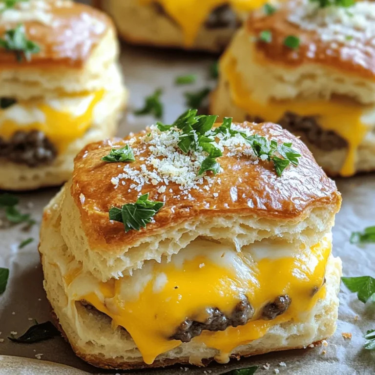 - 1 lb ground beef - 1 cup shredded cheddar cheese - 1/2 cup shredded mozzarella cheese - 2 cloves garlic, minced - 2 tablespoons grated Parmesan cheese - 1 teaspoon garlic powder - 1 tablespoon Worcestershire sauce - 1/2 teaspoon salt - 1/2 teaspoon black pepper - 1 tablespoon fresh parsley, finely chopped (for garnish) - 1 package refrigerated biscuit dough (10 biscuits) - 1 tablespoon olive oil (for brushing) Garlic Parmesan Cheeseburger Bombs are a feast for your taste buds. Each bite delivers a burst of flavor. The ground beef sits at the core of this dish. It brings a savory taste that pairs well with the cheeses. I use both cheddar and mozzarella for a cheesy experience. The sharpness of cheddar blends with the stretchy mozzarella. I add minced garlic for a fragrant and tasty kick. The Parmesan cheese on top adds a rich finish. Seasonings play a vital role. Garlic powder enhances the garlic flavor. Worcestershire sauce adds depth and umami. Salt and black pepper round out the taste, making it balanced. Fresh parsley gives a pop of color and freshness. The biscuit dough wraps around all these flavors. It forms a golden crust that is soft inside. Brushing the dough with olive oil helps it bake perfectly. These ingredients come together to create a dish that feels special. You can find the full recipe to guide you through each step. - Preheat oven to 375°F (190°C). - Line a baking sheet with parchment paper. Start by getting your oven hot. This step helps the bombs cook evenly. The parchment paper keeps the bombs from sticking to the pan. It also makes cleanup a breeze. - Combine ground beef with seasoning ingredients. - Ensure an even mix. In a medium bowl, add your ground beef. Toss in minced garlic, Worcestershire sauce, garlic powder, salt, and black pepper. Use your hands or a spatula to mix well. Make sure every bite is full of flavor. - Form beef mixture into patties. - Enclose cheese in patties. - Prepare and encase in biscuit dough. Now, divide the beef mix into ten parts. Roll each part into a small patty. Place a cube of cheddar and a cube of mozzarella in the center. Fold the beef around the cheese. Roll it into a ball shape. Next, take the biscuit dough and roll it flat. Place a beef ball in the middle. Gather the dough around the ball and pinch it shut. This keeps the cheese inside while it cooks. These steps build layers of flavor and fun in each bite. You can find the complete instructions in the Full Recipe. Using fresh garlic makes a big difference. Fresh garlic has a strong, bright taste that garlic powder can't match. I always choose fresh for a bold flavor. You can also adjust the seasoning to your liking. Don't be afraid to add more salt or pepper. Taste as you go to find your perfect mix. Check for doneness by cutting one bomb in half. The beef should be brown and juices clear. If you see any pink, put them back in the oven. To prevent the dough from burning, brush it lightly with olive oil. This helps it bake evenly and gives it a nice golden color. Pair these bombs with your favorite sauces. Ketchup, mustard, or ranch dip work well. You can also serve them with crispy fries or a fresh salad. These sides complement the rich flavors of the bombs. For the full recipe, check the earlier section. {{image_4}} You can change the cheese in these bombs to suit your taste. Try using pepper jack for a spicy kick. Swiss cheese also melts well and adds a nice flavor. If you want that creamy touch, mix in some cream cheese. This will make the filling extra smooth and rich. If you prefer a lighter option, use ground turkey or chicken. Both choices work well and keep the dish tasty. For a meat-free version, try plant-based meat. There are many brands that mimic beef and work just as well in this recipe. Feel free to play with the seasonings. Adding some smoked paprika or chili powder brings a new depth. Fresh herbs like thyme or basil can also enhance the flavor. Don't shy away from experimenting with sauces too. Barbecue or sriracha adds a fun twist to the bombs. For the full recipe, check out the details above! You should always store leftovers in airtight containers. This keeps them fresh. When stored properly, Garlic Parmesan Cheeseburger Bombs last up to three days in the fridge. You can enjoy them as a quick meal or snack. To freeze, wrap each bomb tightly in plastic wrap. Place them in a freezer bag or container. This method helps keep them fresh for up to three months. When you want to eat them, simply thaw in the fridge overnight. For reheating, preheat your oven to 350°F (175°C). Bake for about 15 minutes. This restores their crispy outer layer while keeping the inside juicy. Before serving, reheat the bombs in the oven. This method ensures they taste fresh and delicious. Avoid using the microwave, as it can make them soggy. To keep the flavor and texture, let them cool for a few minutes after reheating. Then, serve with your favorite dip or sauce for extra flavor. Garlic Parmesan Cheeseburger Bombs take about 35 minutes to make. This includes 15 minutes for prep and 18 minutes in the oven. You want the tops to be golden brown, and the centers cooked through. Always check the internal temperature to ensure it reaches 160°F (71°C) for safety. Yes, you can make these ahead of time! Prepare the cheeseburger bombs and place them on the baking sheet. Cover them and store them in the fridge for up to 24 hours. When you're ready to bake, just add a few extra minutes to the cooking time. For long-term storage, freeze the uncooked bombs. When frozen, they last for about three months. These cheesy delights pair well with many sides. Try dipping them in ketchup, ranch, or garlic aioli. A simple green salad adds a fresh touch. You could also serve them with crispy fries or sweet potato wedges. For drinks, a cold soda or a light beer complements the flavors nicely. In this blog post, we explored the recipe for Garlic Parmesan Cheeseburger Bombs. We covered essential ingredients, like ground beef, cheeses, and biscuit dough. You learned step-by-step instructions to create these tasty snacks. We also shared tips for perfecting flavor, ensuring proper cooking, and storage methods. Finally, variations allow you to customize these bites. Enjoy making these easy, flavorful bombs that are perfect for any meal or snack time!