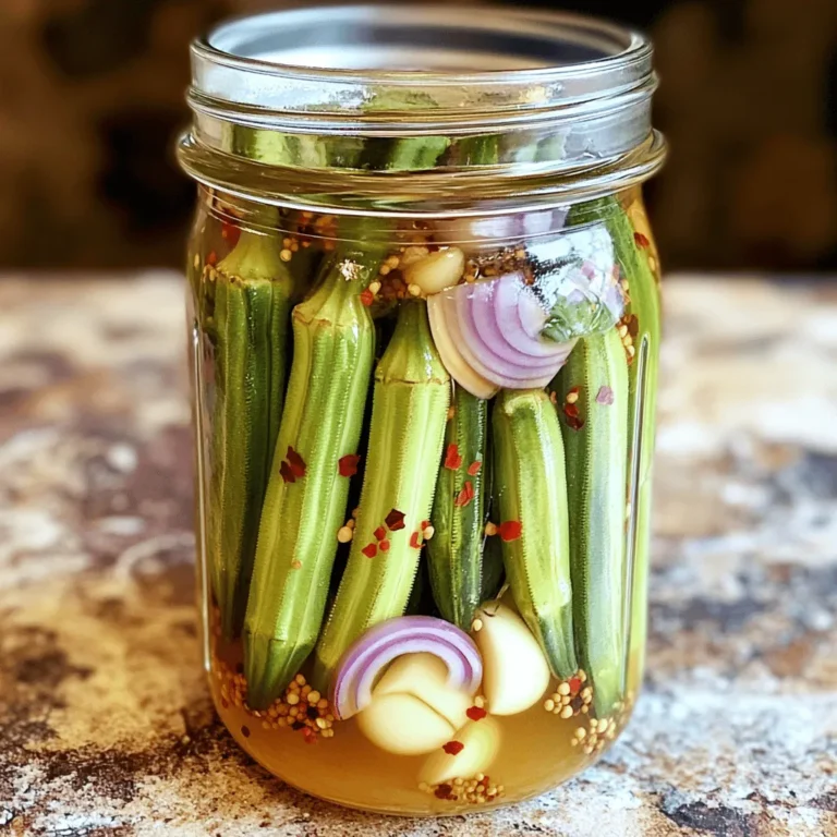 To make crunchy pickled okra, gather these simple ingredients: - 1 pound fresh okra, washed and trimmed - 2 cups water - 1 cup apple cider vinegar - 1 tablespoon kosher salt - 2 teaspoons sugar - 1 tablespoon mustard seeds - 1 teaspoon dill seeds - 1 teaspoon red pepper flakes - 4 cloves garlic, peeled and smashed - 1 small onion, thinly sliced - 1 bay leaf These ingredients come together to create a burst of flavor. Fresh okra is key for that crunch. The vinegar adds a tangy kick, while garlic and spices bring depth. The sugar balances the acidity. Each bite packs a punch! When you pick your okra, look for vibrant green pods. They should feel firm and smooth. Avoid any that are soft or have dark spots. This ensures your pickles stay crunchy and fresh. Check out the Full Recipe to dive deeper into making your own crunchy pickled okra! To start, grab a medium saucepan. In it, combine the following ingredients: - 2 cups water - 1 cup apple cider vinegar - 1 tablespoon kosher salt - 2 teaspoons sugar Now, heat the mixture over medium-high flame. Stir it occasionally until it boils. Keep stirring until both the salt and sugar dissolve completely. Once done, remove the saucepan from heat and let the liquid cool for about 10 to 15 minutes. While your brine cools, take a clean quart-sized mason jar. Start layering your ingredients in this order: - 1 pound fresh okra, washed and trimmed - 4 cloves garlic, peeled and smashed - 1 small onion, thinly sliced - 1 tablespoon mustard seeds - 1 teaspoon dill seeds - 1 teaspoon red pepper flakes - 1 bay leaf This layering builds flavor and texture. Make sure to pack everything snugly but not too tight. When the vinegar solution cools to room temperature, carefully pour it over the layered ingredients in the jar. Ensure all the okra is fully submerged in the brine. This step is key for great flavor. Seal the mason jar tightly with a lid. Let the jar sit at room temperature for about 30 minutes. This helps the flavors meld together. After that time, place the jar in the refrigerator. Your pickled okra will be ready in about 24 to 48 hours. If you're eager, feel free to taste it after just a few hours! Look for fresh, firm okra pods when you shop. Choose ones that are bright green with no blemishes. The best okra should feel smooth and slightly tender. Avoid pods that are too large, as they can be tough and less tasty. Freshness is key for a crunchy pickle! To keep your okra crunchy, cool the brine well before pouring it over the okra. Quick refrigeration after sealing the jar helps lock in that crisp texture. Make sure the okra is fully submerged in the brine. This also helps the flavors mix well, giving you a zesty bite. Feel free to experiment with spices for unique tastes. You can add whole peppercorns, coriander seeds, or even a dash of cumin. Each spice adds its own twist to the flavor. Try using a mix of sweet and savory spices to find your favorite blend. With a little creativity, your pickled okra can be a surprise hit! {{image_4}} To give your pickled okra a kick, add jalapeños or cayenne pepper. Spicy pickled okra brings heat and flavor to the table. You can slice jalapeños and layer them with the okra. This method infuses each pod with a spicy punch. If you prefer more heat, add cayenne pepper to your brine. Just a pinch can make a big difference. Adjust the spice level to suit your taste! If you like a sweeter taste, try adding sweeteners like honey or agave. You can also switch up the vinegar type. For a sweeter flavor, use rice vinegar or white balsamic vinegar. This change gives the pickles a unique twist. The balance of sweet and sour makes a tasty snack or a fun side dish. This version pairs well with grilled meats or spicy dishes. Explore global flavors by adding different spices to your pickled okra. Think about using cumin, coriander, or even curry powder. These spices can transport your taste buds around the world! You might try adding dill for a fresh taste or mustard seeds for a tangy touch. Each spice brings a new character to your crunchy pickled okra. Experiment with these flavors to find your favorite blend. Store your crunchy pickled okra in the refrigerator. It stays fresh for about two months. Make sure the jar is tightly sealed. This helps keep out air and moisture. To make your pickled okra last longer, always use clean utensils. Avoid touching the okra with your hands. The less you expose it to air, the better it stays. If you notice the brine is low, top it off with more vinegar. Check for changes in color or smell. If you see any mold, do not eat it. A sour smell is also a red flag. Always trust your senses. If it seems off, toss it out. Your safety comes first! Pickled okra becomes crunchy after a minimum of 24 hours. The longer you let it sit, the better the flavor and crunch. I suggest waiting 48 hours for the best results. Patience is key here! The brine seeps into the okra, giving it that perfect crunch you crave. You should avoid using frozen okra for pickling. Freezing changes the texture, making it softer. Fresh okra is firm and holds its crunch well in brine. If you only have frozen okra, consider using it in soups or stews instead. You can find crunchy pickled okra at many grocery stores. Look in the condiment aisle or the international foods section. Brands like Southern Style or Wickles are good choices. Local farmers' markets often sell homemade versions too, which can be even tastier. Pickled okra is versatile and adds flavor to many dishes. Use it as a zesty topping for sandwiches or burgers. It also works well in salads or as a crunchy snack. Try adding it to a charcuterie board for a fun twist. For the full recipe, check out the Crunchy Pickled Okra recipe section. Crunchy pickled okra is simple and fun to make. You learned about the right ingredients, how to prepare the brine, and how to layer your jar. Remember to start with fresh okra for the best crunch. With tips for flavor and storage, you can enjoy crunchy pickled okra anytime. This recipe offers many ways to customize your pickles. Get creative with spices! Now go make your own batch, and savor this tasty treat in dishes or alone. Enjoy your crunchy adventure!