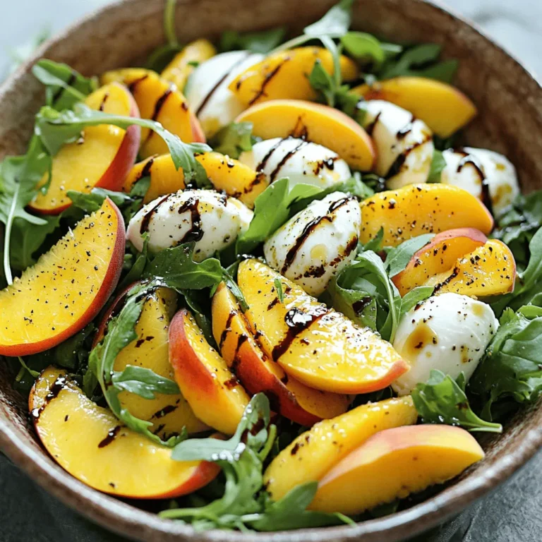- 3 ripe peaches, sliced into wedges - 1 cup fresh arugula (or your choice of mixed greens) - 1/4 cup fresh basil leaves, roughly torn - 200g fresh mozzarella, torn into bite-sized pieces - 1/4 cup balsamic glaze - 2 tablespoons extra virgin olive oil - 1 tablespoon honey (optional, for a touch of sweetness) - Salt and freshly ground black pepper, to taste Each ingredient plays a key role in this salad. The peaches should be ripe, juicy, and sweet. They add a fresh taste that pairs nicely with the creamy mozzarella. I love to use arugula because it gives a peppery kick. You can swap it with mixed greens if you prefer. The basil brings a fragrant note that brightens the dish. For the mozzarella, I suggest using fresh mozzarella. It has a soft texture and a mild flavor that works wonders in this salad. The balsamic glaze adds a sweet tang that ties everything together. Olive oil adds richness, while salt and pepper enhance the flavors. If you like a little sweetness, consider adding honey. You can find the full recipe in the article to create this delightful dish. To start, wash your ripe peaches under cold water. This helps remove any dirt or residue. Next, slice the peaches into wedges. Aim for about six to eight slices per peach. Set these aside for later. Then grab your fresh mozzarella. Tear it gently into bite-sized pieces. This step adds a nice texture to your salad. Now, take a large mixing bowl. Combine the sliced peaches, torn mozzarella, and arugula in it. Be gentle as you mix. You want to keep the mozzarella and peaches intact. Next, add the torn basil leaves. This adds a fresh and aromatic touch to your salad. In a small bowl, whisk together balsamic glaze and olive oil. This creates a rich dressing. Season it with salt and pepper to taste. If you like sweetness, add honey. Whisk until the mixture is smooth and well combined. This dressing will bring all the flavors together. Carefully drizzle the dressing over your salad. Use a large spoon to toss everything gently. This ensures that all ingredients get coated without breaking them apart. Let the salad rest for five minutes. This gives the flavors a chance to meld. When ready to serve, you can present it in a large bowl or plate it individually. For a special touch, drizzle a bit more balsamic glaze over the top. Enjoy this fresh mix of flavors! For the full recipe, check the details above. To find the best peaches, look for ripe, fragrant ones. They should feel slightly soft when you press them gently. A strong peach scent means they are ready to eat. Avoid peaches with bruises or blemishes. These signs can mean they are overripe or spoiled. If you want a creamier texture, consider using burrata cheese. It has a rich, soft center that adds a nice twist. You can also try different cheese options like feta or goat cheese. Each offers a unique flavor that can change the salad's taste. Adjust the sweetness of your dressing to fit your taste. If you like it sweeter, add more honey or choose a sweeter balsamic glaze. You can also experiment with additional herbs like thyme or mint for a unique flavor. Each herb brings a new layer to the dish, making it even more special. For the full recipe, check out Juicy Peach and Mozzarella Delight. Enjoy making this fresh and delicious salad! {{image_4}} When you want to mix things up with your Juicy Peach and Mozzarella Salad, there are many fun options. You can swap out peaches for other seasonal fruits. Mango adds a tropical twist. Strawberries bring a sweet touch. For crunch, toss in some nuts. Walnuts or pecans work great. They add texture and healthy fats. If you want a vegan version, replace mozzarella with dairy-free cheese. Look for options made from nuts or soy. Instead of honey, use maple syrup. It gives sweetness without animal products. Want to make the salad heartier? Add proteins like grilled chicken or shrimp. They pair well with the fruity flavors. You can also include grains like quinoa. This adds fiber and makes the salad filling. For the full recipe, check the main section. To enjoy this salad at its best, eat it fresh within a few hours. This keeps the flavors bright and the textures crisp. If you need to store it, keep the salad parts separate. This will prevent the greens from wilting and the fruit from getting mushy. If you prepared the salad and have leftovers, store it in an airtight container. In the fridge, it will last for up to one day. For the peaches, consider freezing them if you want to save them longer. Just remember, frozen peaches will change in texture, so they are best used in smoothies or baked goods later. If you want to make this salad again, check out the Full Recipe for all the details! Yes, you can prepare individual ingredients in advance. Just combine them right before serving. This keeps everything fresh and tasty. You can add more honey. Another option is to use a sweeter balsamic glaze. This will enhance the natural flavors of the peaches. This salad goes great with grilled meats, crusty bread, or a light white wine. These options make for a complete and satisfying meal. Canned peaches can work in a pinch. However, fresh peaches will give the best flavor and texture. They add a nice crunch and juiciness that canned cannot match. This blog post guides you through making a juicy peach and mozzarella salad. We covered the best fresh ingredients, step-by-step instructions, helpful tips, and tasty variations. With simple adjustments, you can make this salad suit any season or diet. Remember, freshness is key for the best taste. Enjoy experimenting with flavors and ingredients. This salad can be a delightful addition to any meal. So, gather your fresh produce and get started on a dish that’s sure to impress!