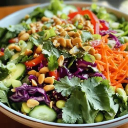 - Mixed greens (arugula, spinach, romaine) - Red cabbage - Carrots - Cucumber - Red bell pepper - Edamame - Sesame oil - Soy sauce - Honey - Lime juice - Salt and pepper - Toppings: Roasted peanuts, cilantro, green onions This Peanut Crunch Salad shines with fresh greens and colorful veggies. Start with a mix of arugula, spinach, and romaine for a base that’s both crunchy and tender. Adding red cabbage gives it a beautiful pop of color and sweetness. Grated carrots add a nice crunch and a hint of earthiness. Next, you can layer in crisp cucumber and sliced red bell pepper. Both bring freshness and a slight crunch that makes each bite delightful. Edamame adds protein and a fun texture. For the dressing, combine sesame oil, soy sauce, honey, and lime juice. This mix creates a tangy and sweet flavor that ties the salad together. Adjust salt and pepper to your taste. Finally, top your salad with roasted peanuts, cilantro, and green onions. The peanuts provide a great crunch, while the herbs add brightness. For the full recipe, see [Full Recipe]. Start by gathering your fresh greens. I love using arugula, spinach, and romaine together. They add a great mix of flavors and textures. Next, thinly slice the red cabbage. The bright color makes the salad pop. Grate the carrots and cut the cucumber into julienne strips. Slice the red bell pepper into thin pieces. Don’t forget the shelled edamame; it adds protein. Lastly, chop the cilantro and green onions. Now, grab a large salad bowl. Mix all these greens and veggies together. Arrange them nicely for a pretty look. The vibrant colors will catch the eye and make your salad inviting. In a small bowl, gather your dressing ingredients: sesame oil, soy sauce, honey, lime juice, salt, and pepper. Measure each ingredient carefully. This mix gives the salad a tasty kick. Whisk everything together until smooth. You want the honey to dissolve well. This dressing is key to tying all the flavors together. Now comes the fun part—assembling your salad! Pour the dressing over the salad base. Toss gently to coat all the veggies. Make sure everything is covered in that delicious dressing. Right before serving, sprinkle the chopped roasted peanuts on top. They add a nice crunch and extra flavor. Enjoy this fresh and flavorful Peanut Crunch Salad! For more details, check the Full Recipe. To make your Peanut Crunch Salad extra crunchy, choose fresh ingredients. Fresh greens, crisp veggies, and crunchy peanuts add texture. Look for greens with vibrant colors. They should feel firm and crisp. The fresher, the better! Toasting your peanuts can boost flavor and crunch. Heat a pan over medium heat. Add the peanuts and toast them for 3-5 minutes. Stir often to avoid burning. Once they turn golden brown, let them cool before adding to the salad. You can toast other nuts too, like almonds or cashews, for more variety. Storing salad components separately helps keep them fresh. Place greens in one container and veggies in another. Keep the dressing in a small jar. This way, your salad stays crisp until serving time. Add the dressing just before serving. If you dress the salad too early, the greens can wilt. Pour the dressing over the salad and toss it gently. This keeps everything fresh and tasty. Peanut Crunch Salad pairs well with grilled chicken or shrimp. It’s also great with rice or quinoa as a light meal. Serve it alongside a warm soup for a cozy lunch. For a beautiful dish, arrange the salad in layers. Start with greens, then add veggies, and top with peanuts. Use a big bowl to show off the colors. A sprinkle of cilantro can add a lovely touch on top. Enjoy the fresh and vibrant flavors of your Peanut Crunch Salad! For the full recipe, check out the detailed instructions above. {{image_4}} You can change up the nuts or seeds in this salad. Try cashews, sunflower seeds, or pumpkin seeds. Each adds a fun twist. If you want to swap salad greens, use kale or mixed baby greens instead. These options still give you that fresh crunch. To add some spice, sprinkle in red pepper flakes or black pepper. You can also try fresh herbs like mint or basil. For a different dressing, mix peanut butter with yogurt or use a sesame ginger dressing. These choices make the salad exciting and unique. To make the salad vegan, skip the honey and use maple syrup. For gluten-free, ensure your soy sauce is gluten-free. If you want a low-calorie version, use less oil and more lime juice. These tweaks help meet different dietary needs while keeping it tasty. To keep your Peanut Crunch Salad fresh, store it in an airtight container. This helps keep the ingredients crisp. Place the salad in the fridge right after making it. You should eat it within 2-3 days for the best taste. If you add peanuts, do this just before serving. This keeps them crunchy. Freezing salad is tricky since fresh greens do not freeze well. However, you can freeze individual salad components. For example, you can freeze edamame or chopped bell peppers. Just make sure to store them in freezer bags. If you have leftover salad, try to separate the dressing first. This way, the salad stays fresh longer. You can use it within a day or two. Look for changes in color or smell. If the salad looks brown or smells off, it’s time to toss it. Soggy greens signal spoilage as well. Always check the peanuts too. If they taste stale or bitter, don’t eat them. Safe food practices help you avoid illness. Store leftovers properly and always wash your hands before handling food. Enjoy this Peanut Crunch Salad fresh for the best flavors and health! For the full recipe, see the section above. To make Peanut Crunch Salad, follow these easy steps: 1. Grab a large salad bowl. Add mixed greens like arugula, spinach, and romaine. 2. Slice red cabbage, grate carrots, and julienne cucumber. Add these to the bowl. 3. Chop red bell pepper and shelled edamame. Mix them in with the other veggies. 4. Finely chop fresh cilantro and green onions. Toss them into the salad. 5. For the dressing, combine sesame oil, soy sauce, honey, lime juice, salt, and pepper in a small bowl. 6. Pour the dressing over the salad and toss gently to coat all ingredients. 7. Just before serving, sprinkle roasted peanuts on top for a crunchy finish. 8. Serve immediately and enjoy this fresh flavor explosion! For a complete look at the ingredients and steps, check the Full Recipe. If you have a peanut allergy, you can use different nuts or seeds. Here are some options: - Almonds: Sliced or chopped, they add a nice crunch. - Cashews: These provide a creamy texture. - Sunflower seeds: Great for a nut-free option. - Pumpkin seeds: They add flavor and texture. Always check for allergies before serving. Each substitute offers a unique taste, so feel free to experiment! Yes, you can prep this salad ahead of time. Here are some tips: - Wash and chop your greens and veggies. Store them in airtight containers. - Keep the dressing separate to avoid sogginess. - Combine salad ingredients and dressing just before serving for the best taste. This way, you can enjoy a fresh salad anytime! This blog post highlighted how to make a crunchy peanut salad. We covered fresh greens, vibrant vegetables, and simple dressing ingredients. Following easy steps, you can mix and assemble your salad for a tasty dish. Remember to enhance crunchiness with fresh ingredients and toasted nuts. You can even modify the salad to fit different diets. With proper storage, your salad will stay fresh longer. Enjoy your flavorful creations and feel free to share your own twists on this recipe. Happy cooking!