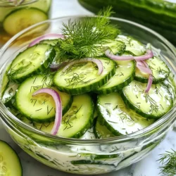 To make a delicious creamy marinated cucumber salad, you need these main ingredients: - 2 large cucumbers, thinly sliced - 1 cup Greek yogurt - 2 tablespoons apple cider vinegar - 1 tablespoon honey - 1 clove garlic, minced - 1 tablespoon fresh dill, finely chopped - Salt and pepper to taste - 1/2 teaspoon red pepper flakes (optional for a kick) - 1/4 cup red onion, thinly sliced Each ingredient adds a unique flavor. The cucumbers bring freshness, while Greek yogurt adds creaminess. Apple cider vinegar gives a nice tang, and honey balances the flavors. Garlic and dill add depth, while red onion offers crunch and zest. You can get creative with your salad by adding different ingredients: - Cherry tomatoes, halved - Avocado, diced - Bell peppers, chopped - Feta cheese, crumbled These add-ins can change the flavor and texture. For example, cherry tomatoes give sweetness, while feta adds a salty bite. Feel free to mix and match based on your taste. If you have dietary restrictions, here are some easy swaps: - Use dairy-free yogurt for a vegan option. - Substitute honey with maple syrup for a vegan sweetener. - Replace red onion with green onions for a milder taste. These substitutions keep the salad flavorful while meeting dietary needs. You can enjoy this dish no matter your preference. For the full recipe, check the details above. Start with two large cucumbers. Thinly slice them and place in a large colander. Sprinkle a pinch of salt over the cucumber slices. Let them sit for 15 to 20 minutes. This step is key. The salt pulls out extra moisture. This keeps your salad crisp and not watery. While the cucumbers rest, grab a medium bowl. Add one cup of Greek yogurt. Whisk in two tablespoons of apple cider vinegar. Then, mix in one tablespoon of honey and one clove of minced garlic. Add one tablespoon of finely chopped dill. Season well with salt and pepper. If you want some heat, add half a teaspoon of red pepper flakes. Mix until it’s smooth and creamy. After 20 minutes, rinse the cucumbers under cold water. This removes the salt. Pat them dry with a clean towel. In a large bowl, combine the rinsed cucumbers and thinly sliced red onion. Pour in the creamy dressing. Gently toss everything together. Make sure each cucumber slice is coated. Cover the bowl with plastic wrap and chill for at least 30 minutes. This helps all the flavors blend. Before serving, taste your salad. Adjust the seasoning if needed. Enjoy your fresh and creamy marinated cucumber salad! For detailed steps, refer to the Full Recipe. To make a tasty creamy marinated cucumber salad, focus on the balance of flavors. Use fresh ingredients for the best taste. The Greek yogurt adds creaminess, while apple cider vinegar gives it a nice tang. Adding honey helps balance the flavors. Don't skip the salt; it makes everything pop. Taste as you go, and adjust to your liking. Start by slicing your cucumbers thin. This helps them soak up the flavors. After slicing, sprinkle salt on them and let them sit. This draws out water and keeps your salad crisp. Rinse off the salt after 20 minutes. Then, dry them well with a towel. This step is key for a fresh, crunchy salad. Want to add a twist? Try mixing in fresh herbs like basil or mint. A splash of lemon juice can brighten everything up. If you like some heat, add red pepper flakes. You can also toss in some cherry tomatoes or bell peppers for color and crunch. These small changes make your salad unique and exciting. For the full recipe, check out the earlier section. {{image_4}} You can make your creamy marinated cucumber salad more filling by adding proteins. Cooked chicken, shrimp, or tofu work well. A cup of shredded rotisserie chicken adds great flavor. If you want a vegetarian option, try chickpeas. They add protein and a nice texture. Mix these proteins in with the cucumbers and dressing for a hearty meal. For those who love heat, try adding spices to kick up the flavor. Red pepper flakes are a good start. Just half a teaspoon can make a difference. You can also mix in diced jalapeños. If you want more heat, consider sriracha or hot sauce in the dressing. Start with a little, then taste and adjust. Make your salad shine with fresh, seasonal ingredients. In summer, add sweet cherry tomatoes or fresh corn for crunch. In fall, diced apples or pears bring a sweet twist. You can also include bell peppers for color and crunch. Use what’s fresh and available. It makes the salad taste better and is fun to create. For the full recipe, check the Creamy Marinated Cucumber Salad section above. To keep your creamy marinated cucumber salad fresh, store it in an airtight container. Make sure the salad is cool before sealing. This step helps prevent condensation, which can make the salad watery. If you have leftovers, avoid mixing them with the dressing until you are ready to eat. This keeps the cucumbers crisp and the dressing thick. Your salad can last up to three days in the fridge. However, for the best taste, enjoy it within two days. After that, the cucumbers may start to lose their crunch. Always check for any signs of spoilage, like off smells or a change in color. Freezing this salad isn’t ideal. The cucumbers have high water content, which turns mushy when thawed. If you must freeze it, consider just freezing the dressing. You can then mix it with fresh cucumbers later. This keeps the flavors intact and provides a fresh taste each time. For a full recipe, check out the previous sections. Yes, you can! If you don’t have Greek yogurt, use regular yogurt. It will change the texture a bit, but it still tastes great. You could also try plant-based yogurt, like almond or coconut. This option keeps it creamy and adds a unique flavor. To make this salad vegan, switch out the Greek yogurt for a plant-based alternative. Look for unsweetened coconut, almond, or soy yogurt. Replace honey with maple syrup or agave nectar for sweetness. This keeps the creamy taste while making it vegan-friendly. Feel free to get creative! You can add bell peppers, carrots, or even radishes. Cherry tomatoes add a nice color and sweetness. You can also mix in shredded cabbage or kale for extra crunch. Just remember to keep everything thinly sliced for the best texture. For more details, check out the Full Recipe. This creamy marinated cucumber salad is easy to make and delicious. We covered the main ingredients, like cucumbers and creamy dressing, plus ways to customize it. You can add proteins or try a spicy twist as you like. Remember to store it properly for freshness. Experimenting with this recipe can lead to fun, tasty variations. You’ll enjoy making this dish, and it can fit many diets. Dive in, and make it your own!