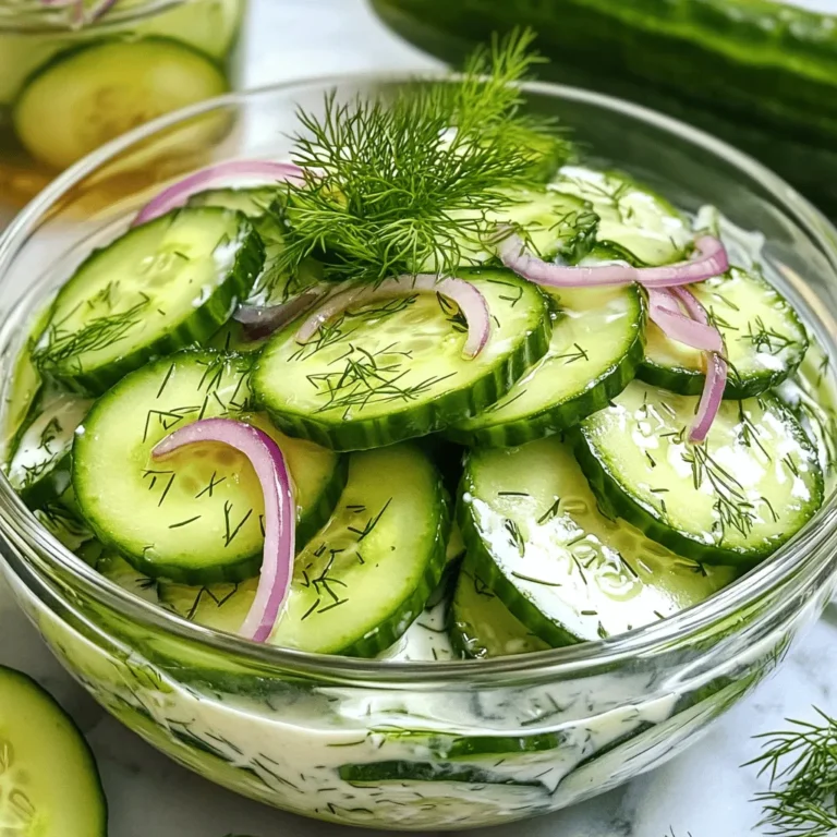 To make a delicious creamy marinated cucumber salad, you need these main ingredients: - 2 large cucumbers, thinly sliced - 1 cup Greek yogurt - 2 tablespoons apple cider vinegar - 1 tablespoon honey - 1 clove garlic, minced - 1 tablespoon fresh dill, finely chopped - Salt and pepper to taste - 1/2 teaspoon red pepper flakes (optional for a kick) - 1/4 cup red onion, thinly sliced Each ingredient adds a unique flavor. The cucumbers bring freshness, while Greek yogurt adds creaminess. Apple cider vinegar gives a nice tang, and honey balances the flavors. Garlic and dill add depth, while red onion offers crunch and zest. You can get creative with your salad by adding different ingredients: - Cherry tomatoes, halved - Avocado, diced - Bell peppers, chopped - Feta cheese, crumbled These add-ins can change the flavor and texture. For example, cherry tomatoes give sweetness, while feta adds a salty bite. Feel free to mix and match based on your taste. If you have dietary restrictions, here are some easy swaps: - Use dairy-free yogurt for a vegan option. - Substitute honey with maple syrup for a vegan sweetener. - Replace red onion with green onions for a milder taste. These substitutions keep the salad flavorful while meeting dietary needs. You can enjoy this dish no matter your preference. For the full recipe, check the details above. Start with two large cucumbers. Thinly slice them and place in a large colander. Sprinkle a pinch of salt over the cucumber slices. Let them sit for 15 to 20 minutes. This step is key. The salt pulls out extra moisture. This keeps your salad crisp and not watery. While the cucumbers rest, grab a medium bowl. Add one cup of Greek yogurt. Whisk in two tablespoons of apple cider vinegar. Then, mix in one tablespoon of honey and one clove of minced garlic. Add one tablespoon of finely chopped dill. Season well with salt and pepper. If you want some heat, add half a teaspoon of red pepper flakes. Mix until it’s smooth and creamy. After 20 minutes, rinse the cucumbers under cold water. This removes the salt. Pat them dry with a clean towel. In a large bowl, combine the rinsed cucumbers and thinly sliced red onion. Pour in the creamy dressing. Gently toss everything together. Make sure each cucumber slice is coated. Cover the bowl with plastic wrap and chill for at least 30 minutes. This helps all the flavors blend. Before serving, taste your salad. Adjust the seasoning if needed. Enjoy your fresh and creamy marinated cucumber salad! For detailed steps, refer to the Full Recipe. To make a tasty creamy marinated cucumber salad, focus on the balance of flavors. Use fresh ingredients for the best taste. The Greek yogurt adds creaminess, while apple cider vinegar gives it a nice tang. Adding honey helps balance the flavors. Don't skip the salt; it makes everything pop. Taste as you go, and adjust to your liking. Start by slicing your cucumbers thin. This helps them soak up the flavors. After slicing, sprinkle salt on them and let them sit. This draws out water and keeps your salad crisp. Rinse off the salt after 20 minutes. Then, dry them well with a towel. This step is key for a fresh, crunchy salad. Want to add a twist? Try mixing in fresh herbs like basil or mint. A splash of lemon juice can brighten everything up. If you like some heat, add red pepper flakes. You can also toss in some cherry tomatoes or bell peppers for color and crunch. These small changes make your salad unique and exciting. For the full recipe, check out the earlier section. {{image_4}} You can make your creamy marinated cucumber salad more filling by adding proteins. Cooked chicken, shrimp, or tofu work well. A cup of shredded rotisserie chicken adds great flavor. If you want a vegetarian option, try chickpeas. They add protein and a nice texture. Mix these proteins in with the cucumbers and dressing for a hearty meal. For those who love heat, try adding spices to kick up the flavor. Red pepper flakes are a good start. Just half a teaspoon can make a difference. You can also mix in diced jalapeños. If you want more heat, consider sriracha or hot sauce in the dressing. Start with a little, then taste and adjust. Make your salad shine with fresh, seasonal ingredients. In summer, add sweet cherry tomatoes or fresh corn for crunch. In fall, diced apples or pears bring a sweet twist. You can also include bell peppers for color and crunch. Use what’s fresh and available. It makes the salad taste better and is fun to create. For the full recipe, check the Creamy Marinated Cucumber Salad section above. To keep your creamy marinated cucumber salad fresh, store it in an airtight container. Make sure the salad is cool before sealing. This step helps prevent condensation, which can make the salad watery. If you have leftovers, avoid mixing them with the dressing until you are ready to eat. This keeps the cucumbers crisp and the dressing thick. Your salad can last up to three days in the fridge. However, for the best taste, enjoy it within two days. After that, the cucumbers may start to lose their crunch. Always check for any signs of spoilage, like off smells or a change in color. Freezing this salad isn’t ideal. The cucumbers have high water content, which turns mushy when thawed. If you must freeze it, consider just freezing the dressing. You can then mix it with fresh cucumbers later. This keeps the flavors intact and provides a fresh taste each time. For a full recipe, check out the previous sections. Yes, you can! If you don’t have Greek yogurt, use regular yogurt. It will change the texture a bit, but it still tastes great. You could also try plant-based yogurt, like almond or coconut. This option keeps it creamy and adds a unique flavor. To make this salad vegan, switch out the Greek yogurt for a plant-based alternative. Look for unsweetened coconut, almond, or soy yogurt. Replace honey with maple syrup or agave nectar for sweetness. This keeps the creamy taste while making it vegan-friendly. Feel free to get creative! You can add bell peppers, carrots, or even radishes. Cherry tomatoes add a nice color and sweetness. You can also mix in shredded cabbage or kale for extra crunch. Just remember to keep everything thinly sliced for the best texture. For more details, check out the Full Recipe. This creamy marinated cucumber salad is easy to make and delicious. We covered the main ingredients, like cucumbers and creamy dressing, plus ways to customize it. You can add proteins or try a spicy twist as you like. Remember to store it properly for freshness. Experimenting with this recipe can lead to fun, tasty variations. You’ll enjoy making this dish, and it can fit many diets. Dive in, and make it your own!