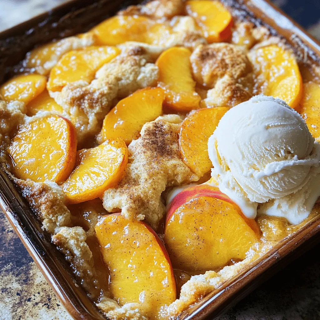 To make a delicious peach cobbler, you need fresh ingredients. Here’s what you will need: - 6 fresh peaches, peeled and sliced - 1 cup granulated sugar, divided (1/2 cup for peaches, 1/2 cup for batter) - 1 teaspoon ground cinnamon - 1 teaspoon vanilla extract - 1/2 cup unsalted butter, melted - 1 cup all-purpose flour - 1 tablespoon baking powder - 1/2 teaspoon salt - 1 cup milk - 1 tablespoon fresh lemon juice - Optional: Vanilla ice cream for serving Fresh peaches bring bright flavor. You want ripe, juicy peaches for the best taste. The sugar sweetens the fruit and adds flavor to the batter. Ground cinnamon gives warmth. Vanilla extract adds a sweet note, while butter makes the texture rich. Flour and baking powder combine to create a fluffy batter. Salt balances the sweetness. Milk makes the batter smooth, and lemon juice brightens up the flavors. You can find the full recipe in the next section. This cobbler recipe is simple and fun to make. Start by preheating your oven to 375°F (190°C). This helps the cobbler cook evenly. Next, take a 9x13 inch baking dish and grease it lightly with butter or cooking spray. This step keeps your cobbler from sticking. In a mixing bowl, add 6 fresh peaches, peeled and sliced. Sprinkle in 1/2 cup of granulated sugar, 1 teaspoon of ground cinnamon, and 1 teaspoon of vanilla extract. Toss everything gently to coat the peaches. Let this sit for about 10 minutes. This process draws out the juices, making the filling sweet and juicy. In a new bowl, whisk together 1/2 cup of granulated sugar, 1 cup of all-purpose flour, 1 tablespoon of baking powder, and 1/2 teaspoon of salt. Mixing these well ensures that all dry ingredients blend evenly. Pour in 1/2 cup of melted unsalted butter and 1 cup of milk into the dry mixture. Stir gently with a spatula. It’s okay if the batter remains a bit lumpy. If you mix too much, the cobbler can turn out dense. Carefully pour the batter into the greased baking dish. Use a spatula to spread it out evenly. Now, spoon the peach mixture over the batter, along with its juices. Do not stir! The peaches will sink and create lovely layers while baking. Drizzle 1 tablespoon of fresh lemon juice over the peaches for added flavor. Place the baking dish in the oven and bake for 35-40 minutes. Look for a golden brown top and bubbling edges. Remove from the oven and let it cool for about 10-15 minutes. This cooling time helps when you serve it warm, perfect with vanilla ice cream. For the complete recipe, refer to the Full Recipe. Select peaches that are ripe and fragrant. Look for peaches that yield slightly when you press them. Firm peaches will not soften well during baking. If you can, choose local peaches. They taste better and are fresher. Yellow peaches work best for this cobbler, but white peaches can also be a delightful twist. To get that gooey filling, let the peaches sit with sugar for about 10 minutes. This process, called maceration, helps draw out the juices. Do not skip the vanilla extract; it adds depth to the flavor. Finally, pour the peach mixture over the batter without stirring. This creates a lovely layered effect as it bakes. Always preheat your oven to 375°F (190°C). This ensures even cooking. Use a light coating of butter or spray on your baking dish. It prevents sticking and helps with browning. Bake until the cobbler is golden brown and bubbling at the edges. Allow it to cool for about 10-15 minutes before serving. This makes it easier to scoop and enjoy. For the best taste, serve with ice cream from the start to enhance the warm flavors of the cobbler. For the full recipe, check out the Sweet Summer Peach Cobbler section. {{image_4}} You can boost peach cobbler's flavor with spices. Cinnamon is a classic choice. Try adding nutmeg for warmth. A pinch of cardamom can add a lovely twist. Just remember, less is more. You want the spices to enhance, not overpower the peaches. Want a healthier cobbler? Substitute white sugar with honey or maple syrup. You can use whole wheat flour instead of all-purpose flour. For a lighter touch, swap butter for coconut oil. If you want to cut calories, use almond milk in place of regular milk. These swaps keep the taste tasty while making it a bit healthier. Peach cobbler is great with other fruits too! During summer, use berries like blueberries or raspberries. In fall, try apples or pears for a cozy feel. Winter is perfect for using frozen fruits. Just adjust sugar based on the fruit's sweetness. Each fruit gives a new flavor to explore. Enjoy discovering your favorites! For the full recipe, check out the Sweet Summer Peach Cobbler section above. Store leftover peach cobbler in an airtight container. You can keep it in the fridge for up to three days. Be sure to let it cool before sealing it to avoid excess moisture. This helps maintain its texture and flavor. To reheat, preheat your oven to 350°F (175°C). Place the cobbler in a baking dish. Cover it with foil to keep it moist. Heat for about 15-20 minutes. You can also use a microwave for quick reheating. Just warm individual portions for 30 seconds to 1 minute. You can freeze peach cobbler for longer storage. First, let it cool completely. Then, wrap it tightly in plastic wrap or foil. Place it in a freezer-safe bag. It can last up to three months. When ready to eat, thaw it in the fridge overnight. Reheat it in the oven for the best texture. For more details, refer to the Full Recipe. Yes, you can use frozen peaches. Just thaw them first. Drain any excess juice. This prevents a soggy cobbler. The taste might be a bit different, but it still works well. I prefer fresh peaches for their sweetness and texture. To adjust the sweetness, change the sugar amount. For less sweetness, cut the sugar by a quarter. If you want it sweeter, add more sugar to the peach mix. Remember, you can always taste and adjust as you go. Serve the cobbler warm. A scoop of vanilla ice cream on top makes it delightful. You can also add whipped cream or a sprinkle of cinnamon. It’s perfect for gatherings or a cozy night at home. The cobbler is done when it’s golden brown. Look for bubbling around the edges. Insert a toothpick into the batter; it should come out clean. If it’s mushy, give it a few more minutes in the oven. To make it gluten-free, swap all-purpose flour with a gluten-free blend. Many blends work well in this recipe. Just ensure it has a good mix of starches. This keeps the texture light and fluffy. You can find specific blends at most grocery stores. For the best results, follow the package instructions. For the full recipe, check out the Sweet Summer Peach Cobbler section above. You learned how to make a delicious peach cobbler from fresh ingredients. We covered the recipe steps, tips for success, and variations to try. Perfecting this dessert will impress everyone. With simple ingredients and methods, you can achieve a tasty result. Remember to store any leftovers properly for later enjoyment. Now, gather your ingredients and enjoy the fruits of your labor in the kitchen!