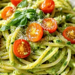 - 2 ripe avocados, pitted and flesh scooped out - 2 cups of your favorite cooked pasta (like spaghetti or fusilli) - 2 cloves garlic, finely minced - 1/4 cup fresh basil leaves, packed - 1 tablespoon freshly squeezed lemon juice - 1/4 cup extra virgin olive oil To make creamy avocado pasta, you need ripe avocados. Choose ones that yield slightly to pressure. For pasta, pick any shape you like. Spaghetti and fusilli work great. Fresh garlic adds a nice bite. Basil gives it an aromatic touch. Lemon juice brightens the dish and adds zing. The olive oil helps blend everything smoothly. - Sea salt and black pepper - 1/4 teaspoon red pepper flakes (optional for a spicy kick) - A handful of cherry tomatoes, halved (for garnish) - Grated Parmesan cheese (optional for serving) These ingredients can enhance your dish. Sea salt and black pepper bring out the flavors. If you like heat, use red pepper flakes. Cherry tomatoes add color and freshness. Grated Parmesan cheese can make it richer. You can find the full recipe for more details and tips. To make the avocado sauce, start with ripe avocados. Cut them in half and scoop out the flesh. Place the avocado flesh in a high-speed blender. Add two cloves of minced garlic, packed basil leaves, and lemon juice. Pour in the extra virgin olive oil. Blend everything on high until smooth. If the sauce is too thick, add a splash of water or reserved pasta water. Keep blending until you reach your desired creamy texture. For seasoning, taste the sauce after blending. Add sea salt, freshly ground black pepper, and red pepper flakes if you want some heat. Blend briefly to mix in the seasonings well. Now, cook your pasta. Use a large pot with salted water. Bring it to a boil and add your favorite pasta. Cook it according to the package instructions until al dente. Once the pasta is ready, drain it, but save a little pasta water. In a large bowl, combine the cooked pasta with the creamy avocado sauce. Gently toss the pasta and sauce together. Make sure every piece is coated. If the sauce seems too thick, add a bit of the reserved pasta water to loosen it up. Serve the pasta right away, garnished with halved cherry tomatoes and optional grated Parmesan cheese. Enjoy your meal! For the full recipe, check the earlier section. To make your avocado sauce even better, try adding different herbs. Cilantro and mint give a fresh twist. You can also mix in some spinach for extra greens. Want a kick? Add more red pepper flakes or a dash of hot sauce. When cooking pasta, remember to salt your water. It should taste like the sea! For spaghetti, cook until al dente. Fusilli holds sauce well, so it’s a good choice too. Serve your pasta in shallow bowls for a nice look. Drizzle some olive oil over the top to add shine. A few whole basil leaves can brighten up the dish. Pair this pasta with a crisp salad. A simple green salad with lemon dressing works well. You can also serve it with garlic bread for a tasty side. For more details, check the Full Recipe for Creamy Avocado Pasta. {{image_4}} You can switch things up with different herbs or veggies. Try using parsley or cilantro instead of basil for a fresh twist. Spinach or arugula can also add a nice flavor. If you want to add protein, consider cooked chicken, shrimp, or chickpeas. These swaps make your dish heartier and more filling. Making creamy avocado pasta vegan is easy. Just skip the Parmesan cheese or use a vegan alternative. For a gluten-free dish, choose gluten-free pasta made from rice or quinoa. To keep that creamy texture without dairy, use a splash of coconut milk or almond milk. These options help everyone enjoy this tasty meal! To store leftover creamy avocado pasta, first let it cool to room temperature. Place it in an airtight container. This will help keep it fresh. You can store it in the fridge for up to two days. To maintain freshness, add a bit of lemon juice before storing. This helps slow down browning. When reheating creamy avocado pasta, avoid the microwave if possible. Instead, use a skillet on low heat. Add a splash of water or olive oil to help it warm up. Stir gently to bring back its creamy texture. This way, you keep the flavor intact. Can I make this recipe ahead of time? Yes, you can make the avocado sauce ahead. Store it in an airtight container in the fridge. It will last for about two days. Just remember, the sauce may brown slightly. To fix this, add a little lemon juice before serving. What type of pasta works best? You can use any pasta you like. Spaghetti and fusilli are great choices. They hold the creamy sauce well. Choose whole grain or gluten-free pasta for a healthier twist. Is creamy avocado pasta healthy? Yes, creamy avocado pasta is a healthy dish. Avocados provide good fats and fiber. They help keep your heart healthy. The dish is also rich in vitamins from the fresh ingredients. How to add more nutrients to the dish? You can boost nutrients by adding veggies. Spinach, kale, or peas blend well. You could also mix in cooked chicken or shrimp for protein. Don’t forget to serve with a side salad for extra freshness. This creamy avocado pasta is easy to make and packed with flavor. With ripe avocados, fresh garlic, and lemon juice, you can whip up a great sauce quickly. Remember to customize it with herbs or veggies for your taste. Store leftovers properly to keep them fresh. Finally, reheating methods will help maintain that creaminess we love. Enjoy this versatile dish any time!