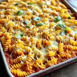 - 2 cups rotini or penne pasta - 2 cups cooked chicken, shredded (preferably rotisserie for added flavor) - 1 cup marinara sauce (store-bought or homemade) - 1 cup ricotta cheese - 1 ½ cups mozzarella cheese, shredded (divided) - ¾ cup Parmesan cheese, grated - 1 teaspoon garlic powder - 1 teaspoon Italian seasoning (or a blend of dried basil, oregano, and thyme) - Salt and pepper to taste - Fresh basil leaves for garnish (optional) Using fresh ingredients makes a big difference. Fresh pasta will cook better and taste nicer. Quality chicken, like rotisserie, adds flavor. Homemade marinara sauce often tastes richer than store-bought. Fresh cheeses melt better, giving a creamier texture. Always check the expiration dates on your dairy products. You can use gluten-free pasta for a gluten-free meal. If you want a lighter option, swap ricotta for cottage cheese. For a vegetarian twist, replace chicken with sautéed mushrooms or spinach. Use vegan cheese to make it dairy-free. Adjust the spices to fit your taste or dietary needs. First, set your oven to 375°F (190°C). This heat makes the cheese melt perfectly. While the oven heats, bring a large pot of salted water to a boil. Add your rotini or penne pasta to the boiling water. Cook it according to the package instructions until it is al dente. Once done, drain the pasta well and let it cool slightly. This step ensures the pasta does not become mushy in the bake. In a big mixing bowl, combine your shredded chicken, marinara sauce, and ricotta cheese. Add garlic powder and Italian seasoning for flavor. Mix in half of the shredded mozzarella cheese, about ¾ cup. Stir everything together until well-blended. Gently fold in the cooled pasta. Make sure each piece of pasta gets coated. Taste the mixture, and add salt and pepper based on your liking. Now, pour the pasta and chicken mixture into a greased 9x13 inch baking dish. Spread it evenly in the dish. Sprinkle the remaining mozzarella and grated Parmesan cheese on top. This creates a cheesy crust that everyone loves. Place the dish in your preheated oven and bake for 25-30 minutes. Look for a bubbly, golden top with slightly crispy edges. After baking, let it sit for 5 minutes. This resting time helps the flavors mix and makes serving easier. If you want, add fresh basil leaves on top for a nice touch. Enjoy the deliciousness! To get a perfect cheese crust, use a mix of cheeses. I like to use mozzarella and Parmesan. Spread the cheeses evenly over the top. This helps create a golden, bubbly layer. Baking at 375°F (190°C) works best. Bake it until the cheese melts and turns golden brown. If you want a crunchier top, broil for the last 2-3 minutes. Just watch it closely to avoid burning! Want to save time? Use rotisserie chicken. It adds flavor and cuts down on prep. You can also cook the pasta in advance. This way, you only need to mix and bake. Pre-measure your ingredients. This small step makes cooking faster and easier. Another tip is to use store-bought marinara sauce. It tastes great and saves time. Cooking pasta can be tricky. Start with a large pot of salted water. This adds flavor to your pasta. Bring the water to a rolling boil before adding the pasta. Cook it until it's al dente, or firm to the bite. This helps the pasta hold its shape in the bake. Don't forget to drain the pasta well. You want it to be slightly dry before mixing it with the sauce. {{image_4}} You can make this dish healthier. Use gluten-free pasta for a gluten-free meal. Zucchini noodles are a great low-carb option. They add a fresh taste and reduce carbs. You can also replace ricotta with cottage cheese. This switch lowers fat and adds protein. Get creative with your ingredients! Add vegetables like spinach, bell peppers, or broccoli. These veggies bring color and nutrients. You can also use different proteins, like turkey or tofu. Each choice adds a new flavor and texture. Spice up your dish with different flavors. Try adding crushed red pepper for heat. A splash of lemon juice can brighten the flavors. You can also experiment with herbs, like fresh parsley or cilantro. Using pesto instead of marinara gives a fresh twist. These options keep each meal exciting and new. To keep your Parmesan chicken pasta bake fresh, store it in an airtight container. This prevents moisture loss and keeps flavors intact. Wait until it cools before sealing the container. You can keep it in the fridge for up to three days. If you want to enjoy it later, freezing is a great option. Reheating your pasta bake can be simple. Preheat your oven to 350°F (175°C). Place the pasta bake in a baking dish and cover it with foil. This helps keep moisture in. Heat for about 20 minutes. Check it to ensure it's hot throughout. You can remove the foil for the last 5 minutes if you want a crispy top. If you want to freeze your pasta bake, make sure it cools completely first. Portion it into freezer-safe containers, leaving space for expansion. It will stay fresh for about three months in the freezer. To reheat, thaw it in the fridge overnight. Then, follow the reheating steps for best results. Enjoy your delicious meal at your convenience! You can use uncooked chicken, but it needs more cooking time. Start by cooking the chicken fully before mixing it with the other ingredients. This ensures the chicken is safe to eat and tender. Rotini and penne are great choices because their shapes hold sauce well. Other pasta shapes like fusilli or ziti also work nicely. Just choose a pasta that you love! To make this dish vegetarian, swap the chicken for cooked mushrooms, zucchini, or spinach. You can also add beans for protein. Keep the other ingredients the same for a tasty meal. For the complete list of ingredients and detailed steps, check the Full Recipe. You’ll find everything you need to create this tasty Parmesan chicken pasta bake. Enjoy cooking! This post covered essential ingredients, baking steps, and tips for the recipe. You learned how to pick the best ingredients and ensure fresh flavors shine through. Adapting the recipe for health needs is easy with simple swaps. I shared cooking tips that save time and improve taste. Remember to store leftovers properly to maintain flavor and texture. With these insights, you can create a successful dish every time. Enjoy experimenting with different flavors and variations to suit your taste!