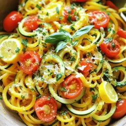 - 2 medium summer squashes, spiralized into noodles - 8 oz whole wheat spaghetti or your preferred pasta - 4 cloves garlic, finely minced - 1 tablespoon extra-virgin olive oil - 1 teaspoon red pepper flakes - 1 medium zucchini, thinly sliced into half-moons - 1 cup cherry tomatoes, halved - 1/4 cup fresh basil leaves, coarsely chopped - Salt and freshly ground black pepper, to taste - Zest and juice of 1 lemon - Grated Parmesan cheese (optional, for garnish) When making this dish, you'll need fresh summer squashes. Spiralizing them gives a fun shape that looks great on the plate. Whole wheat spaghetti adds a healthy twist, but feel free to use any pasta you like. Garlic is key for flavor, so don't skip it. Red pepper flakes bring a bit of heat, but adjust them to your taste. The zucchini and cherry tomatoes add color and texture. Fresh basil gives a lovely aroma and taste. You will finish with lemon zest and juice for brightness. A sprinkle of Parmesan cheese can make it extra special, too. - Large pot for boiling pasta - Spacious skillet for making sauce - Spiralizer for summer squash - Measuring cups and spoons Having the right tools makes cooking easier. A large pot helps you boil the pasta just right. A spacious skillet allows you to mix everything without a mess. A spiralizer is fun to use and creates those lovely noodles. Lastly, measuring cups and spoons help ensure you get the right amounts of each ingredient. For the full recipe, refer to the section on cooking instructions. Enjoy the process and the delicious flavors that come together in this savory summer squash pasta with garlic sauce! First, grab a large pot and fill it with water. Add a pinch of salt and turn on the heat. Bring the water to a rolling boil. Once it’s bubbling, add 8 ounces of whole wheat spaghetti. Cook it according to the package directions until it is al dente, which usually takes about 8 to 10 minutes. Before you drain the pasta, make sure to reserve 1 cup of the starchy pasta water. This water will help create a delicious sauce later. After reserving the water, drain the pasta and set it aside. Next, take a spacious skillet and heat 1 tablespoon of extra-virgin olive oil over medium heat. Once the oil is warm, add 4 minced garlic cloves and 1 teaspoon of red pepper flakes. Sauté this mixture for about 1 to 2 minutes. You want the garlic to become fragrant and start turning golden. Be careful not to let it burn, as burnt garlic can ruin the taste. After that, add the sliced zucchini and halved cherry tomatoes to the skillet. Cook these for an additional 3 to 4 minutes, stirring occasionally. This will help the tomatoes soften and release their juicy goodness. Now it’s time to combine everything. Gently fold the spiralized summer squash noodles into the skillet with the garlic sauce. Stir well to mix all the ingredients. Gradually add the reserved pasta water, a little at a time. This helps create a light and flavorful sauce. Keep adding water until you reach your desired sauce consistency. Finally, stir in the lemon zest and juice. Toss in the coarsely chopped basil and season with salt and freshly ground black pepper to taste. Let it cook for an additional 2 to 3 minutes to ensure everything is heated through and the flavors meld together. To get the best texture, cook the pasta until it is al dente. This means it should have a slight bite when you chew it. Follow the package instructions, but start checking a minute or two before the time ends. To avoid burning garlic, heat the olive oil over medium heat. Add the minced garlic and red pepper flakes, stirring often. Cook for just 1-2 minutes. The goal is to make the garlic fragrant, not burnt. If it burns, it can ruin the sauce. You can add more flavor with spices and herbs. Consider adding a pinch of oregano or thyme. They bring out the taste of summer squash. If you want to try something new, use chopped parsley or cilantro instead of basil. They can add a fresh twist to your dish. For a beautiful presentation, serve your pasta in a bright bowl. Top it with halved cherry tomatoes and a light sprinkle of lemon zest. A few fresh basil leaves add a lovely pop of color. Lastly, drizzle some high-quality olive oil right before serving. This adds shine and flavor to your dish. For the full recipe, check out the details above. {{image_4}} You can change the pasta to fit your needs. If you want gluten-free, try brown rice or chickpea pasta. Both cook well and taste great. For a twist, use pasta shapes like fusilli or penne. They hold the sauce nicely and add fun to your dish. Feel free to mix in other veggies. Bell peppers, spinach, or even broccoli work well. You can also try seasonal veggies like asparagus in spring or butternut squash in fall. These additions add flavor and color to your plate. Get creative with what you have on hand! Want to add protein? Grilled chicken, shrimp, or chickpeas are great choices. Cook the chicken in the skillet before adding the garlic or toss in pre-cooked shrimp at the end. For chickpeas, just drain and rinse a can, then stir them in. This makes your dish more filling and satisfying. Check out the Full Recipe for all the details on how to make this dish shine! To store leftover pasta, let it cool first. Place it in an airtight container. This helps keep the pasta fresh. You can store it in the fridge for up to three days. If you want to keep it longer, freezing is a great option. You can freeze the cooked pasta and sauce separately. This keeps each part fresh and tasty. Use freezer-safe bags or containers. When you're ready to eat, thaw the pasta and sauce in the fridge overnight. For reheating, warm them in a skillet over low heat. Add a splash of water to help it heat evenly. In the fridge, the dish lasts about three days. If you freeze it, it can last up to three months. Look for any signs of spoilage. If you see mold or a bad smell, it’s time to toss it out. Always trust your senses when it comes to food safety. For more detailed steps, check out the Full Recipe. You can make this dish gluten-free by using gluten-free pasta. Look for options made from rice, quinoa, or lentils. These pastas cook well and hold their shape. They work nicely with the garlic sauce and summer squash. Always check the package for cooking times. Yes, you can use other squash types! Try zucchini or butternut squash for a new taste. Spaghetti squash is great too; just cook it until tender and scoop out the strands. Each squash adds a unique flavor and texture to your dish. You can pair this pasta with a simple green salad. A fresh cucumber and tomato salad works well, too. Grilled vegetables add a nice touch. For something warm, garlic bread is a tasty option. Choose sides that complement the light, bright flavors of the pasta. To change the spice level, you can add more or less red pepper flakes. For a milder sauce, use just a pinch. If you like heat, add an extra sprinkle. Taste as you go to find the right balance for you. This blog post provided a clear guide on making a delicious summer squash pasta dish. You learned about the ingredients, cooking equipment, and step-by-step instructions. Cooking tips and variations helped expand your options. By storing your dish correctly, you can enjoy it longer. Try adding your favorite veggies or proteins for extra flavor. With practice, this recipe can become a favorite in your kitchen. Enjoy the mix of textures and tastes in each delightful bite.