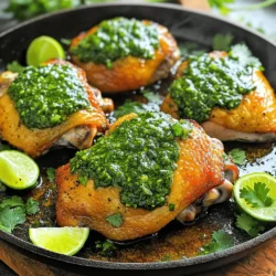 To make Chimichurri Chicken Thighs, gather these ingredients: - 4 chicken thighs (skin-on for crispiness or skinless for lightness) - 1 cup fresh parsley, finely chopped - 1/2 cup fresh cilantro, finely chopped - 4 cloves garlic, minced - 1/4 cup high-quality olive oil - 2 tablespoons red wine vinegar or apple cider vinegar - 1 teaspoon red pepper flakes - 1 teaspoon smoked paprika - Salt and freshly cracked black pepper, to taste - Juice of 1 fresh lime When picking chicken thighs, freshness matters. Look for thighs that appear pink and moist. Avoid any that seem dull or off-color. The skin should be tight, not loose. If you prefer skin-on, check for crispy skin. For skinless thighs, choose ones that feel firm. Sourcing local or free-range chicken can enhance flavor and nutrition. You can easily adjust this recipe for dietary needs. If you want a lower-fat option, use skinless thighs. For a vegetarian version, substitute chicken with firm tofu or portobello mushrooms. If you're sensitive to gluten, ensure your vinegar is gluten-free. Adjust the red pepper flakes to make the dish milder or skip them for a no-heat option. You can also swap out the herbs. Use basil or oregano instead of parsley and cilantro if desired. For the full recipe, check out the detailed instructions and cooking tips. To start, gather your ingredients for the chimichurri sauce. In a bowl, mix: - 1 cup fresh parsley, finely chopped - 1/2 cup fresh cilantro, finely chopped - 4 cloves garlic, minced - 1/4 cup high-quality olive oil - 2 tablespoons red wine vinegar (or apple cider vinegar) - 1 teaspoon red pepper flakes - 1 teaspoon smoked paprika - Salt and freshly cracked black pepper, to taste - Juice of 1 fresh lime Whisk everything together until it looks good. Set aside a quarter of the sauce to drizzle on the chicken later. First, dry the chicken thighs with paper towels. This helps them get crispy. Season both sides with salt and pepper. Heat a small drizzle of olive oil in a large skillet over medium heat. Add the chicken thighs, skin-side down if you chose skin-on. Sear them for about 6-7 minutes until they turn golden brown. Carefully flip the thighs and pour half of the chimichurri sauce over them. Cover the skillet with a lid. Let them cook for another 10-12 minutes until the internal temperature hits 165°F (75°C). This ensures the chicken is cooked well and juicy. Once the chicken is done, take the skillet off the heat. Let the chicken rest for about 5 minutes. This resting time makes the meat juicy. Just before serving, drizzle the reserved chimichurri sauce on top. This adds a fresh burst of flavor to your dish. You can serve the chicken on a colorful plate with lime wedges and extra herbs for a beautiful look. To get a great sear on chicken thighs, start with dry meat. Pat them with paper towels. This helps the skin get crispy. Heat your skillet on medium heat. Add a little olive oil. When the oil shimmers, it’s time to add the thighs. If you use skin-on thighs, place them skin-side down. Let them cook undisturbed for 6-7 minutes. This gives them a nice golden crust. Flip them carefully to avoid splatter. Chimichurri can be simple or bold. Start with the basics: parsley and cilantro. If you want more flavor, add more garlic. Enjoy a spicy kick? Toss in extra red pepper flakes. Prefer a milder sauce? Skip the heat altogether. The vinegar adds tang, but you can swap it out. Try lime juice for a different twist. Each change will create a unique taste for your chicken thighs. Chimichurri chicken thighs shine on their own but pair well with sides. Try them with rice or grilled veggies for a colorful plate. A simple salad adds freshness. You can also serve them with crusty bread. This helps soak up the chimichurri sauce. For a fun twist, add chips and salsa on the side. Everyone loves a good dipping option! For more cooking ideas, check out the Full Recipe. {{image_4}} Grilling chicken thighs gives them a smoky flavor. Start by marinating the thighs in the chimichurri sauce for at least 30 minutes. This adds flavor and tenderizes the meat. Preheat your grill to medium-high heat. Place the chicken on the grill and cook for about 6-8 minutes per side. Make sure the internal temperature hits 165°F (75°C). Serve with extra chimichurri sauce on the side for dipping. You can change the flavor by using different herbs or spices. Try adding basil or oregano for a new twist. Fresh thyme or dill can also make a unique mix. If you want more heat, use cayenne pepper instead of red pepper flakes. Don’t be afraid to experiment! The goal is to find a mix that makes your taste buds dance. You can cook the chicken thighs in an oven or skillet. If you choose the oven, preheat it to 400°F (200°C). Place the seasoned thighs on a baking sheet and bake for 25-30 minutes. The chicken will be juicy and flavorful. Cooking in a skillet gives a nice sear. Both methods work well, so pick what you prefer. Each method brings out the chimichurri's bright flavors in its own way. For the full recipe, check out the detailed instructions above. To keep your leftover chimichurri chicken thighs fresh, store them in an airtight container. Make sure the chicken cools down fully before sealing. Place the container in the fridge. It will last for about three to four days. If you want to keep it longer, consider freezing. Reheating chicken thighs can be tricky. To avoid dryness, use a skillet or oven. If using a skillet, add a splash of water or broth. Heat over low heat, covering with a lid. This keeps moisture in. For oven reheating, wrap the chicken in foil. Bake at 350°F (175°C) for about 15-20 minutes. Check the internal temperature to ensure it reaches 165°F (75°C) again. Freezing chimichurri sauce is easy and smart. Pour the sauce into ice cube trays. Once frozen, pop them out and store in a freezer bag. This method helps you use just what you need later. The sauce keeps well for up to three months in the freezer. When ready to use, thaw in the fridge overnight or in warm water. Chimichurri is a vibrant sauce from Argentina. It blends fresh herbs, garlic, and oil. Many people use it with grilled meats. The mix of parsley and cilantro gives it a bright green look. This sauce brings a zesty kick to any dish. You can find it in many South American kitchens. It is perfect for adding flavor to plain chicken thighs. Yes, you can make chimichurri sauce ahead of time. It tastes even better after sitting for a few hours. Just store it in the fridge in a sealed container. Let it sit for at least 30 minutes to let the flavors blend. This way, you save time on busy days. Chimichurri chicken thighs pair well with many sides. Here are some great options: - Grilled Vegetables: Bell peppers and zucchini add color and crunch. - Rice: Fluffy white or brown rice soaks up the sauce well. - Potatoes: Roasted or mashed potatoes make a filling side. - Salad: A simple green salad with light dressing balances the meal. - Bread: Fresh crusty bread is great for dipping into the chimichurri sauce. These sides complement the juicy chicken perfectly. You can find the full recipe for chimichurri chicken thighs [here](#). Chimichurri chicken thighs are tasty and easy to make. We explored the ingredients, cooking methods, and tips. Choosing good chicken thighs helps with flavor. The chimichurri sauce adds a zesty kick. You can substitute ingredients to fit your diet. Remember to let your chicken rest for the best taste. Try grilling or using different herbs for fun variations. You can store leftovers and reheat them well. With these steps, you're ready to enjoy a delicious meal anytime. Happy cooking!
