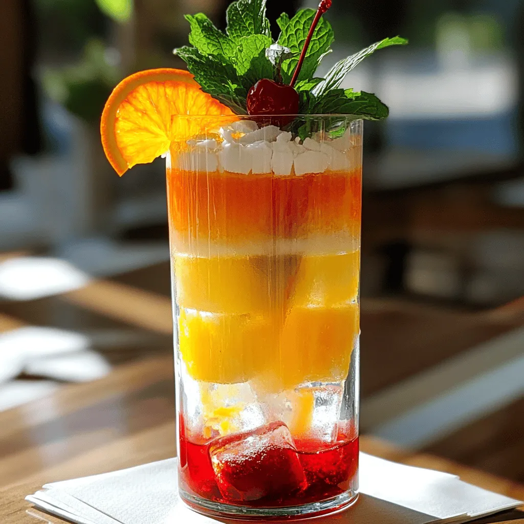 To make the Malibu Sunset Mocktail, you need fresh and tasty ingredients. Here is what you will need: - Freshly Squeezed Pineapple Juice - Rich Coconut Cream - Freshly Squeezed Orange Juice - Vibrant Grenadine Syrup - Ice Cubes - Garnishes: Fresh Orange Slices, Maraschino Cherries, Fresh Mint Leaves Each ingredient plays a key role in creating the perfect drink. Freshly squeezed juices give a bright flavor. Rich coconut cream adds creaminess and a tropical touch. Vibrant grenadine syrup brings sweetness and a stunning sunset look. Using the best ingredients makes your drink shine. As you gather them, think about how they blend together. The colors and flavors will create a refreshing summer delight. For the full recipe, check the detailed steps that follow. Enjoy crafting this beautiful drink! Making a Malibu Sunset Mocktail is fun and easy. You will blend juices and cream, layer them, and add grenadine. This creates a beautiful drink that looks like a sunset. Gather your ingredients and let’s get started! - Blending the Base Mixture Start by adding 1 cup of freshly squeezed pineapple juice and 1/2 cup of rich coconut cream into a blender. Blend on high speed until the mix is smooth and creamy. This will be the base of your mocktail. - Layering the Drinks for Effect Pour 1/2 cup of freshly squeezed orange juice into a tall glass. Let it settle at the bottom. Next, take the blended mixture and slowly spoon it over the back of a spoon. This helps keep the layers separate and creates a stunning visual. - Adding the Grenadine for Sunset Effect Now, it’s time for the magic touch! Drizzle 1/4 cup of vibrant grenadine syrup into the glass. Watch it sink and create a lovely gradient that mimics a sunset. This is what makes your drink truly special. For a refreshing finish, add ice cubes to the glass. Then, garnish with a slice of fresh orange, a maraschino cherry, and some mint leaves. These details make your mocktail not only tasty but also a feast for the eyes. Check out the Full Recipe for more detailed instructions! For a stunning Malibu Sunset Mocktail, presentation matters. Start by using tall, clear glasses. This way, everyone can see those lovely layers. A colorful straw adds a fun touch. You can also use a small cocktail umbrella for a tropical vibe. Garnish your drink with a slice of fresh orange and a maraschino cherry. Add some mint leaves for a pop of color and freshness. This makes your drink look amazing and taste even better! You can prepare some ingredients ahead of time. Squeeze your pineapple and orange juices the day before. Store them in the fridge for quick use. You can also mix the coconut cream with pineapple juice ahead of time. Just blend and store. This saves time when you want to enjoy the mocktail. Keep grenadine separate until you are ready to serve. This helps keep that beautiful sunset effect. Quality ingredients make a big difference. Always use fresh juices for the best taste. Bottled juices can be okay, but they often lack flavor. Choose rich coconut cream for a creamy texture. Look for brands that use real coconut. This adds depth to your drink. Fresh fruits and herbs are key, too. They enhance the taste and give your mocktail a vibrant look. Enjoy the process of making it, and your Malibu Sunset Mocktail will shine! {{image_4}} You can change up the Malibu Sunset Mocktail by using different fruit juices. Instead of pineapple juice, try mango or passion fruit. These fruits add a sweet and tropical twist. For a tart flavor, use cranberry juice or pomegranate juice. Each juice gives a unique taste and look to your drink. If you want a vegan or non-dairy option, focus on the coconut cream. Many brands offer coconut cream that is dairy-free. You can also use almond milk or oat milk for a lighter drink. Just make sure to adjust the amount to keep the same creamy texture. Want to turn your mocktail into a cocktail? It's simple! Just add a splash of rum or vodka. For a tropical touch, go for coconut rum. This addition enhances the flavors and gives it a fun kick. Just remember to adjust the other ingredients to balance the taste. For more on how to mix these variations, check out the Full Recipe. Pineapple juice and coconut cream can spoil quickly. For best results, store them in the fridge. Keep pineapple juice in a tight container. It lasts up to five days. Coconut cream should also go in an airtight jar. It can stay fresh for about a week. If you notice any changes in smell or color, toss them out. To keep your Malibu Sunset Mocktail fresh, store it in the fridge. Use a covered pitcher to keep it sealed. This helps prevent the flavors from fading. Drink it within 24 hours for the best taste. If the mocktail separates, stir it gently before serving. Can you freeze components? Yes, you can freeze some ingredients! Pineapple juice works well in ice cube trays. Just pour the juice in and freeze it. Coconut cream can also freeze well. Pour it into a freezer-safe bag and flatten it. When ready to use, thaw it in the fridge overnight. However, avoid freezing the whole mocktail, as it may lose its texture. A Malibu Sunset Mocktail is a fun, fruity drink. It combines tropical flavors with vibrant colors. The main ingredients are pineapple juice, coconut cream, and orange juice. Grenadine syrup gives it a lovely sunset look. This drink is alcohol-free, so everyone can enjoy it. Yes, you can use store-bought juices. They work well if you're short on time. Just pick high-quality options for the best taste. Fresh juice does add a special touch, but store-bought is still tasty. To reduce sweetness, cut back on the grenadine syrup. You can also add more citrus juice, like lime or lemon. This adds a tangy flavor that balances sweetness. Another idea is to use unsweetened coconut cream. This mocktail is perfect for summer parties or barbecues. It's refreshing and looks great on a table. Serve it at birthday parties or family gatherings. It’s also a fun drink for kids and non-drinkers at adult events. This post covered how to make a delicious Malibu Sunset Mocktail. We explored fresh ingredients, detailed steps for preparation, and garnishing tips. I shared variations to suit different tastes and dietary needs. Storing leftovers was addressed, ensuring you maximize freshness. In conclusion, the Malibu Sunset is perfect for any gathering or relaxing day. Enjoy crafting this drink and impressing your friends with your skills!