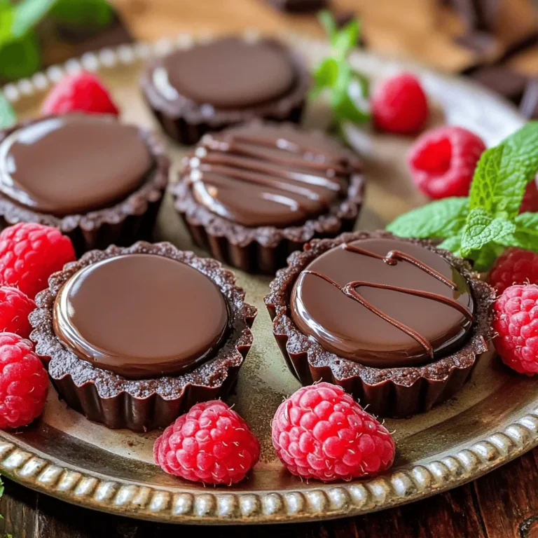 To create the perfect mini chocolate tarts, gather the following ingredients: - 1 ½ cups all-purpose flour - ½ cup unsweetened cocoa powder - ½ cup powdered sugar - ½ cup unsalted butter, cold and diced into small cubes - 1 large egg yolk - 3 tablespoons ice water - 1 cup dark chocolate chips - 1 cup heavy cream - 1 tablespoon vanilla extract - Pinch of salt - Fresh raspberries for garnish - Fresh mint leaves for garnish These simple ingredients come together to form a rich and creamy dessert. Each element plays a key role in the final taste and texture. The all-purpose flour and cocoa powder create a sturdy yet tender crust. The butter ensures a flaky and rich base. The dark chocolate chips and heavy cream form a silky ganache that melts in your mouth. When you gather your ingredients, make sure to use high-quality chocolate. This choice will elevate your tarts to a whole new level. If you want to impress your guests or family, use fresh raspberries and mint leaves for garnish. They add a pop of color and a refreshing taste that balances the richness of the chocolate. If you follow the full recipe, you will find it easy to make these delightful treats at home. Enjoy the process and let your creativity shine! - Preparing the crumb mixture: Start by placing the all-purpose flour, cocoa powder, and powdered sugar in a food processor. Pulse until the mix is fine. This creates a rich base for your tarts. - Forming the dough: Next, add the cold, diced butter to the crumb mix. Pulse again until it looks like coarse crumbs. Then, add the egg yolk and ice water. Pulse until the dough starts to come together. If it feels too dry, add more ice water, a teaspoon at a time. - Chilling in the refrigerator: Take the dough and shape it into a disk. Wrap it tightly in plastic wrap. Chill it in the fridge for at least 30 minutes. This step helps the dough firm up. - Preheating the oven: While the dough chills, preheat your oven to 350°F (175°C). This ensures your tarts bake evenly. - Rolling out and shaping the tart shells: After chilling, roll out the dough on a floured surface to about 1/8 inch thick. Cut out circles that fit your mini tart pan or molds. Press the dough circles into the molds firmly. Use a fork to prick the bottoms, preventing puffing. - Heating the cream: In a medium saucepan, heat the heavy cream over medium heat. Watch for it to simmer, then take it off the heat. - Mixing with chocolate and flavorings: Stir in the dark chocolate chips, vanilla extract, and a pinch of salt. Let it sit for one minute before mixing until smooth. This creates a rich, creamy ganache. - Filling the shells with ganache: Carefully pour the ganache into the cooled tart shells. Fill each one about ¾ full for a perfect balance. - Chilling to set: Place the filled tarts in the fridge for at least one hour. This helps the ganache set nicely, making your tarts firm and ready to serve. Make sure to check the Full Recipe for more details. Enjoy creating these delightful mini chocolate tarts! - Ensuring perfect tart shells: Start with cold butter. This helps create a nice flaky texture. Don’t overwork the dough. Mix just enough to combine. Chill your dough well. This makes it easier to roll out. - Avoiding soggy bottoms: Prick the bottom of each shell with a fork. This allows steam to escape during baking. You can also use pie weights or dried beans for a crispier crust. Bake until the edges are firm but not browned. - Artful plating: Use a nice platter to show off your tarts. Place them in a neat row or a circle. This makes a great visual impact. Drizzle some extra ganache on the plate for flair. - Garnishing suggestions: Fresh raspberries and mint leaves add color and flavor. You can also sprinkle cocoa powder for a touch of elegance. A dusting of powdered sugar can give a sweet look. - What to avoid while making chocolate tarts: Don’t skip chilling the dough. This step is key for a perfect crust. Avoid using warm ganache; it can make the crust soggy. Lastly, don’t rush the setting time. Chilling is vital for the tarts to hold their shape. These tips ensure you create the perfect mini chocolate tarts. For more details, check the Full Recipe. Enjoy your baking! {{image_4}} You can add fun twists to your mini chocolate tarts. Here are a couple of great ideas: - Fruit-infused ganache: You can mix in pureed fruits. Raspberries, oranges, or even espresso create exciting flavors. Start by heating your cream with the fruit puree, then add chocolate chips. The result is a luscious and fruity filling. - Nut-based variations: Swap in nut butters or chopped nuts for a rich taste. Almond or hazelnut spreads add creamy texture. You can also fold in crushed nuts like pecans or walnuts. This gives your tarts a delightful crunch. Toppings can make your mini chocolate tarts even more special. Here are some options: - Alternative toppings and textures: Try whipped cream, chocolate shavings, or crushed cookies. Each adds a unique layer of flavor and texture. Consider sprinkling sea salt on top for a sweet-salty combo. - Seasonal flavor combinations: Use seasonal fruits to keep it fresh. Top with strawberries in spring, peaches in summer, or pumpkin in fall. These add color and brightness to your tarts. For the full recipe, check the detailed steps to create these delightful treats! To keep your mini chocolate tarts fresh, store them in the refrigerator. First, place them in an airtight container. This will stop them from drying out or picking up other smells. You can stack them carefully, but use parchment paper between layers if needed. For longer storage, you can freeze the tarts. Wrap each tart tightly in plastic wrap. Then, place them in a freezer-safe bag or container. This helps prevent freezer burn. When you’re ready to enjoy them, thaw them in the fridge overnight. Mini chocolate tarts can last about 3-4 days in the fridge. If you freeze them, they can stay good for about 2-3 months. Just remember to check for any changes in texture or taste before serving. Enjoy your delicious dessert with confidence! For the complete process, refer to the Full Recipe. You start by making the tart crust. Mix all-purpose flour, cocoa powder, and powdered sugar. Then, add cold diced butter, pulsing until it’s crumbly. Next, add an egg yolk and ice water. Pulse again until the dough comes together. Chill this dough for 30 minutes. After chilling, roll it out, cut rounds, and press them into tart molds. Bake until firm, then cool completely. For the ganache, heat heavy cream until it simmers. Stir in dark chocolate chips and vanilla until smooth. Fill the cooled tart shells and chill until set. For the full recipe, click [here](#Full Recipe). Yes, you can! Dark chocolate works best for a rich flavor, but you can try milk or white chocolate. Just remember, milk chocolate will make the ganache sweeter. Adjust the sugar in your crust if needed. Each type of chocolate gives a unique taste and texture to your tarts. Fresh raspberries and mint leaves make great garnishes. They add color and flavor. You can also drizzle melted chocolate on top. For a twist, try adding crushed nuts or edible flowers. These little touches make your tarts look fancy and inviting! To keep your tarts balanced, use dark chocolate for the ganache. It has less sugar and a deeper flavor. You can also reduce the powdered sugar in the crust. Taste the ganache before filling the tarts. Adjust the sweetness to your liking by adding a pinch of salt or a splash of espresso. Yes! You can replace all-purpose flour with a gluten-free flour blend. Almond flour works well too. Just make sure to check that your cocoa powder and chocolate are gluten-free. These swaps keep the crust delicious while making it safe for those with gluten sensitivities. You learned how to make mini chocolate tarts from scratch. We covered every step, from creating the tart crust to making rich ganache. You discovered tips for perfect results and how to present your tarts beautifully. You can try different fillings and toppings to mix things up. Remember to store your tarts right to keep them fresh. These sweet treats are perfect for any occasion. Enjoy making and sharing them!
