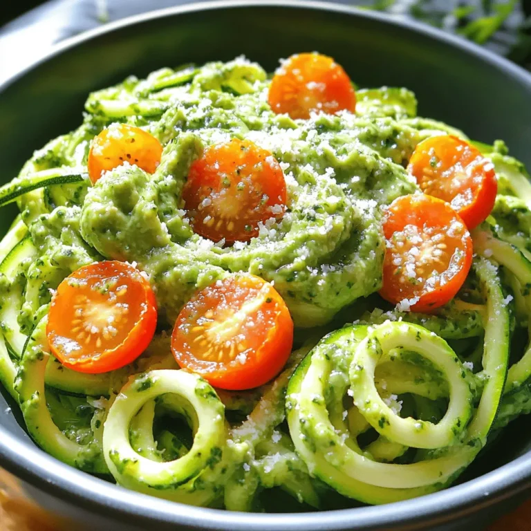 To make my zesty zucchini noodles with avocado pesto, gather these fresh ingredients: - 4 medium zucchinis - 1 ripe avocado - 1 cup fresh basil leaves (packed) - 1/4 cup pine nuts (or walnuts) - 2 tablespoons freshly squeezed lemon juice - 2 tablespoons extra virgin olive oil - 1 garlic clove, finely minced - Sea salt and freshly cracked black pepper to taste - Handful of cherry tomatoes, halved (for garnish) - Optional: Grated Parmesan cheese for serving These ingredients come together to create a dish that is both fresh and tasty. Zucchini noodles offer a light base for the rich and creamy avocado pesto. You can easily find these ingredients at your local grocery store or farmer's market. The vibrant colors and flavors will make your meal a delight. I love how simple yet satisfying this recipe is. You can enjoy it as a quick lunch or a light dinner. Don't forget to check out the Full Recipe for complete details! To make zucchini noodles, start by using a spiralizer. It’s simple and quick. Just hold the zucchini and twist it against the blade. You can create long strands that look like spaghetti. No spiralizer? Don’t fret! A vegetable peeler works too. Just peel thin strips from the zucchini. You can cut them into noodle-like shapes with a knife. Next, you need to cook the noodles. Fill a large pot with water. Bring it to a boil. Add a pinch of salt to the water. Then, gently add the zucchini noodles. Blanch them for about 1-2 minutes. You want them tender but still crunchy. Drain the noodles right away and let them cool. This helps keep their texture. Now it’s time for the avocado pesto. Gather your ingredients: - 1 ripe avocado - 1 cup fresh basil leaves - 1/4 cup pine nuts (or walnuts) - 2 tablespoons lemon juice - 2 tablespoons olive oil - 1 garlic clove, minced - Sea salt and black pepper Add all these into a food processor. Blend on high until smooth. This should take about 30 seconds. Taste and adjust the seasoning if you like. In a large bowl, toss the cooled zucchini noodles with the avocado pesto. Make sure every strand gets coated. For even coating, use tongs or your hands. Serve the noodles right away. Garnish with halved cherry tomatoes for color. If you want, add some grated Parmesan cheese on top. Enjoy your zesty zucchini noodles with avocado pesto! For the complete recipe, check [Full Recipe]. To avoid mushy zucchini noodles, follow these tips: - Blanch briefly: Cook them for just 1-2 minutes. This keeps them firm. - Cool quickly: Drain and cool them right away to stop cooking. For flavor enhancement, consider these ideas: - Season the water: Add salt when blanching the noodles for extra taste. - Try garlic powder: Sprinkle some onto the noodles for a savory kick. To add depth of flavor to your avocado pesto, try these additions: - Lemon zest: This brightens the taste and adds freshness. - Nutritional yeast: This gives a cheesy flavor without the dairy. Adjusting the creaminess levels is simple: - Add water: If you want a thinner pesto, blend in a little water. - More avocado: For a richer texture, add another ripe avocado. For a creative presentation, try these ideas: - Nest shapes: Twirl the noodles into nests on the plate. - Colorful garnishes: Use halved cherry tomatoes and basil leaves for pops of color. For pairing options, consider these dishes: - Grilled chicken: The protein complements the lightness of the zucchini. - Crusty bread: Serve with a side of bread for a complete meal. For the full recipe, check out the section on ingredients and instructions. {{image_4}} You can change the nuts in your pesto. Pine nuts work well, but walnuts give a nice twist. Try using cashews for a creamier texture. You can also explore using different greens. Spinach offers a mild taste, while arugula adds a peppery kick. Kale is another great option for added nutrients. Mixing zucchini noodles with other vegetables brightens your dish. Consider adding bell peppers for crunch or carrots for sweetness. You can also use broccoli for a hearty touch. Adding protein makes the meal filling. Grilled chicken or shrimp pairs perfectly with the pesto. For a plant-based option, toss in chickpeas or tofu. This recipe shines for many diets. It is naturally gluten-free and vegan if you skip the cheese. For low-carb lovers, zucchini noodles keep the carbs down while being tasty. You can enjoy a great meal without feeling heavy. Adjustments make this meal fit your needs. Follow the [Full Recipe] for guidance on these variations. To keep zucchini noodles fresh, store them in a sealed container. Place a paper towel inside to absorb moisture. This helps prevent sogginess. Use them within 2-3 days for the best taste. For pesto, transfer it to an airtight container. Smooth the top and drizzle a bit of olive oil on it. This keeps the color vibrant and the flavor fresh. Store it in the fridge for up to one week. Can you freeze zucchini noodles? Yes, but they lose some texture. Blanch them first for 1-2 minutes, then cool and drain. Place them in a freezer-safe bag, removing as much air as possible. They can last for about 2-3 months in the freezer. For reheating, avoid the microwave if possible. Instead, warm them in a pan over low heat. Add a splash of olive oil to keep them from drying out. Heat gently until warmed through, not mushy. How long do prepared ingredients last? Zucchini noodles last about 3 days in the fridge. Pesto can last up to a week if stored correctly. Signs of spoilage include a sour smell or discoloration. If the noodles feel slimy or the pesto has dark patches, it’s best to discard them. Always trust your senses! Zucchini noodles, or "zoodles," are thin strips made from zucchini. They are a great low-carb substitute for pasta. Zoodles are rich in vitamins and minerals, such as vitamin C and potassium. They also provide fiber, which aids digestion. Using zucchini noodles in your meals helps cut carbs and adds nutrients. You can enjoy them raw or cooked, making them very versatile. Yes, you can! A vegetable peeler is a simple tool for this. Just peel long strips off the zucchini to create flat noodles. You can also use a box grater to create thin strands. If you want a different shape, try a knife to cut the zucchini into thin strips. These methods work well and do not require special tools. To store avocado pesto, place it in an airtight container. Cover the surface with plastic wrap to prevent air exposure. This helps keep the vibrant green color and fresh taste. You can store it in the fridge for up to three days. If you want to keep it longer, consider freezing it in ice cube trays. Just thaw it later when you are ready to use it. Serve zucchini noodles in a large bowl or plate. Toss them with the creamy avocado pesto until they are well coated. For a nice touch, add halved cherry tomatoes on top for color and taste. You can also sprinkle grated Parmesan cheese for extra flavor. For a fun presentation, try to shape the noodles into nests on the plate. Yes, zucchini noodles are low in carbs. A cup of cooked zoodles has about 2 grams of carbs. In contrast, a cup of regular pasta has around 40 grams of carbs. This makes zucchini noodles a smart choice for low-carb diets. They can help you enjoy your favorite pasta dishes without the extra carbs. You now have all the tools to make delicious zucchini noodles with avocado pesto. Start by spiralizing your zucchinis and creating that creamy pesto. Combine them for a tasty dish that’s healthy and fun to eat. Experiment with different nuts, greens, and add-ins to suit your taste. Remember, you can store leftovers properly to enjoy later. Keep exploring new variations to keep your meals exciting. Enjoy your cooking!