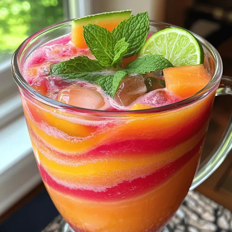 - 4 cups ripe watermelon, cubed and seeds removed - 2 cups cantaloupe, cubed - 1 cup fresh mint leaves, loosely packed - 3 tablespoons freshly squeezed lime juice - 4 cups cold water - 2-4 tablespoons agave syrup or honey - A pinch of salt To make the best Minted Melon Agua Fresca, you need fresh, ripe fruits. Look for melons that feel heavy for their size. Their scent should be sweet and fragrant. Fresh mint leaves should be green and vibrant. Avoid any brown or wilted leaves for the best flavor. Lime juice adds a nice zing. Freshly squeezed lime juice is best. It enhances the drink's taste and freshness. For sweetness, you can use agave syrup or honey. Start with a small amount, then taste as you go. Adjust it to fit your taste. This drink is not just refreshing; it’s also healthy. The fruits provide hydration and vitamins. It’s perfect for hot days or gatherings with friends. You can find the [Full Recipe] above for specific measurements and steps. Enjoy making this delightful drink! - Step 1: Blend the fruits and mint Start by adding the cubed watermelon, cantaloupe, fresh mint leaves, lime juice, and a pinch of salt into your blender. Blend on high for about 1-2 minutes until smooth. This step creates a vibrant mix of flavors. - Step 2: Strain for a smooth texture (optional) If you want a silky drink, strain the blended mixture through a fine mesh sieve or cheesecloth. This will remove any pulp. If you like some texture, feel free to skip this step. - Step 3: Mix in cold water Pour 4 cups of cold water into your pitcher. Stir the mixture well to ensure everything combines nicely. This will help balance the sweetness and make it more refreshing. - Step 4: Adjust sweetness with agave syrup or honey Taste the agua fresca. If you want it sweeter, add agave syrup or honey, one tablespoon at a time. Stir well after each addition. Keep tasting until you hit your perfect sweetness level. - Step 5: Chill before serving For the best experience, chill the agua fresca in the fridge for at least one hour. This allows the flavors to meld. If you're in a hurry, serve it immediately over ice for instant refreshment. This recipe is perfect for warm days. Enjoy it as a thirst-quencher or a fun party drink. For the full recipe, check out the details above. - Choosing the right melon: Pick ripe melons for the best flavor. Look for a sweet smell and a firm feel. The skin should have a slight sheen and be free of bruises. Watermelon should be heavy for its size. Cantaloupe should have a golden spot where it sat on the ground. - Importance of freshness in mint and lime juice: Use fresh mint leaves. They should be bright green and fragrant. Fresh lime juice brings a zesty taste. Avoid bottled lime juice, as it lacks the freshness you need. - Adjusting sweetness to personal taste: Start with two tablespoons of agave syrup or honey. Mix well, then taste. Add more if you like it sweeter. You control how sweet your drink is, so make it just right for you! - Ideas for garnishing your drink: Add fresh mint leaves on top. A slice of lime can brighten your drink. These garnishes make your drink look fancy and inviting. - Glassware recommendations: Serve in tall glasses or mason jars. These options keep your drink cool and show off its pretty colors. Clear glass lets you see the vibrant hues of your agua fresca. - Pairing foods with Minted Melon Agua Fresca: This drink goes well with light snacks. Try it with fresh fruit, tacos, or salad. The coolness of the drink balances spicier foods. Enjoy it at picnics or summer parties for a refreshing treat! For the full recipe, check out the detailed steps to create this delightful drink! {{image_4}} You can make your Minted Melon Agua Fresca even better. Try adding other fruits like honeydew or strawberries. These fruits bring unique flavors and colors to your drink. You can mix and match, so get creative! Infusing herbs like basil or cilantro adds a fresh twist. Just blend them with the fruits for a new take. Each bite will surprise your taste buds! If you want a fun twist, turn your agua fresca into a cocktail. It’s easy to make! Just add a splash of vodka or rum to your glass. These spirits mix well and keep the drink light. You can adjust the amount to fit your taste. Enjoy it at a summer party or a cozy night in. Your Minted Melon Agua Fresca will be a hit! For the full recipe, check out the steps above. To keep leftover agua fresca fresh, store it in a clean glass pitcher. Always cover it with a lid or plastic wrap. This prevents it from absorbing other flavors in your fridge. If you have added ice, remove it first. Ice can dilute the drink and make it watery. You can keep agua fresca in the fridge for about 3 days. After that, it may lose its flavor and freshness. Always give it a quick stir before serving again. This helps mix any settled ingredients. Yes, you can freeze agua fresca! Pour it into ice cube trays or freezer-safe containers. Leave some space at the top, as liquids expand when frozen. This method is great for a hot day when you want a quick chill. To thaw, place the frozen agua fresca in the fridge overnight. If you need it fast, run the container under warm water. Once thawed, stir it well to mix everything back together. Use it in smoothies or as a refreshing slush. What is Agua Fresca? Agua fresca means "fresh water" in Spanish. It is a light drink made from fruits, water, and sugar. This drink is popular in Mexico and Latin America. It is refreshing, especially on hot days. Is Minted Melon Agua Fresca healthy? Yes, minted melon agua fresca is healthy! It is full of vitamins from fruits. Watermelon and cantaloupe keep you hydrated. Mint adds flavor without extra calories. You can adjust the sweetness too. Use less sugar or none at all. Can I make this recipe ahead of time? Absolutely! You can make it a day ahead. Just store it in the fridge. The flavors will mix well overnight. Just remember to stir before serving. How to adjust the recipe for larger servings? To make more servings, double or triple the ingredients. Use 8 cups of watermelon and 4 cups of cantaloupe. Adjust the lime juice and mint too. Keep the cold water in the same ratio. What other flavors pair well with mint and melon? You can mix mint and melon with other fruits. Try adding berries, like strawberries or blueberries. Pineapple and lime also work well. Each fruit brings a new twist to the drink. You can be creative! Check out the Full Recipe for ideas. Minted Melon Agua Fresca is a refreshing drink you can easily make. We covered its ingredients, simple steps, and variations to fit any taste. Fresh fruits and herbs create a delightful flavor that’s hard to resist. You can serve it chill or enhance it with your favorite spirits. Remember to store leftovers properly and enjoy them later. This drink not only quenches your thirst but also brings joy to any gathering. Try it today and savor the cool, fruity goodness!