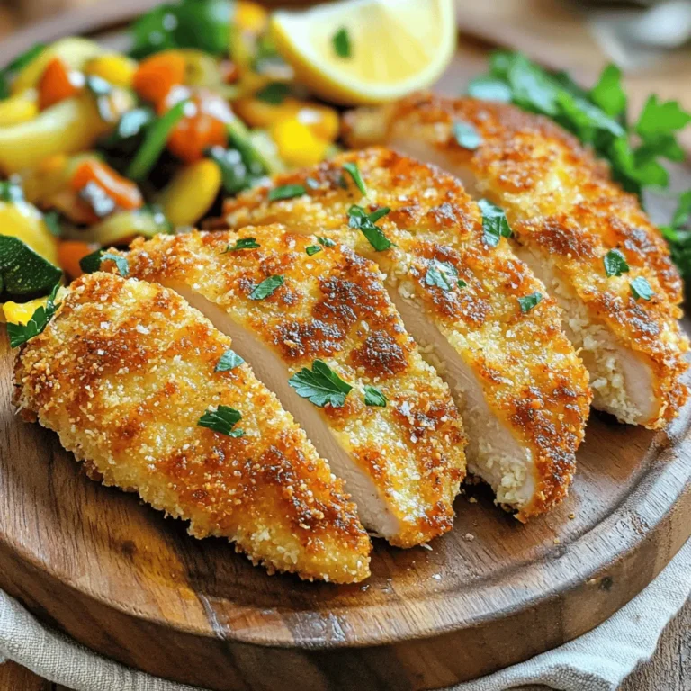 - 4 boneless, skinless chicken breasts - 1 cup grated Parmesan cheese - 1 cup breadcrumbs (preferably panko) - 2 large eggs - 1 teaspoon garlic powder - 1 teaspoon onion powder - 1 teaspoon dried Italian herbs - Salt and freshly ground black pepper - ½ cup all-purpose flour - Cooking spray or extra virgin olive oil This Crispy Parmesan Crusted Chicken recipe needs simple and fresh ingredients. The chicken breasts are the star. They are juicy and tender. The Parmesan cheese gives a rich flavor. Breadcrumbs add a crunchy texture. I love using panko because it makes the crust extra crispy. You will also need eggs to help the breadcrumbs stick. Garlic and onion powders add depth to the flavor. Italian herbs bring a taste of the Mediterranean. Don't forget salt and pepper. They help to enhance all the flavors. Lastly, all-purpose flour helps create a great base for the crust. Use cooking spray or olive oil to keep everything from sticking. This mix of ingredients makes for a delicious dinner. You will enjoy every bite. For the full recipe, check out the detailed steps. - Preheat oven to 400°F (200°C). - Line baking sheet with parchment paper and grease. Start by getting your oven ready. Preheating ensures even cooking. Next, take a baking sheet and line it with parchment paper. This helps with easy cleanup and prevents sticking. Just a light spray of cooking oil or a drizzle of olive oil will help the chicken crisp up nicely. - Mix flour with salt and pepper. - Whisk eggs until well beaten. - Combine Parmesan, breadcrumbs, garlic powder, onion powder, and Italian herbs. Now, let’s set up your dredging stations. In a shallow bowl, mix the flour with salt and pepper. This adds flavor to the chicken. In another bowl, whisk your eggs until they look smooth and well mixed. Lastly, in a third bowl, combine the grated Parmesan, breadcrumbs, garlic powder, onion powder, and Italian herbs. This mixture creates a tasty crust. - Pat chicken breasts dry. - Dredge in seasoned flour, then dip in eggs, and finally coat with breadcrumb mixture. - Transfer coated chicken to prepared baking sheet. It’s time to coat your chicken! First, pat the chicken breasts dry with a paper towel. This helps the coating stick better. Next, dredge each piece of chicken in the flour mixture. Shake off any extra flour. Dip the floured chicken into the eggs, ensuring it is fully coated. Finally, press the chicken into the breadcrumb mixture, covering both sides. Place the coated chicken on your prepared baking sheet. - Bake for 25-30 minutes and check internal temperature. - Use broiler for extra crunch if desired. Place the baking sheet in the oven. Bake for 25 to 30 minutes. You want the chicken to be golden brown and cooked through. Check the internal temperature; it should reach 165°F (75°C). If you want extra crunch, turn on the broiler for the last few minutes. Keep a close watch so it doesn’t burn. Enjoy the crispy Parmesan crust! You can find the full recipe in the article. For the best crust, use panko breadcrumbs. Panko gives a light, crunchy texture. Regular breadcrumbs work too, but they won't be as crisp. Before you coat the chicken, make sure to dry each breast well. This step helps the coating stick better and keeps the chicken juicy. Want to boost the flavor? Try adding paprika or cayenne pepper for a spice kick. You can also mix in fresh herbs like thyme or parsley. Taste as you go. Adjust the salt and pepper to your liking. Cooking should be fun and tailored to your taste! You can cook Crispy Parmesan Crusted Chicken in different ways. Air frying is a great option for a healthier twist. It gives you a crisp crust with less oil. If you prefer pan-searing, use a hot skillet with olive oil. Just remember to adjust the cook time. Thicker chicken breasts need a bit longer to cook through. Always check for an internal temperature of 165°F (75°C) to ensure it's safe to eat. For the full recipe, check out the section above. {{image_4}} You can easily change up the flavor of your crispy Parmesan crusted chicken. Adding fresh herbs like parsley or rosemary gives it a nice touch. You can also try mixing in different cheeses. Cheddar or mozzarella can add a unique taste. Experimenting with flavors can keep your meals exciting! Pair your chicken with great sides. A fresh salad or roasted vegetables works well. You might also enjoy grains like rice or quinoa. For a dip, try aioli or marinara sauce. These add extra flavor and make your meal more fun! If you need gluten-free options, use gluten-free breadcrumbs. They still provide crunch and flavor. You can also swap out the all-purpose flour for a gluten-free blend. This way, everyone can enjoy this tasty dish! For the complete details on how to make this dish, check out the Full Recipe. To keep your leftover Crispy Parmesan Crusted Chicken tasty, refrigerate it quickly. Place the chicken in an airtight container. Make sure to wrap it tightly with plastic wrap or foil if you don’t have a container. This helps keep moisture in and prevents the chicken from drying out. Store it in the fridge for up to three days. When it's time to eat your leftovers, you want them crispy again. The best way is to use the oven. Preheat your oven to 375°F (190°C). Place the chicken on a baking sheet. Bake for about 15-20 minutes until it's hot and crispy. If you want to save time, you can use an air fryer. Cook it at 350°F (175°C) for about 8-10 minutes. This method helps keep that crunchy texture. Yes, you can freeze Crispy Parmesan Crusted Chicken! To do this, let the chicken cool completely. Wrap each piece in plastic wrap, then place them in a freezer-safe bag. Squeeze out all the air to avoid freezer burn. You can freeze it for up to three months. When you're ready to eat it, thaw the chicken in the fridge overnight. Reheat it in the oven to bring back the crunch. Enjoy your delicious meal later! For the full recipe, check out the earlier section. To keep your crust crispy, bake the chicken on a rack. This allows hot air to circulate around the chicken. You can also avoid covering the chicken while it bakes. If you have leftovers, store them in a container without a lid. This prevents moisture buildup. Yes, you can use frozen chicken breasts. Thaw them in the fridge overnight for best results. If you’re short on time, use the microwave’s defrost setting. Just make sure the chicken is fully thawed before coating it. Adjust cooking time as needed, adding a few extra minutes for thicker pieces. This chicken pairs well with many sides. Try a fresh garden salad with a light vinaigrette. Roasted vegetables add color and flavor. Mashed potatoes or risotto are comforting choices too. You can also serve it with pasta and a simple marinara sauce for a heartier meal. Check the internal temperature with a meat thermometer. The chicken should reach 165°F (75°C) to be safe. Look for clear juices when you cut into it. The meat should also be firm and no longer pink inside. You can mix up the flavors easily. Try adding smoked paprika for a smoky taste. Cayenne pepper gives a nice kick. Fresh herbs like rosemary or thyme can also add a lovely aroma. Feel free to experiment with spices to find your favorite blend. Yes! This recipe is simple to scale. If you need fewer servings, just halve the ingredients. For more, double everything. Keep in mind that cooking time may vary with thicker or thinner pieces of chicken. Always check the internal temperature to ensure it's fully cooked. This blog post walked you through making crispy Parmesan crusted chicken, from ingredients to cooking methods. You learned how to coat the chicken for that perfect crunch. We also discussed ways to enhance flavors and storage tips for leftovers. Remember, you can customize the recipe to fit your taste. Try different cheeses or herbs for a fun twist. Enjoy your cooking, and share your results!