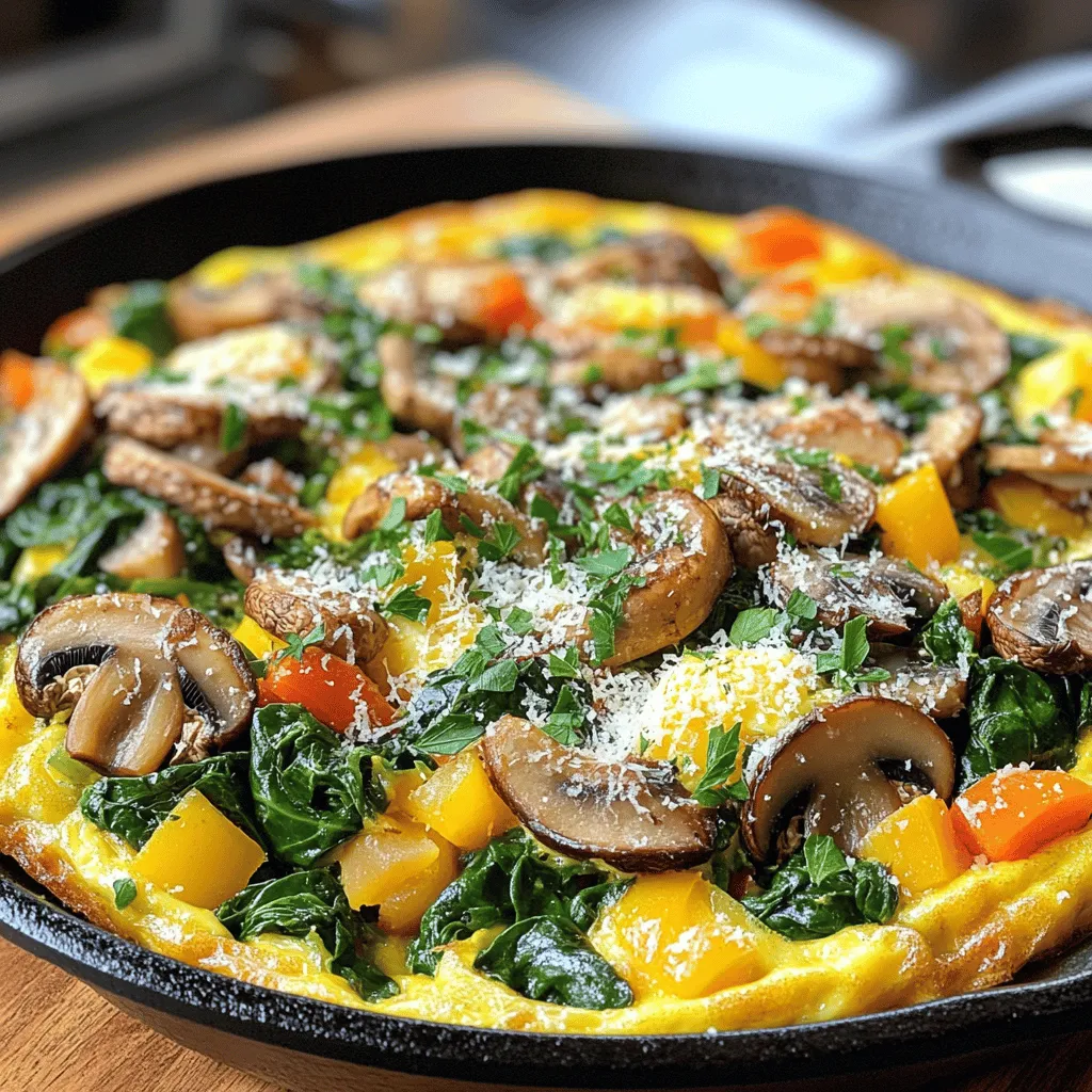 - 6 large eggs - 1 cup fresh spinach, finely chopped - 1 cup mushrooms, sliced - 1/2 cup onion, diced - 1/2 cup bell pepper, diced - 1/4 cup grated Parmesan cheese - 1/4 cup milk - 2 tablespoons olive oil - Salt and pepper to taste - Fresh herbs for garnish The main ingredients for this frittata are simple yet packed with flavor. The eggs form a rich base. Spinach adds color and nutrients. Mushrooms give an earthy taste. Onions and bell peppers bring sweetness and crunch. Parmesan cheese enhances the dish with a salty kick. Olive oil helps cook the veggies. Salt and pepper are key for taste. Finally, fresh herbs brighten it all up. You can swap spinach for other greens. Kale or Swiss chard works great. Use feta or cheddar instead of Parmesan for different flavors. If you don’t have bell peppers, zucchini or tomatoes are good choices. These swaps let you tailor the frittata to your taste. Spinach is a superfood full of vitamins A, C, and K. It supports eye health and strong bones. Mushrooms are low in calories and high in fiber. They boost your immune system. Eggs are a great source of protein and energy. They keep you full longer. Fresh herbs not only add flavor but also bring antioxidants. Using these ingredients makes your frittata a healthy choice any time of the day. You can find the full recipe to get started on this delicious dish! First, you need to preheat your oven to 375°F (190°C). This step ensures that the frittata cooks evenly. Next, pick a good skillet. An oven-safe skillet works best. I like using cast iron or non-stick pans for easy release. Start by heating 2 tablespoons of olive oil in your skillet over medium heat. Add 1/2 cup of diced onion and 1/2 cup of diced bell pepper. Cook these for about 5 minutes until they are soft. Then, add 1 cup of sliced mushrooms to the mix. Stir them for 5 more minutes. You want them browned and flavorful. Finally, toss in 1 cup of finely chopped spinach. Cook for 2 minutes until it wilts. Season this veggie mix with salt and pepper to taste. In a bowl, crack 6 large eggs. Whisk them with 1/4 cup of milk and 1/4 cup of grated Parmesan cheese until smooth. Pour this egg mix over your cooked veggies in the skillet. Let it cook on the stovetop for 2-3 minutes until the edges set. Then, transfer the skillet to the oven. Bake for 12-15 minutes. The frittata should puff up and be set in the middle. Once done, let it cool a bit. This makes it easier to slice. You can find the full recipe to follow along. To achieve a fluffy frittata, use fresh eggs. They whip up better, giving more volume. Whisk the eggs well with milk and cheese. This adds air, which helps the frittata rise. Cook on medium heat to avoid burning. Start on the stovetop, then finish in the oven. This method helps cook it evenly. Pair your frittata with a light salad. A side of mixed greens adds freshness. For a fun twist, serve with fruit or toast. Presentation matters too! Slice the frittata into wedges. Place it on a colorful plate. Add a sprig of fresh herbs on top for a pop of color. This makes your dish look inviting and tasty. Avoid overcooking the frittata. It should be set but still moist in the center. Check it before the recommended time. Use an oven-safe skillet; this is key. If you don’t, you risk breaking the frittata or ruining the pan. Follow these tips, and your Mushroom Spinach Frittata will shine. For the full recipe, check the details above. {{image_4}} You can swap out the spinach for other greens. Zucchini adds a nice crunch. Asparagus gives a fresh taste. Using seasonal vegetables brings the best flavor. Try bell peppers or kale for variety. Want to make it heartier? Add bacon or sausage for a savory kick. These meats give a nice texture and flavor. For a vegetarian option, chickpeas are a great choice. They add protein and a bit of creaminess. Spices can take your frittata to the next level. Try paprika or garlic powder for a warm touch. Fresh herbs like thyme or dill can brighten the dish. You can also use different cheeses for varied taste. Feta, goat cheese, or cheddar can change the flavor profile. Each choice offers something unique and delicious. For the full recipe, check out the [Full Recipe](#). To keep your frittata fresh, store it in the fridge. Place it in an airtight container. Always let it cool to room temperature first. This step prevents moisture build-up. Use glass or plastic containers with tight lids for best results. They help keep the frittata moist without drying it out. When you’re ready to enjoy leftovers, reheat gently. Use a skillet over low heat for the best texture. This method warms it through without making it rubbery. You can also use the microwave. If you choose this route, cover the frittata with a damp paper towel. This keeps moisture in and helps it stay soft. Yes, you can make a Mushroom Spinach Frittata ahead of time. To do this, cook the frittata as per the full recipe. Let it cool completely before storing. Wrap it tightly in plastic wrap or place it in an airtight container. It will stay fresh in the fridge for about three days. If you want to reheat it later, just slice it and warm it in the oven or microwave. You can tell the frittata is done when it puffs up and the edges look firm. The center should not jiggle when you shake the skillet gently. A toothpick inserted in the middle should come out clean. If it’s still wet, give it a few more minutes in the oven. Yes, you can freeze the frittata. After it cools, slice it into portions. Wrap each slice in plastic wrap and then place them in a freezer-safe bag. This helps prevent freezer burn. When you’re ready to eat, let it thaw in the fridge overnight. Reheat it in the oven or microwave until warm. Herbs can greatly enhance your frittata's flavor. I love using fresh parsley, basil, and chives. Dill and thyme also add a nice touch. You can mix and match based on your taste. Just sprinkle them on top before serving for added freshness. Making a Mushroom Spinach Frittata is simple and rewarding. You need just a few key ingredients, such as eggs, spinach, and mushrooms. With the right steps, you can whip up a fluffy and delicious meal. Remember to choose fresh veggies and herbs for the best flavor. Avoid common mistakes, and you’ll enjoy a tasty dish. This frittata is versatile, making it easy to switch up ingredients. Whether you enjoy it for breakfast or brunch, this dish satisfies. Embrace your cooking skills and enjoy every bite!