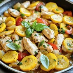 - 2 boneless, skinless chicken breasts - 2 medium summer squashes - 1 medium red bell pepper - 1 small onion - 3 cloves garlic - 1 teaspoon Italian seasoning blend - ½ teaspoon smoked paprika - Salt and black pepper to taste - 2 tablespoons extra-virgin olive oil When I prepare Chicken and Summer Squash Skillet, I always choose fresh, high-quality ingredients. The chicken breasts should be tender and juicy. I prefer medium summer squashes because they cook evenly and add a lovely color. The red bell pepper brings sweetness and crunch, while the onion adds depth. For seasoning, I love the Italian blend. It brings warmth and a hint of herbs that complements the chicken and squash. Smoked paprika adds a subtle smokiness, making every bite exciting. I keep salt and pepper handy to adjust flavors as needed. Using extra-virgin olive oil is key. It adds richness and helps cook the chicken perfectly. This is the foundation for creating a savory delight! If you want to dive deeper into how to make this dish, check the Full Recipe for details on preparation and cooking techniques. Start by dicing the chicken breasts into bite-sized pieces. This helps them cook evenly and quickly. Make sure each piece is similar in size. Next, season the chicken well. Use salt, black pepper, Italian seasoning, and smoked paprika. This mix adds great flavor and makes the chicken shine. In a large skillet, heat the olive oil over medium heat until it shimmers. Add the diced onion and red bell pepper. Sauté them for about 3-4 minutes. You want the onion to become soft and clear. Then, add minced garlic and sliced summer squash. Stir everything well and cook for another 5-7 minutes. The squash should be tender but still bright in color. Now it’s time to bring everything together. Return the cooked chicken to the skillet and gently stir to mix all the ingredients. Let them cook together for an extra 2-3 minutes. This allows the flavors to blend. Taste the dish and adjust the seasoning as needed. Finally, take the skillet off the heat and garnish with torn fresh basil leaves. The basil adds a fresh touch to the dish. For the full recipe, check out the details above. To get the perfect chicken texture, start with diced pieces. Make sure they are even in size. This helps them cook at the same rate. Use medium heat and let the chicken brown well. This adds flavor and keeps it juicy. For squash, cook it last. This way, it stays bright and crunchy. Slice the squash into half-moons to help it cook evenly. Stir it often, but don’t overcook it. You want it tender but not mushy. For plating, use warm bowls to hold the dish. The colors of the chicken and squash pop against the bowl. Top with torn basil leaves for a fresh look. Serve with crusty bread or fluffy quinoa. This adds a nice touch and makes it a full meal. If you want an alternative to chicken, try turkey or even diced tofu. These options work well and keep the dish tasty. For squash, zucchini is a great substitute. It cooks similarly and has a mild flavor. You can also use other summer veggies like bell peppers or snap peas for variety. For the full recipe, check out the Chicken and Summer Squash Skillet Delight. {{image_4}} You can easily switch up the protein in this dish. Turkey works great as a lean option. Just dice it into small pieces like chicken. Tofu is another fantastic choice for a plant-based meal. Use firm tofu and press it to remove extra moisture. Cut it into cubes and sauté until golden. Seafood variations also shine in this skillet. Shrimp or scallops cook quickly and add a lovely twist. Just be careful not to overcook them. They should be tender and juicy. Feel free to incorporate other vegetables based on the season. Zucchini, bell peppers, or even kale add vibrant colors. Chop them into similar sizes for even cooking. You can also toss in some cherry tomatoes for a burst of sweetness. Spices can transform your dish too. Try adding cumin for an earthy tone or chili flakes for a kick. Fresh herbs like parsley or cilantro also enhance the flavor. To add heat, use spices like cayenne or crushed red pepper. Just a pinch adds a nice zing without overpowering the dish. You can also introduce sweetness with seasonal fruits. Diced peaches or pineapple work wonders in summer. They bring a refreshing contrast to the savory chicken and squash. For the full recipe, check out Chicken and Summer Squash Skillet Delight. To store leftovers, let the dish cool down first. Place it in an airtight container. This keeps the chicken and squash fresh. You can store it in the fridge for up to three days. When you are ready to eat, reheat it in a skillet over medium heat. Stir gently until it is warm. You can also use a microwave. Heat in short bursts, stirring in between, to ensure even warming. If you want to freeze the dish, let it cool completely. Then, use a freezer-safe container or bag. Remove as much air as possible to avoid freezer burn. You can freeze it for up to three months. To thaw, move it to the fridge for several hours or overnight. Reheat in a skillet over low heat, stirring often. You can also use the microwave, but stir it frequently for even heating. Understanding spoilage is important for safety. If the dish smells off or changes color, do not eat it. Signs of spoilage include a slimy texture or odd odor. Always trust your senses. Proper storage helps keep the dish fresh longer. Remember, the fresher the ingredients, the better your Chicken and Summer Squash Skillet will taste. For the full recipe, check out [Full Recipe]. Yes, you can use other summer vegetables. Some great substitutes include zucchini, yellow squash, or corn. You can also add cherry tomatoes for a pop of color. Each vegetable brings a unique taste and texture. Feel free to mix and match based on what you have on hand. This makes your dish even more fun and tasty! The best way to reheat this dish is on the stove. Just place the skillet on medium heat. Stir the dish gently to warm it evenly. You can add a splash of water or broth to keep it moist. If you prefer, you can heat it in the microwave as well. Just cover it to avoid drying out the food. Heat in short bursts, stirring in between. You can make this recipe ahead of time easily. Just cook the chicken and veggies as directed. Allow the dish to cool completely before storing it in an airtight container. Keep it in the fridge for up to three days. When you're ready to eat, simply reheat it using the methods above. This makes meal prep a breeze and keeps your weeknight dinners stress-free. For the full recipe, check out the Chicken and Summer Squash Skillet Delight! This blog post covered an easy skillet recipe filled with vibrant ingredients like chicken, squash, and peppers. We discussed how to prepare, sauté, and combine these items for a tasty meal. Remember, tips for cooking and serving can elevate your dish. Try different proteins or seasonal veggies for a fresh twist. Follow the storage advice to keep leftovers tasty. Cooking can be fun and simple. Enjoy making this dish your own!