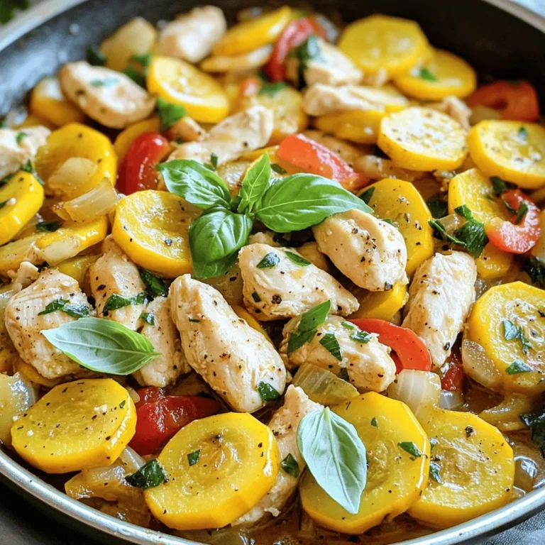 - 2 boneless, skinless chicken breasts - 2 medium summer squashes - 1 medium red bell pepper - 1 small onion - 3 cloves garlic - 1 teaspoon Italian seasoning blend - ½ teaspoon smoked paprika - Salt and black pepper to taste - 2 tablespoons extra-virgin olive oil When I prepare Chicken and Summer Squash Skillet, I always choose fresh, high-quality ingredients. The chicken breasts should be tender and juicy. I prefer medium summer squashes because they cook evenly and add a lovely color. The red bell pepper brings sweetness and crunch, while the onion adds depth. For seasoning, I love the Italian blend. It brings warmth and a hint of herbs that complements the chicken and squash. Smoked paprika adds a subtle smokiness, making every bite exciting. I keep salt and pepper handy to adjust flavors as needed. Using extra-virgin olive oil is key. It adds richness and helps cook the chicken perfectly. This is the foundation for creating a savory delight! If you want to dive deeper into how to make this dish, check the Full Recipe for details on preparation and cooking techniques. Start by dicing the chicken breasts into bite-sized pieces. This helps them cook evenly and quickly. Make sure each piece is similar in size. Next, season the chicken well. Use salt, black pepper, Italian seasoning, and smoked paprika. This mix adds great flavor and makes the chicken shine. In a large skillet, heat the olive oil over medium heat until it shimmers. Add the diced onion and red bell pepper. Sauté them for about 3-4 minutes. You want the onion to become soft and clear. Then, add minced garlic and sliced summer squash. Stir everything well and cook for another 5-7 minutes. The squash should be tender but still bright in color. Now it’s time to bring everything together. Return the cooked chicken to the skillet and gently stir to mix all the ingredients. Let them cook together for an extra 2-3 minutes. This allows the flavors to blend. Taste the dish and adjust the seasoning as needed. Finally, take the skillet off the heat and garnish with torn fresh basil leaves. The basil adds a fresh touch to the dish. For the full recipe, check out the details above. To get the perfect chicken texture, start with diced pieces. Make sure they are even in size. This helps them cook at the same rate. Use medium heat and let the chicken brown well. This adds flavor and keeps it juicy. For squash, cook it last. This way, it stays bright and crunchy. Slice the squash into half-moons to help it cook evenly. Stir it often, but don’t overcook it. You want it tender but not mushy. For plating, use warm bowls to hold the dish. The colors of the chicken and squash pop against the bowl. Top with torn basil leaves for a fresh look. Serve with crusty bread or fluffy quinoa. This adds a nice touch and makes it a full meal. If you want an alternative to chicken, try turkey or even diced tofu. These options work well and keep the dish tasty. For squash, zucchini is a great substitute. It cooks similarly and has a mild flavor. You can also use other summer veggies like bell peppers or snap peas for variety. For the full recipe, check out the Chicken and Summer Squash Skillet Delight. {{image_4}} You can easily switch up the protein in this dish. Turkey works great as a lean option. Just dice it into small pieces like chicken. Tofu is another fantastic choice for a plant-based meal. Use firm tofu and press it to remove extra moisture. Cut it into cubes and sauté until golden. Seafood variations also shine in this skillet. Shrimp or scallops cook quickly and add a lovely twist. Just be careful not to overcook them. They should be tender and juicy. Feel free to incorporate other vegetables based on the season. Zucchini, bell peppers, or even kale add vibrant colors. Chop them into similar sizes for even cooking. You can also toss in some cherry tomatoes for a burst of sweetness. Spices can transform your dish too. Try adding cumin for an earthy tone or chili flakes for a kick. Fresh herbs like parsley or cilantro also enhance the flavor. To add heat, use spices like cayenne or crushed red pepper. Just a pinch adds a nice zing without overpowering the dish. You can also introduce sweetness with seasonal fruits. Diced peaches or pineapple work wonders in summer. They bring a refreshing contrast to the savory chicken and squash. For the full recipe, check out Chicken and Summer Squash Skillet Delight. To store leftovers, let the dish cool down first. Place it in an airtight container. This keeps the chicken and squash fresh. You can store it in the fridge for up to three days. When you are ready to eat, reheat it in a skillet over medium heat. Stir gently until it is warm. You can also use a microwave. Heat in short bursts, stirring in between, to ensure even warming. If you want to freeze the dish, let it cool completely. Then, use a freezer-safe container or bag. Remove as much air as possible to avoid freezer burn. You can freeze it for up to three months. To thaw, move it to the fridge for several hours or overnight. Reheat in a skillet over low heat, stirring often. You can also use the microwave, but stir it frequently for even heating. Understanding spoilage is important for safety. If the dish smells off or changes color, do not eat it. Signs of spoilage include a slimy texture or odd odor. Always trust your senses. Proper storage helps keep the dish fresh longer. Remember, the fresher the ingredients, the better your Chicken and Summer Squash Skillet will taste. For the full recipe, check out [Full Recipe]. Yes, you can use other summer vegetables. Some great substitutes include zucchini, yellow squash, or corn. You can also add cherry tomatoes for a pop of color. Each vegetable brings a unique taste and texture. Feel free to mix and match based on what you have on hand. This makes your dish even more fun and tasty! The best way to reheat this dish is on the stove. Just place the skillet on medium heat. Stir the dish gently to warm it evenly. You can add a splash of water or broth to keep it moist. If you prefer, you can heat it in the microwave as well. Just cover it to avoid drying out the food. Heat in short bursts, stirring in between. You can make this recipe ahead of time easily. Just cook the chicken and veggies as directed. Allow the dish to cool completely before storing it in an airtight container. Keep it in the fridge for up to three days. When you're ready to eat, simply reheat it using the methods above. This makes meal prep a breeze and keeps your weeknight dinners stress-free. For the full recipe, check out the Chicken and Summer Squash Skillet Delight! This blog post covered an easy skillet recipe filled with vibrant ingredients like chicken, squash, and peppers. We discussed how to prepare, sauté, and combine these items for a tasty meal. Remember, tips for cooking and serving can elevate your dish. Try different proteins or seasonal veggies for a fresh twist. Follow the storage advice to keep leftovers tasty. Cooking can be fun and simple. Enjoy making this dish your own!