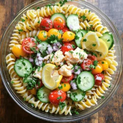 - 8 oz rotini pasta - 1 cup cooked lump crab meat - 1/2 cup cherry tomatoes, halved - 1/2 cup cucumber, diced - 1/4 cup red onion, finely chopped - 1/4 cup bell pepper, diced (preferably red or yellow) - 1/4 cup fresh parsley, chopped The main ingredients for this crab pasta salad create a bright and tasty dish. Rotini pasta holds the dressing well and adds fun texture. The crab meat brings a sweet flavor. Fresh veggies like cherry tomatoes and cucumbers add crunch and color. Red onion and bell pepper add a bit of zest. Fresh parsley gives a nice finish. - 1/4 cup mayonnaise - 2 tablespoons Greek yogurt - 1 tablespoon Dijon mustard - 1 tablespoon fresh lemon juice - Salt and pepper to taste The dressing is simple but full of flavor. Mayonnaise adds creaminess, while Greek yogurt makes it lighter. Dijon mustard gives a little kick. Fresh lemon juice brightens everything up. Don’t forget to season with salt and pepper to balance the flavors. - 1/2 teaspoon Old Bay seasoning - Additional garnishes like lemon wedges or extra parsley Old Bay seasoning is a classic touch for crab dishes. It adds a warm, spicy flavor that pairs well with seafood. You can also use extra garnishes to make the dish look pretty and fresh. Try adding lemon wedges or extra parsley on top for a bright look. For the full recipe, check out the detailed steps to make this delicious crab pasta salad. To start, bring a large pot of salted water to a boil. Add 8 ounces of rotini pasta once the water is bubbling. Cook the pasta until it is al dente, which usually takes about 8 to 10 minutes. After cooking, drain the pasta in a colander. Rinse it under cold water to stop the cooking process and cool it down. This step helps prevent the pasta from sticking together. While the pasta cools, you can prepare the dressing. In a small bowl, mix together 1/4 cup of mayonnaise, 2 tablespoons of Greek yogurt, and 1 tablespoon of Dijon mustard. Add 1 tablespoon of fresh lemon juice for a zesty kick. If you like, sprinkle in some Old Bay seasoning. Whisk everything together until smooth. Season with salt and pepper to taste. In a large bowl, combine the cooled rotini pasta, 1 cup of cooked lump crab meat, 1/2 cup of halved cherry tomatoes, 1/2 cup of diced cucumber, 1/4 cup of finely chopped red onion, and 1/4 cup of diced bell pepper. I prefer red or yellow bell pepper for color. Toss these ingredients gently to mix them well. The salad should look bright and inviting. Now it's time to dress the salad. Pour your prepared dressing over the pasta and vegetables. Use a spatula to gently toss everything together. Aim to coat all the ingredients evenly with the creamy dressing. Cover the salad with plastic wrap or a lid. Place it in the fridge for at least 30 minutes. This chilling time is crucial. It helps the flavors blend and taste even better. You can serve the salad chilled or at room temperature, depending on what you like. For the full recipe, check the complete list of steps and ingredients. To avoid mushy pasta, start with boiling water. Add salt to the water for flavor. Cook the rotini according to the package time, usually 8-10 minutes. Test it a minute early. You want the pasta to be al dente, meaning it should have a slight bite. After cooking, drain the pasta and cool it quickly. Rinse it under cold water to stop the cooking process. This keeps your pasta firm and ready for mixing. To boost flavor, taste your dressing before using it. You can add more lemon juice for brightness. A pinch of salt or pepper can enhance the taste as well. If you like spice, consider adding Old Bay seasoning. It gives a nice kick. Mix the dressing thoroughly to ensure even flavor. Adjust it to suit your taste buds. For a beautiful display, use a clear glass bowl. It shows off the bright colors of the salad. Garnish with fresh parsley and lemon wedges. This adds a nice touch and makes it look fancy. Serve chilled for a refreshing dish or at room temperature. Your guests will enjoy the visual appeal as much as the taste. {{image_4}} You can change the proteins and veggies in this salad. If crab isn't available, try shrimp or canned tuna. Both options add great flavor. For a veggie twist, swap in diced avocado or cooked corn. These ingredients keep the salad fresh and colorful. You can mix up the dressing to fit your taste. Add a splash of hot sauce for heat or swap mayonnaise for a vinaigrette. A simple olive oil and vinegar mix works well too. Experiment with herbs like dill or basil for a new flavor. If you need to make this salad gluten-free, use gluten-free pasta. Many options are available now. For a dairy-free version, skip the yogurt and use more lemon juice. This keeps the salad creamy and bright. These simple swaps make it easy to enjoy crab pasta salad for everyone. To keep your crab pasta salad fresh, place it in an airtight container. Ensure the lid seals tightly. Store the salad in the fridge right after serving. This helps maintain its crispness and flavor. If you have a lot of salad, divide it into smaller containers. This way, you can grab just what you need. I do not recommend freezing crab pasta salad. The texture of the pasta and crab can change. If you must freeze it, use a freezer-safe container. Thaw it in the fridge overnight before serving. The salad may lose some freshness, but it can still taste good. In the fridge, crab pasta salad lasts about 3 to 4 days. After that, the ingredients may spoil. Always check for any off smells or changes in texture. If it looks or smells strange, it’s best to toss it. Keeping track of when you made it can help you enjoy it at its best. For the full recipe, check out the detailed instructions above. Yes, you can use canned crab meat. However, it may not taste as fresh. Fresh crab meat has a sweeter, cleaner flavor. Canned crab often has added salt and can be softer in texture. If you choose canned crab, look for a high-quality brand. Rinse it well to reduce excess salt. This step helps balance the flavors in your Crab Pasta Salad. Crab Pasta Salad can last about 3 days in the fridge. Store it in an airtight container to keep it fresh. Always check for signs of spoilage before eating. If you see any discoloration or an off smell, it is best to throw it away. Enjoy your salad within the first couple of days for the best taste and quality. Crab Pasta Salad pairs great with many sides. You can serve it with crusty bread for a filling meal. A light green salad also complements it nicely. For a simple touch, add lemon wedges to brighten the flavors. You might even like to pair it with a chilled white wine. These options enhance the overall dining experience. Yes, Crab Pasta Salad is perfect for meal prep. It holds up well in the fridge for a few days. You can make it ahead and enjoy it for lunch or dinner. Just be sure to keep the dressing separate if you want it extra fresh. Mixing it right before eating helps keep the pasta and veggies crisp. This salad is a great choice for busy days. Enjoy making it ahead! Crab Pasta Salad blends rotini, fresh crab, and vibrant veggies in a tasty dish. With a simple dressing made from mayo, yogurt, and lemon juice, you can create flavor in every bite. Remember to chill the salad for the best taste. Feel free to explore variations and make it your own. By following these steps, you'll enjoy a refreshing meal that's easy to share. This dish not only satisfies cravings but also impresses friends and family. Keep your leftovers fresh and tasty for days to come!